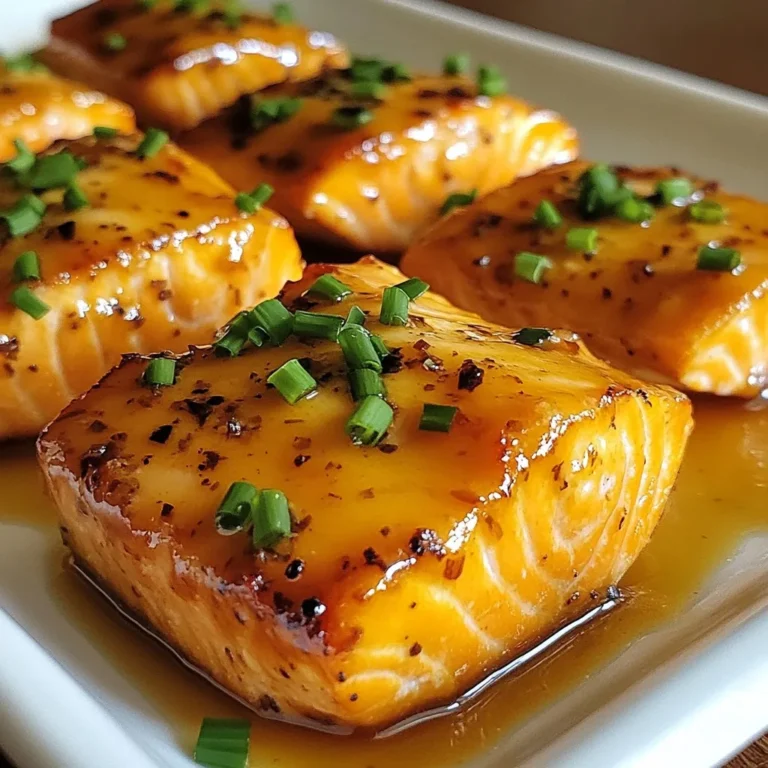 To make a delicious maple glazed salmon, you need a few simple items. Here is your list of ingredients: - 4 salmon fillets (6 oz each) - 1/4 cup pure maple syrup - 2 tablespoons Dijon mustard - 1 tablespoon soy sauce (or tamari) - 1 tablespoon extra virgin olive oil - 2 cloves garlic, finely minced - 1 teaspoon fresh ginger, grated - Salt and freshly ground black pepper - Fresh chives or parsley, for garnish Gathering these ingredients is easy. You can find most in your local grocery store. Each item adds a unique flavor. The maple syrup gives sweetness, while the soy sauce adds a salty bite. Dijon mustard brings a nice tanginess. Together, they create a glaze that makes the salmon shine. The garlic and ginger add depth to the taste. Don't forget the salt and pepper, as they enhance all the flavors. Lastly, fresh herbs like chives or parsley brighten up the dish when you serve it. Enjoy cooking with these fresh and vibrant ingredients! {{ingredient_image_2}} - In a medium bowl, combine: - 1/4 cup pure maple syrup - 2 tablespoons Dijon mustard - 1 tablespoon soy sauce - 1 tablespoon extra virgin olive oil - 2 cloves garlic, finely minced - 1 teaspoon fresh ginger, grated - Whisk these ingredients until smooth. - Set aside some glaze for basting later. - Preheat your oven to 400°F (200°C). - Line a baking sheet with parchment paper for easy cleanup. - Place 4 salmon fillets, skin-side down, on the sheet. - Season each fillet with salt and freshly ground black pepper. - Brush the glaze over each salmon fillet. - Bake for 12-15 minutes until the fish flakes easily. - Halfway through, baste the salmon with the reserved glaze. - Broil the salmon for 1-2 minutes to caramelize it. - Keep a close watch to avoid burning. - After removing from the oven, let it rest for a few minutes. - Garnish with freshly chopped chives or parsley before serving. To get the best glaze, apply it in layers. I like to brush the glaze on the salmon fillets before baking. Then, halfway through cooking, I baste them again for more flavor. This keeps the salmon moist and tasty. After cooking, let the salmon rest for a few minutes. Resting helps the juices spread, making each bite better. Seasoning is key to a great dish. I suggest using fresh herbs like chives or parsley. They add color and taste. Side dishes can make a meal shine. Try serving the salmon with rice or steamed veggies. They balance the sweet glaze well. You can cook maple glazed salmon in different ways. Grilling adds a smoky flavor, while pan-searing gives a nice crust. No matter how you cook it, check for doneness often. Salmon should flake easily with a fork. This shows it’s ready to eat. Pro Tips Use Fresh Ingredients: For the best flavor, opt for fresh salmon fillets and high-quality maple syrup. Freshness makes a significant difference in taste. Marinate for Extra Flavor: If time allows, let the salmon marinate in the glaze for 30 minutes to an hour before baking. This enhances the flavor profile. Monitor Cooking Time: Salmon can easily overcook; keep an eye on it and check for doneness a minute or two before the suggested cooking time. Experiment with Herbs: While chives and parsley are great, try using dill or cilantro for a unique twist in flavor that pairs well with the maple glaze. {{image_4}} You can spice up your maple glazed salmon in fun ways. Adding citrus, like lemon or lime, brightens the glaze. A squeeze of fresh juice adds zest and freshness. You can also grate some zest into the mix for extra flavor. Another great option is using different herbs. Fresh dill or thyme can change the taste. These herbs add a nice twist and pair well with the salmon. You can experiment with your favorites to find a unique flavor. If you need a gluten-free option, swap soy sauce for tamari. It has a similar taste but works for gluten-free diets. This small change keeps the recipe safe for everyone. For those watching sugar intake, try a low-sugar maple syrup. You still get that sweet flavor without the extra sugar. This adjustment makes the dish healthier without losing taste. Pair your maple glazed salmon with a variety of sides. Steamed rice or roasted veggies complement the dish well. You can also serve it with a fresh salad for a light meal. If you're meal prepping, divide the salmon into containers. This makes it easy to grab and go during the week. The salmon holds up well in the fridge and can make quick lunches or dinners. To store leftover maple glazed salmon, place it in an airtight container. This keeps the fish fresh. You can keep it in the fridge for up to three days. Always let it cool down before sealing it. When reheating salmon, the oven is your best friend. Set it to 350°F (175°C). Place the salmon on a baking sheet and cover it with foil. This method helps keep the fish moist. You can also reheat it in a skillet on low heat. Add a splash of water to keep moisture. Yes, you can freeze maple glazed salmon! To freeze, wrap each fillet tightly in plastic wrap. Then place them in a freezer bag. This helps prevent freezer burn. To defrost, move the salmon to the fridge overnight. It’s best to cook it within three months for the best taste. Yes, you can use frozen salmon. Thaw it in the fridge overnight. If you're short on time, place it in a sealed bag and submerge it in cold water for about an hour. This keeps the fish safe and helps it thaw evenly. Check for doneness by using a fork. The salmon should flake easily. You can also use a food thermometer. The thickest part should reach 145°F. This ensures the fish is safe to eat and has the right texture. You can use honey, agave nectar, or brown sugar. Each option will change the flavor slightly. Honey adds a floral note, while brown sugar gives a deeper, richer taste. Experiment to find what you enjoy most. This recipe is not spicy at all. The ginger adds warmth but does not create heat. If you want more spice, add red pepper flakes or a dash of hot sauce. Start with a small amount and adjust to your taste. This blog post shared a tasty maple glazed salmon recipe. We covered the ingredients, steps, and tips to make it great. You learned how to prepare and bake the salmon perfectly. Remember to try different flavors and sides for variety. Proper storage helps keep leftovers fresh, so follow the guidelines shared. Enjoy your cooking journey with this delightful dish!