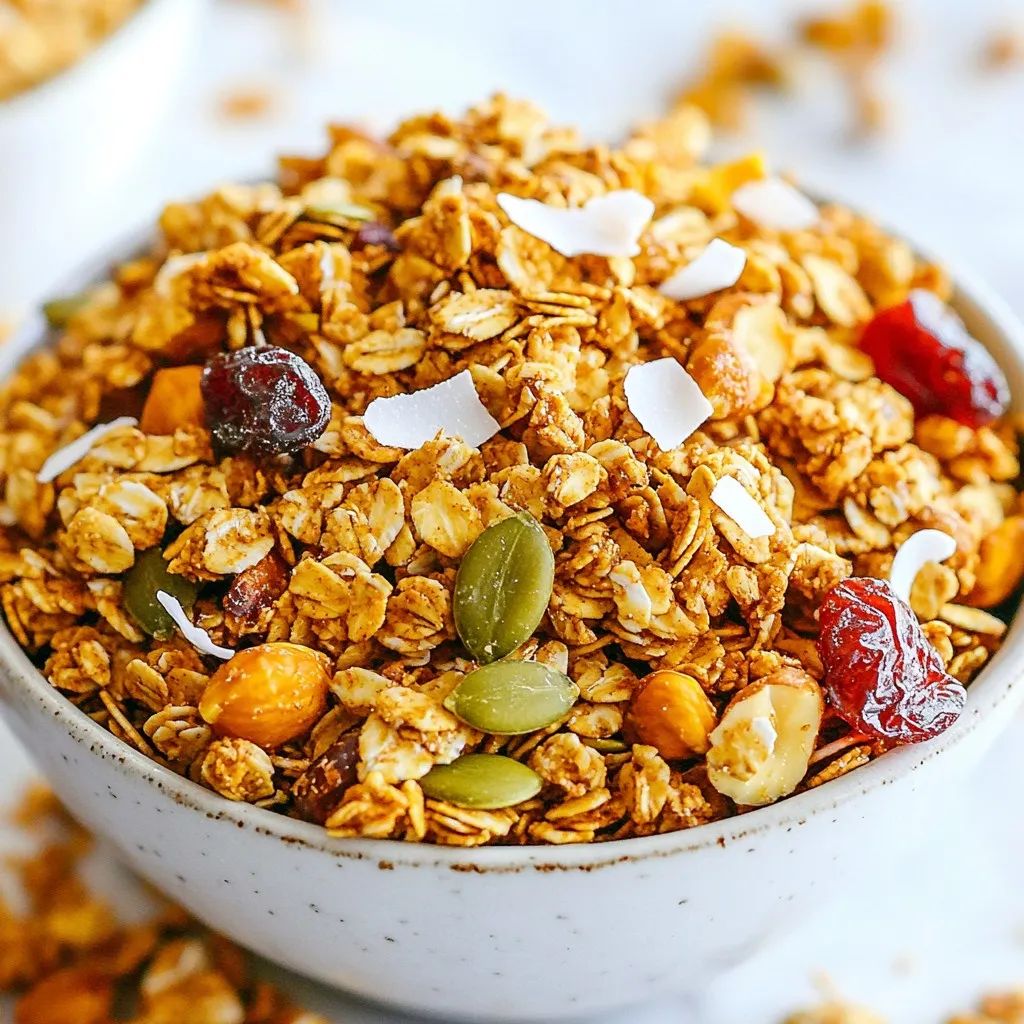 To make delicious Pumpkin Spice Granola, gather these main ingredients: - 2 cups rolled oats - 1 cup chopped nuts (walnuts or pecans work best) - 1/2 cup pumpkin seeds (pepitas) - 1/2 cup unsweetened shredded coconut - 1/2 cup pure maple syrup - 1/4 cup melted coconut oil - 1 teaspoon pure vanilla extract - 1 tablespoon pumpkin pie spice - 1/2 teaspoon sea salt These ingredients combine to create a crunchy and flavorful snack. The oats provide a good base, while nuts and seeds add healthy fats. You can customize your granola with these fun add-ins: - 1/2 cup dried cranberries or raisins - Dark chocolate chips for a sweet twist - Sunflower seeds for extra crunch - Other spices like cinnamon or nutmeg for more flavor Feel free to mix and match based on your taste. Each add-in brings a unique touch to your granola. This granola not only tastes great but also packs a nutritional punch. Here are some benefits: - Rolled oats: Good source of fiber, helps with digestion. - Nuts: Provide protein and healthy fats, good for heart health. - Pumpkin seeds: Rich in magnesium and zinc, boost energy levels. - Coconut: Contains healthy fats that can support weight loss. - Maple syrup: Natural sweetener with antioxidants. Each ingredient adds its own health benefits, making this granola a smart snack choice. Enjoy it knowing you are treating your body well! {{ingredient_image_2}} Start by preheating your oven to 300°F (150°C). This step is key for even baking. Line a baking sheet with parchment paper. This helps the granola not to stick. In a large mixing bowl, add the rolled oats, chopped nuts, pumpkin seeds, shredded coconut, pumpkin pie spice, and sea salt. Stir well until all dry ingredients mix evenly. This helps to blend flavors and textures. In another bowl, whisk together melted coconut oil, pure maple syrup, and vanilla extract. Mix until smooth. This will create a sticky mixture that binds the granola. Pour the wet mixture over the dry ingredients. Use a spatula to coat everything well. Spread the granola mix evenly on the baking sheet. Press down gently to form clusters. Bake for 25-30 minutes. Stir halfway to ensure even browning. Watch for a golden color and a lovely smell. Once baked, take the granola out and let it cool completely on the baking sheet. It will get crisp as it cools. After cooling, mix in the dried cranberries or raisins. Store your Pumpkin Spice Granola in an airtight container. It stays fresh for up to two weeks, but I bet it won’t last that long! To make your granola crunchy, press it down on the baking sheet. This helps create nice clusters. Bake it low and slow at 300°F. Stir halfway to avoid burning. Let it cool completely, as this helps it crisp up nicely. Try adding a pinch of cinnamon or nutmeg for extra warmth. You can also mix in some dark chocolate chips for a sweet twist. A splash of orange juice can add a zesty kick. Don’t forget to use fresh spices for the best flavor! No nuts? Use seeds like sunflower or flaxseed instead. Want it vegan? Replace honey with maple syrup or agave nectar. For gluten-free, pick certified gluten-free oats. If you’re avoiding coconut, swap coconut oil with another oil like vegetable or canola oil. Pro Tips Choose Quality Ingredients: Selecting high-quality nuts and pure maple syrup will enhance the flavor of your granola significantly. Customize Your Nuts: Feel free to mix and match different nuts, such as almonds or hazelnuts, to create your perfect blend. Store for Freshness: Keep your granola in an airtight container to maintain its crunchiness and flavor for longer. Experiment with Spices: Don’t hesitate to add a pinch of cinnamon or nutmeg for an extra layer of warmth and flavor in your granola. {{image_4}} You can make this granola nut-free by simply leaving out the nuts. Instead, try adding extra pumpkin seeds. They add crunch and nutrition. Sunflower seeds are another great option. They offer a similar texture without the nuts. If you want to change the flavor, try different spices. Cinnamon or nutmeg can add warmth. You can also mix in ginger for a spicy kick. Feel free to experiment with your favorite spices. Just use about the same amount as pumpkin pie spice. You can adjust the sweetness to fit your taste. If you like it sweeter, add more maple syrup. If you prefer less sweetness, reduce the syrup by a quarter cup. You can also swap maple syrup for honey or agave for a different flavor. These options work well in this recipe. To keep your Pumpkin Spice Granola fresh, store it in an airtight container. This helps to lock in flavors and maintain crunchiness. Place the container in a cool, dark spot, like a pantry. Avoid sunlight and heat, as they can make the granola stale. If possible, use a glass jar. It looks nice and helps you see what's inside. Your granola will stay fresh for up to two weeks when stored correctly. After that, it might lose its crunch and flavor. If you want it to last longer, consider freezing it. This way, you can enjoy it later without losing quality. Just make sure to let it thaw before eating. Here are easy ways to store your granola: - Airtight Bags: These are great for space-saving. Just squeeze out the air before sealing. - Glass Jars: They keep your granola fresh and look pretty on your shelf. - Plastic Containers: These are handy if you're packing snacks for on the go. Using these tips will keep your Pumpkin Spice Granola tasty and crunchy for longer! Yes, you can use honey instead of maple syrup. Honey gives a nice sweetness. Just remember, honey may make the granola a bit stickier. You can use butter or another oil, like olive or avocado oil. These options will still help bind the granola. Just melt the butter first before mixing. To make this recipe gluten-free, use certified gluten-free oats. Most oats are naturally gluten-free, but they can be cross-contaminated. Look for brands that ensure no gluten is present. You can find ready-made pumpkin spice granola in many grocery stores. Health food stores often carry a variety. Online retailers also offer options that you can order directly. Yes, this recipe is great for meal prep. You can make a big batch and store it. Just keep it in an airtight container to keep it fresh. Enjoy it for breakfast or as a snack throughout the week! This blog post covered how to create delicious granola from scratch. We explored key ingredients that form the base. I shared step-by-step instructions for mixing and baking. You learned tips for making crunchy clusters and flavorful variations. We also discussed storage methods to keep your granola fresh. In closing, making granola at home is easy and fun. You can customize it to fit your taste. Enjoy creating your perfect blend!