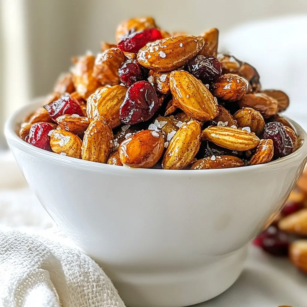 To make Maple Cinnamon Roasted Almonds, you need: - 2 cups raw almonds - 1/4 cup pure maple syrup - 1 tablespoon ground cinnamon - 1/2 teaspoon salt - 1 tablespoon coconut oil, melted - 1/4 teaspoon vanilla extract - Optional: 1/2 cup dried cranberries or raisins for garnish Using quality ingredients is key for great flavor. Pure maple syrup adds a rich sweetness. Fresh almonds give the best crunch and taste. Ground cinnamon should be fragrant. Coconut oil helps the coating stick and adds a lovely flavor. If you use fresh and pure ingredients, your snack will shine. You can swap some ingredients if needed. For a sugar-free option, use sugar-free maple syrup. If you don’t like coconut oil, use another oil like olive oil or butter. You can also try different nuts, like cashews or pecans. These changes can give you new flavors to enjoy. {{ingredient_image_2}} First, preheat your oven to 350°F (175°C). This step is key for even roasting. While the oven heats, grab a baking sheet. Line it with parchment paper. This makes cleanup easy and keeps the almonds from sticking. Now, take a large mixing bowl. Pour in 1/4 cup of pure maple syrup. Then, add 1 tablespoon of melted coconut oil. Next, sprinkle in 1 tablespoon of ground cinnamon and 1/2 teaspoon of salt. Lastly, add 1/4 teaspoon of vanilla extract. Whisk everything together until it's smooth and mixed well. Add 2 cups of raw almonds to the bowl. Use a spatula or wooden spoon to carefully stir them in the maple mix. Make sure every almond gets coated. Once coated, spread the almonds in a single layer on the baking sheet. Leave some space between the almonds for even roasting. Place the baking sheet in the preheated oven. Roast the almonds for 12-15 minutes. Stir them halfway through for even cooking. Keep an eye on them. You want a golden brown color and a nice smell to show they are done. After roasting, take the baking sheet out of the oven. Let the almonds cool on the sheet. They will crisp up as they cool. For a fun touch, stir in 1/2 cup of dried cranberries or raisins after they cool. This adds sweetness and a chewy bite that pairs well with the crunchy almonds. To get the best texture, spread the almonds in one layer. This helps them heat evenly. Turn them halfway through roasting. This way, all sides get that nice golden color. Keep an eye on them. Ovens can vary, so watch for that sweet smell! If you have leftovers, store them in an airtight container. This keeps them fresh and crunchy. Place the container in a cool, dry place. They can last up to two weeks. For longer storage, you can freeze them. Just make sure to let them cool before you pack them away. You can change the sweetness by adding more or less maple syrup. If you like a stronger cinnamon taste, add a bit more cinnamon. Don’t forget to taste the mixture before coating the almonds. This way, you can find your perfect balance! If you want a fun twist, try adding a pinch of nutmeg or ginger. Pro Tips Use Fresh Spices: Always opt for freshly ground cinnamon for a more vibrant flavor that will elevate your roasted almonds. Monitor Roasting Time: Keep a close eye on the almonds during roasting; they can go from perfectly toasted to burnt very quickly. Experiment with Flavors: Feel free to add other spices like nutmeg or cardamom to the coating for a unique twist on the classic maple cinnamon flavor. Storage Tips: Store the cooled almonds in an airtight container to maintain their crispiness; they can last for up to two weeks. {{image_4}} You can make your almonds even more special. Try adding nutmeg or ginger. Just a pinch can change the whole flavor. Nutmeg gives warmth, while ginger adds a spicy kick. Both pair well with maple and cinnamon. Experiment and find your favorite mix! Almonds are great, but you can mix in other nuts. Cashews, pecans, or walnuts can work well. Each nut adds a different taste and texture. You can also try seeds. Pumpkin seeds or sunflower seeds add crunch. This way, you can enjoy a variety of flavors in one snack. For a fun twist, combine sweet and savory flavors. Add a sprinkle of sea salt after roasting. You can even mix in some cheese powder for a cheesy touch. This mix of sweet and savory will surprise your taste buds. It makes a great snack for gatherings or movie nights. Enjoy being creative with your snacks! Store your maple cinnamon roasted almonds in an airtight container. This keeps them fresh and crunchy. Glass jars or plastic containers work well. Avoid metal containers, as they can change the almond flavor. Keep the container in a cool, dry place away from sunlight. When stored correctly, roasted almonds last for about two weeks. You might notice they lose some crunch after a week. For the best taste, try to eat them within this period. If you want them to last longer, consider freezing them. Freezing your roasted almonds is a great way to extend their life. Place them in a freezer-safe bag or container. Make sure to remove as much air as possible. They can last for up to three months in the freezer. When you’re ready to enjoy them, let them thaw at room temperature. Avoid microwaving, as it can affect their texture. Yes, you can use other nuts. Walnuts, pecans, or cashews work well. Adjust roasting time as needed since different nuts have unique textures. Look for a golden brown color and a nice smell. Stir them halfway to ensure even roasting. Keep an eye on them to prevent burning. Yes, they are healthy! Almonds provide good fats, protein, and fiber. Maple syrup adds natural sweetness without refined sugar. Enjoy them in moderation. You can make them sugar-free! Use a sugar-free maple syrup or a natural sweetener like stevia. Adjust the amount to your taste preference. Serve them in a bowl for snacking. Add them to salads for crunch. Use them as toppings on yogurt or oatmeal for extra flavor. In this article, we explored making Maple Cinnamon Roasted Almonds. We covered key ingredients, their quality, and possible substitutes. I shared step-by-step instructions, from preheating your oven to cooling the nuts. Tips ensured even roasting and storage methods kept them fresh. We discussed fun variations to make them your own. Overall, these almonds are a tasty snack. Enjoy making them and let your creativity shine!