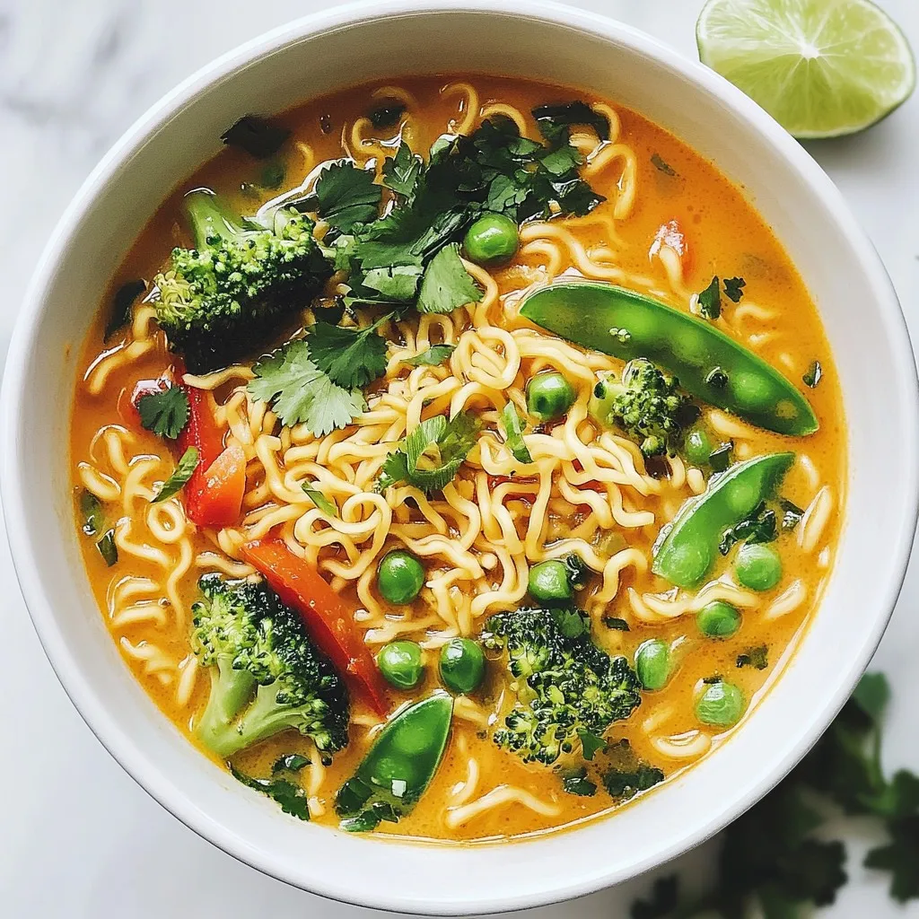 - 4 cups vegetable broth - 1 can (14 oz) coconut milk - 2 tablespoons red curry paste - 1 cup broccoli florets - 1 cup snap peas - 1 red bell pepper, thinly sliced - 2 green onions, finely chopped - Fresh cilantro, for garnish - 1 tablespoon soy sauce - 1 tablespoon maple syrup - Salt and pepper, to taste - Lime wedges, for serving Coconut Curry Ramen brings warmth and comfort. The main ingredients set the stage for this dish. The vegetable broth forms a rich base. Coconut milk adds a creaminess that makes it special. Red curry paste gives it a bold flavor that excites your taste buds. Next, we have the vegetables and toppings. Broccoli florets add crunch and color. Snap peas bring sweetness and freshness. Thinly sliced red bell pepper adds more color and a slight crunch. Green onions give a nice bite. Fresh cilantro ties it all together with its herbaceous notes. Don’t forget the seasonings and condiments. Soy sauce adds depth and umami. Maple syrup balances the spice with a hint of sweetness. Salt and pepper help enhance all the flavors. Lime wedges are the finishing touch. A squeeze of lime brightens the dish, making each bite refreshing. These ingredients work together to create a flavorful and comforting meal. You can easily adjust the veggies or toppings to your taste. Enjoy crafting your own version of Coconut Curry Ramen! {{ingredient_image_2}} 1. Start by pouring 4 cups of vegetable broth into a large pot over medium heat. 2. Bring the broth to a gentle simmer. This should take just a few minutes. 3. Once it simmers, whisk in 1 can of coconut milk and 2 tablespoons of red curry paste. 4. Add 1 tablespoon of soy sauce and 1 tablespoon of maple syrup. Mix until smooth. 5. Let the broth simmer gently for about 5 minutes. This helps the flavors blend nicely. 1. Add 200 grams of ramen noodles to the pot. 2. Cook the noodles according to the package instructions, usually around 3-4 minutes. 3. Stir the noodles occasionally to make sure they do not stick together. 1. In the last minute of cooking, add 1 cup of broccoli florets, 1 cup of snap peas, and 1 red bell pepper, thinly sliced. 2. Stir gently. You want the veggies to stay crisp, not mushy. 1. Once cooked, remove the pot from heat. 2. Ladle the ramen into deep bowls. 3. Garnish each bowl with finely chopped green onions and fresh cilantro. 4. Serve with lime wedges on the side for a zesty touch. Enjoy your warm, flavorful meal! To make a perfect broth, focus on balance. Start with vegetable broth as your base. The coconut milk adds creaminess and sweetness. Mix in red curry paste for that warm kick. Simmer gently to let flavors blend. For ramen noodles, timing is key. Add them to your broth when it simmers. Follow the package instructions, usually about 3-4 minutes. Stir occasionally to prevent sticking. This ensures they cook evenly and stay tender. Adjust the spice levels by adding more or less red curry paste. If you like it spicy, try adding chili flakes or fresh chili. For a milder taste, reduce the curry paste. You can also add a dash of soy sauce for depth. Try swapping seasonings for a unique twist. Add ginger for warmth or garlic for aroma. A splash of lime juice enhances freshness. Experiment with herbs like basil or mint for new flavors. Serve ramen hot in deep bowls to showcase its beauty. The colorful veggies should stand out. Place lime wedges beside the bowls for a pop of color. This invites guests to squeeze fresh juice over their meal. Garnish each bowl with green onions and fresh cilantro. This adds flavor and a bright look. You can also sprinkle sesame seeds for extra crunch. Make it inviting and fun for everyone to enjoy! Pro Tips Tip Title: Use Fresh Ingredients: Fresh vegetables will enhance the flavor and texture of your ramen. Look for vibrant, seasonal produce for the best results. Tip Title: Adjust Spice Level: If you enjoy a bit more heat, consider adding sliced chili peppers or a dash of sriracha to your broth for an extra kick. Tip Title: Noodle Cooking Tips: To prevent your ramen noodles from becoming mushy, be sure to cook them just until al dente, as they'll continue to soften in the hot broth. Tip Title: Garnishing Wisely: Don’t skip the garnishes! Fresh herbs and lime juice add brightness and complexity to the dish, making it visually appealing and delicious. {{image_4}} You can swap proteins in this dish to suit your taste. Tofu is a great choice for a vegan option. It absorbs flavors well and adds a nice texture. If you prefer meat, chicken or shrimp works well too. Just cook them before adding to the broth. Adding different vegetables can change the dish. Try carrots for sweetness or mushrooms for umami. You can also use spinach or bok choy for a leafy green twist. The more colors, the better! Changing the curry paste can give your ramen a new taste. Green curry paste adds a fresh, herbal flavor. Yellow curry paste brings a milder, sweeter taste. You can even make your own paste for a unique touch. Using different types of broth can also change the vibe. Chicken broth adds depth, while miso broth gives a rich, savory flavor. Each option adds its own charm and keeps things exciting. Coconut curry ramen can blend with other cuisines for fun fusion ideas. Try adding kimchi for a Korean twist or serve it with tacos. The mix of flavors can surprise and delight your taste buds. Pairing this ramen with side dishes from other cultures can enhance your meal. Serve it with spring rolls for a light touch or a simple salad for crunch. Enjoy exploring new flavors with your coconut curry ramen! To keep your coconut curry ramen fresh, store it in the fridge. Use airtight containers to prevent spoilage. You can keep it for up to three days. Divide the ramen into single servings for easy meals later. When reheating ramen, the key is to maintain its texture. I suggest using the stovetop for the best results. Pour the ramen into a pot and heat over low. Stir until it warms. If you use a microwave, place it in a bowl. Heat in short bursts, stirring in between. This helps avoid soggy noodles. You can freeze your ramen for longer storage. It’s best to freeze the broth and noodles separately. This way, the noodles won’t become mushy. Place the cooled broth in a freezer-safe bag. For the noodles, you can keep them in a container. When you’re ready to eat, thaw both in the fridge overnight. Heat the broth on the stove and cook the noodles fresh to enjoy. To make this dish vegan, swap the broth with vegetable broth. Use coconut milk instead of dairy. For the red curry paste, check the label to ensure it contains no fish sauce. If you use soy sauce, make sure it is vegan. You can replace any animal protein with tofu or chickpeas. This keeps the meal hearty and plant-based. Yes, you can switch up the noodles! Soba or udon noodles work well. Rice noodles are a gluten-free option, too. Cooking times will vary; check the package. Ramen noodles often cook in 3-4 minutes, while soba may take about 5 minutes. Udon noodles usually need around 8-10 minutes. Coconut curry ramen blends two worlds. Ramen hails from Japan, known for its rich broth and noodles. Curry has deep roots in many Asian cultures. This dish shows how flavors can mix. The use of coconut adds a tropical twist, making it unique. Both ramen and curry share stories of comfort and joy, making this dish special. For a complete meal, consider light side dishes. A simple cucumber salad pairs well. Spring rolls offer a nice crunch. For drinks, try iced green tea or a light beer. These choices will complement the curry flavors nicely. Enjoying them together creates a balanced dining experience. This blog post took you through the basics of making coconut curry ramen. We covered the main ingredients, including vegetable broth, coconut milk, and fresh veggies. You learned key steps for preparing your broth and noodles, as well as tips for enhancing flavor and presentation. Remember, you can customize your ramen with different proteins and vegetables. Don’t forget about storage tips for leftovers! Enjoy your cooking adventure and impress yourself with this delicious dish.