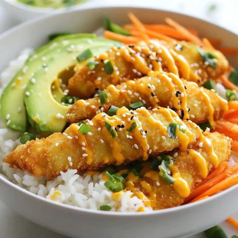 To make Bang Bang Chicken Bowls, you need some key items. Here’s a list of the main ingredients: - 2 boneless, skinless chicken breasts - 2 cups cooked jasmine rice - 1 cup shredded carrots - 1 cup sliced cucumbers - 1 avocado, sliced - ¼ cup green onions, chopped These ingredients form the base of your bowl. The chicken adds protein, while rice serves as a filling base. The veggies bring crunch and color, making it appealing. To make the chicken crispy and tasty, you will need: - 1 cup cornstarch - 2 eggs, beaten - 1 cup panko breadcrumbs - 1 teaspoon garlic powder - 1 teaspoon onion powder - Salt and pepper to taste - Vegetable oil for frying These items help season and coat the chicken. The cornstarch gives a crunch, while panko adds extra crispiness. The spices help create a flavor that shines through. For a final touch, use these toppings: - Sesame seeds for garnish - ½ cup mayonnaise - 3 tablespoons sweet chili sauce - 1 teaspoon sriracha (adjust for spice level) The sauce combines creamy and spicy flavors. Adding green onions and sesame seeds brings freshness and texture. These toppings complete the dish and make it look great! {{ingredient_image_2}} Start by slicing each boneless chicken breast into strips. Aim for strips about 1 inch wide. This size helps them cook evenly. Next, season the strips with salt and pepper. This adds flavor to the chicken. To bread the chicken, you need three bowls. In the first bowl, add 1 cup of cornstarch. In the second bowl, pour in 2 beaten eggs. In the third bowl, mix 1 cup of panko breadcrumbs, 1 teaspoon of garlic powder, 1 teaspoon of onion powder, and a bit of salt and pepper. This setup makes breading easy and efficient. Heat about ½ inch of vegetable oil in a large skillet over medium-high heat. When the oil shimmers, it’s ready for frying. Add the breaded chicken strips to the skillet, but do not overcrowd the pan. Fry them for 4-5 minutes on each side. They should turn golden brown and be fully cooked. After frying, place the chicken strips on paper towels to drain extra oil. While the chicken fries, prepare the bang bang sauce. In a small bowl, whisk together ½ cup of mayonnaise, 3 tablespoons of sweet chili sauce, and 1 teaspoon of sriracha. Taste the sauce and adjust the sriracha based on your spice preference. This sauce is the star of the dish. To build your bowls, start with a generous scoop of warm jasmine rice in each bowl. Next, place the crispy fried chicken strips on top of the rice. Then, add shredded carrots, sliced cucumbers, and avocado slices. This creates a colorful and fresh base. Finally, drizzle the bang bang sauce over everything in the bowl. Finish with a sprinkle of chopped green onions and sesame seeds for a nice touch. This adds flavor and makes your bowl look great. Enjoy the burst of flavors in each bite! To make your chicken extra crispy, follow these steps: - Use cornstarch. Before you bread the chicken, coat it in cornstarch. This helps it stay crispy. - Dry the chicken. Pat the chicken strips dry with paper towels. This helps the breading stick. - Hot oil is key. Make sure the oil is hot before frying. It should shimmer. This gives the chicken a nice, golden color. - Do not overcrowd. Fry the chicken in batches. If you crowd the pan, the chicken won't crisp up. Presentation makes meals fun! Here are some tips: - Arrange neatly. Place the rice at the bottom, then add the chicken on top. - Add colors. Use bright veggies like shredded carrots and cucumbers. This makes the bowl pop. - Use slices. Slice the avocado and lay it flat in the bowl. This adds a nice touch. - Garnish well. Finish with green onions and sesame seeds for extra flair. If you want other ways to cook the chicken, try these: - Baking. Preheat your oven to 400°F. Place the breaded chicken on a baking sheet. Bake for 20-25 minutes. Flip halfway through for even cooking. - Air frying. Set your air fryer to 375°F. Cook the chicken for about 10-12 minutes. Check to ensure it's golden and cooked through. - Pan-frying. Use a non-stick skillet with less oil. Cook on medium heat, turning often to avoid burning. This method is healthier but still tasty. Pro Tips Use a Meat Thermometer: To ensure your chicken is perfectly cooked, use a meat thermometer to check that the internal temperature reaches 165°F (75°C). Double-Dip for Extra Crunch: For a thicker and crunchier coating, you can dip the chicken strips back into the egg and then again into the panko breadcrumbs before frying. Let the Chicken Rest: After frying, let the chicken strips rest on paper towels for a few minutes to maintain their crispiness and allow excess oil to drain. Customize Your Sauce: Feel free to adjust the sweetness or spiciness of the bang bang sauce by adding more sweet chili sauce or sriracha according to your taste preferences. {{image_4}} To make a lighter Bang Bang Chicken Bowl, swap a few ingredients. Use grilled chicken instead of fried. This keeps the flavor but cuts down on fat. You can also switch jasmine rice for brown rice or cauliflower rice. This adds fiber and nutrients. Instead of mayonnaise, use Greek yogurt for the sauce. It gives creaminess with fewer calories. If you want a vegetarian or vegan option, use tofu or tempeh. Press and cube the tofu before cooking. Marinate it in soy sauce and spices for flavor. Then, fry or bake until golden. For a vegan sauce, mix coconut cream, sweet chili sauce, and a bit of sriracha. This keeps the sweet and spicy taste without any animal products. The bang bang sauce is great, but you can change it up. Try a peanut sauce for a rich flavor. Just mix peanut butter, soy sauce, and a bit of lime juice. For a tangy twist, use a hoisin sauce mixed with sesame oil. Each sauce brings a new taste to your bowl. Feel free to explore and find your favorite! After enjoying your Bang Bang Chicken Bowls, store leftovers in an airtight container. Make sure to keep the chicken and sauce separate from the rice and veggies. This helps maintain their texture. Leftovers can last in the fridge for up to three days. To reheat, warm the rice in the microwave. Place it in a bowl with a splash of water. Cover it to keep it moist. Heat on high for about one minute. For the chicken, use a skillet over medium heat. Fry the chicken strips for three to four minutes until hot and crispy again. You can freeze both the chicken and the bang bang sauce. Place them in freezer-safe bags. Remove as much air as possible. You can keep them in the freezer for about three months. When you're ready to eat, thaw them overnight in the fridge. Reheat as described above for the best flavor and texture. Bang Bang Chicken is a tasty dish made with crispy chicken strips. These strips get coated in a crunchy layer of panko breadcrumbs. The name comes from its spicy sauce, which adds a kick to each bite. The sauce is creamy and sweet with a hint of heat. Yes, you can use chicken thighs instead of breasts. Thighs are juicy and have great flavor. They also stay moist when cooked. Just cut them into strips the same way you would with breasts for even cooking. If you don’t have panko, you can use regular breadcrumbs. You can also crush crackers or cereal for a crunchy coating. Just remember to season them well to keep the flavor. To make the sauce less spicy, reduce the amount of sriracha. You can start with half a teaspoon and taste it. If it's still too spicy, add more mayonnaise or sweet chili sauce to balance it out. Yes, you can prep some parts ahead of time. You can bread the chicken and store it in the fridge before frying. You can also make the sauce and keep it in the fridge. Just assemble the bowls when you're ready to eat. Bang Bang Chicken Bowls are fun and tasty. You learned about the key ingredients, step-by-step prep, and cooking tips. We explored healthy swaps and ways to store leftovers. This dish is flexible, so you can change things up as you like. Enjoy making your own bowls with these easy steps. You can impress friends and family with great food they will love. Get started in the kitchen and create your own Bang Bang Chicken Bowls today!