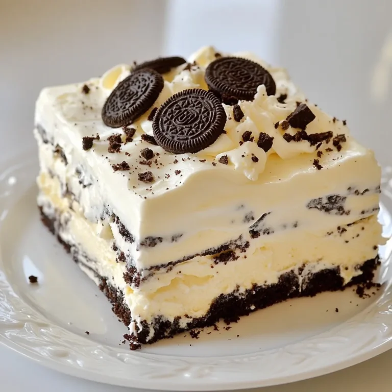 For this Cookies and Cream Icebox Cake, you will need: - 2 cups heavy whipping cream - 1/2 cup powdered sugar - 1 teaspoon vanilla extract - 18-20 Oreo cookies, crushed (plus a few extra for garnish) - 1 cup chocolate sandwich cookies, crushed - 1/2 cup cream cheese, softened - 1/4 cup granulated sugar - 1/2 cup milk These ingredients make a rich and creamy cake. The heavy whipping cream is key for a fluffy texture. The crushed Oreo cookies add flavor and crunch. You can make your cake even more fun with some tasty garnishes. Consider adding: - Chocolate shavings - Colorful sprinkles These toppings add a pop of color and a sweet touch. They make the cake look festive and inviting. You might want to switch out some ingredients. Here are a few ideas: - Use low-fat cream cheese for a lighter option. - Swap out Oreos for gluten-free cookies if needed. - Choose a dairy-free milk for a vegan version. These substitutions let you enjoy the cake while fitting your needs. Just remember that changes can affect the taste and texture slightly. {{ingredient_image_2}} Start with 2 cups of heavy whipping cream in a large bowl. Beat this cream with an electric mixer on medium speed. In just 2-3 minutes, it will thicken to soft peaks. Next, add 1/2 cup of powdered sugar and 1 teaspoon of vanilla extract. Keep mixing until stiff peaks form. This step is key for the cake's texture. Once ready, set this whipped cream aside. In a separate bowl, take 1/2 cup of softened cream cheese and 1/4 cup of granulated sugar. Mix this with a hand mixer or whisk until it's smooth. Make sure there are no lumps. Slowly pour in 1/2 cup of milk while mixing. Keep stirring until the mixture is smooth and well combined. This mixture adds a rich flavor to the cake. Now, gently fold one-third of the whipped cream into the cream cheese mixture. Use a spatula to combine them well. After that, fold in the remaining whipped cream until everything is light and fluffy. This creates a lovely, airy texture for your cake. Choose a 9x13-inch baking dish for the cake. Start by dipping half of the crushed Oreo cookies in milk for about 5 seconds. This softens them. Layer these cookies evenly across the bottom of the dish. Next, spread half of the whipped cream mixture over this cookie layer. Use a spatula to smooth it out evenly. Repeat the layering. Dip the remaining Oreo cookies in milk and place them on top. Then, spread the rest of the whipped cream mixture over this layer. Finish by sprinkling crushed chocolate sandwich cookies and extra Oreo pieces on top. Cover the dish tightly with plastic wrap and refrigerate for at least 4 hours, or better yet, overnight. This chilling time allows the flavors to blend beautifully. When you’re ready to serve, you can add chocolate shavings or colorful sprinkles on top for decoration. Enjoy your delicious masterpiece! To make great whipped cream, start with cold heavy cream. Chill your mixing bowl and beaters, too. This helps the cream whip faster and stay thick. Beat the cream on medium speed until you see soft peaks. This takes about 2-3 minutes. Then, slowly add the powdered sugar and vanilla. Keep beating until stiff peaks form. Stiff peaks mean the cream holds its shape well. This step is key for a fluffy texture in your icebox cake. You can boost the flavor of your cake with simple tricks. Add a pinch of salt to the whipped cream. It enhances sweetness and balances the taste. You might also mix in a bit of cocoa powder into the cream cheese mixture for a deeper chocolate flavor. For a fun twist, consider using other flavored cookies. Mint Oreos or peanut butter cookies can add a unique touch. Experiment to find your favorite combo! When layering your cake, dip the cookies in milk for just a few seconds. This makes them soft but not soggy. Start with a layer of dipped cookies in your dish. Spread half the whipped cream mix over them. Repeat this step for a solid structure. Make sure to smooth the layers well. This will help the cake hold its shape. After assembly, cover it tightly and chill it in the fridge for at least four hours. This helps all the flavors blend beautifully. Pro Tips Whip to Perfection: Ensure you whip the heavy cream until it reaches stiff peaks for a light and airy texture in the cake. Cookie Soaking Time: Dipping the Oreo cookies in milk for just 5 seconds helps soften them perfectly without making them too soggy. Chill Time Matters: Allow the cake to chill overnight for the best flavor and texture, as this helps the layers meld beautifully. Garnish with Style: Use chocolate shavings or colorful sprinkles to add a decorative touch that enhances the cake’s visual appeal. {{image_4}} You can change up the flavor of your Cookies and Cream Icebox Cake. Try adding mint extract for a fresh twist. Just use 1/2 teaspoon of mint extract instead of vanilla. For a nutty taste, add peanut butter. Mix 1/2 cup of creamy peanut butter into the cream cheese mixture. This adds a rich, nutty flavor that pairs well with the cookies. Want to make this cake gluten-free? Use gluten-free sandwich cookies instead of Oreos. Many brands offer tasty gluten-free options. If you're looking for a vegan version, swap the heavy cream for coconut cream. Also, choose a plant-based cream cheese and dairy-free milk for the filling. This keeps the cake creamy and delicious without any animal products. You can give your cake a seasonal vibe, too. During the holidays, add crushed peppermint candies on top. This adds a festive touch and a pop of color. For summer, try mixing in fresh berries. Strawberries or raspberries can make the cake even more refreshing. Use a layer of berries between cookie layers for a fun surprise. These twists make the icebox cake perfect for any time of the year. Store your Cookies and Cream Icebox Cake in the fridge. Use a tight lid or plastic wrap to cover it. This keeps it fresh and prevents it from absorbing other smells. It will stay good for about 3-4 days. You can freeze this cake for later. Cut it into slices for easy serving. Wrap each slice in plastic wrap, then place them in a freezer-safe bag. This will help keep them fresh. The cake can last up to 2 months in the freezer. To enjoy, let the slices thaw in the fridge overnight. - Always cover the cake well before storing. - Avoid leaving it out at room temperature for long periods. - If you use toppings like sprinkles or shavings, add them right before serving to keep them crunchy. - Check for any signs of freezer burn if frozen. This can happen if the cake is not wrapped well. By following these tips, your Cookies and Cream Icebox Cake will taste great even days later! You can store Cookies and Cream Icebox Cake for up to five days in the fridge. Just keep it covered with plastic wrap. This helps it stay fresh and tasty. If you plan to keep it longer, freeze it. The cake can last for about two months in the freezer. Just remember to wrap it well to prevent freezer burn. Yes, you can use different cookies! You can try chocolate chip cookies or even mint-flavored cookies. Just make sure to use cookies that soften well in milk. This will keep the layers creamy and delicious. Feel free to mix and match your favorite flavors for a unique twist! You will know the whipped cream is ready when it forms stiff peaks. This means it holds its shape well. When you lift the whisk out, the cream should stand tall without falling. Keep an eye on it. If it starts to look grainy, you may have over-mixed it. Stop mixing right away! This blog post covered the key parts of making a Cookies and Cream Icebox Cake. We discussed measurements, optional garnishes, and substitutions for ingredients. I shared step-by-step instructions for preparing whipped cream, mixing, and layering. You learned tips for perfecting whipped cream and enhancing flavors. We explored variations, storage methods, and answered common questions. Enjoy the fun of creating this treat. Remember, your cake can be as unique as you. Happy baking!