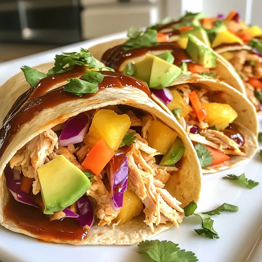 To make Hawaiian BBQ chicken wraps, you need some key ingredients: - 2 cups cooked chicken, shredded - ½ cup Hawaiian BBQ sauce - 1 cup fresh pineapple, diced - 1 red bell pepper, thinly sliced - 1 cup shredded carrots - ½ cup red cabbage, finely shredded - 4 large whole wheat or spinach tortillas - ½ cup cilantro, chopped - 1 avocado, sliced - Salt and pepper to taste These ingredients bring a tasty mix of flavors and textures. The chicken is juicy and pairs well with the sweet BBQ sauce. The fresh pineapple adds a bright, fruity note. The veggies add crunch and color. You can enhance your wraps with these optional ingredients: - Lime wedges for garnish - Jalapeños for heat - Cheese for creaminess Feel free to swap or add ingredients based on your taste. You can use different veggies or pick your favorite tortilla type. Explore and have some fun! If you can't find something, here are some substitutes: - Use pulled pork instead of chicken. - Swap pineapple for mango for a different flavor. - Use red lettuce instead of red cabbage. - Choose corn tortillas if you want a gluten-free option. These substitutes keep the dish fresh and exciting. Don't hesitate to adjust based on what you have at home. {{ingredient_image_2}} Start by mixing the shredded chicken with the Hawaiian BBQ sauce in a large bowl. Make sure to coat every piece well. This sauce gives your chicken a tasty, sweet, and smoky flavor. It will bring the whole wrap together. Next, prepare your fresh veggies. Slice the red bell pepper into thin strips. Dice the fresh pineapple into small pieces. In another bowl, mix the diced pineapple, sliced bell pepper, shredded carrots, and red cabbage. Toss this mix gently. Season it with a pinch of salt and pepper to bring out the flavors. Now, lay one tortilla flat on a clean surface. Spoon about ½ cup of the BBQ chicken mixture into the center of the tortilla. Spread it out evenly. Then, add a generous amount of the fresh vegetable mix on top. Don’t forget a few slices of avocado and some chopped cilantro for extra flavor! To add some crispiness, heat a skillet over medium heat. Grill each wrap for 2-3 minutes on both sides. You want them to be hot and slightly crispy. This step makes the wraps even more delicious. Slice each wrap diagonally in half for easy eating. Serve them on a plate with lime wedges on the side. The lime adds a nice zesty kick! You can also pair these wraps with chips or a salad for a complete meal. Enjoy! To get the best grill marks, heat your skillet well. Use medium heat, so the wraps crisp without burning. Lightly oil the skillet before adding the wraps. This step helps them crisp nicely. Grill each wrap for 2-3 minutes per side. Look for a golden-brown color. Flip them gently to keep the filling inside. Add lime juice to the chicken mix for zing. This brightens the BBQ flavor and makes it pop. Fresh cilantro adds a great touch too. If you love spice, add sliced jalapeños. They bring heat and flavor. For a sweet twist, try adding mango chunks. This makes your wraps even more tropical. Keep leftover wraps in an airtight container. Place parchment paper between layers to avoid sticking. Store them in the fridge for up to three days. When ready to eat, heat them in a skillet. This keeps them crispy and warm. Reheating in the microwave may make them soggy. Enjoy your tasty wraps later! Pro Tips Use Fresh Ingredients: Opt for fresh vegetables and ripe avocado for the best flavors and textures in your wraps. Customize Your Wraps: Feel free to add other ingredients like jalapeños for heat or cheese for creaminess, based on your preference. Grill for Extra Crunch: Grilling the wraps not only warms them but adds a lovely crispness to the tortillas, enhancing the overall experience. Serve with Dipping Sauce: Consider serving these wraps with extra BBQ sauce or a tangy yogurt sauce for dipping to elevate the meal. {{image_4}} You can easily make Hawaiian BBQ chicken wraps vegetarian. Just swap out the chicken for a plant-based option. Use shredded jackfruit or tofu for a great texture. You can marinate the jackfruit in BBQ sauce for added flavor. This keeps the dish tasty and fun. If you want to try different proteins, there are many choices. You can use grilled shrimp, pork, or beef instead of chicken. Each protein adds its own unique flavor. Just cook the protein thoroughly and mix it with the BBQ sauce before wrapping it up. Switching up the sauce can change the whole wrap. Instead of Hawaiian BBQ sauce, try teriyaki or sweet chili sauce. For a spicy kick, add sriracha or a spicy mayo. These options give your wraps a whole new taste while keeping them delicious. To store leftover wraps, place them in an airtight container. This keeps them fresh. You can also wrap them in plastic wrap. Make sure to seal them well. Store the wraps in the fridge for up to three days. If you want to keep them longer, freezing is a great option. To freeze your Hawaii BBQ chicken wraps, first wrap each one tightly in plastic wrap. Then, place them in a freezer-safe bag. Squeeze out as much air as possible. This helps prevent freezer burn. You can freeze the wraps for up to three months. Just label the bags with the date. When you are ready to eat the wraps, you can reheat them easily. For best results, use an oven or skillet. Preheat your oven to 350°F (175°C). Place the wraps on a baking sheet and cover with foil. Heat for about 15-20 minutes. If using a skillet, heat it on medium-low. Cook each wrap for about 3-4 minutes on each side. This makes them warm and crispy again. Enjoy your tasty wraps! The best way to warm up Hawaiian BBQ chicken wraps is in a skillet. Heat the skillet over medium heat. Place the wraps in the skillet and cook for 2-3 minutes on each side. This will make them warm and slightly crispy. You can also use a microwave. Wrap each one in a damp paper towel and heat for 30 seconds. Check if they are warm enough and heat longer if needed. Yes, you can make Hawaiian BBQ chicken wraps ahead of time. Prepare the chicken and veggies and store them in separate containers. When you are ready to eat, simply assemble the wraps. This method keeps the tortillas from getting soggy. You can also wrap them tightly in plastic wrap or foil and store them in the fridge for a day. Hawaiian BBQ chicken wraps pair well with several sides. Here are some ideas: - Fresh fruit salad - Sweet potato fries - Coleslaw - Chips and salsa - A light green salad These sides add color and flavor to your meal. Yes, you can use gluten-free tortillas for this recipe. Many stores sell gluten-free wraps made from rice or corn. Check the label to ensure they are truly gluten-free. You can also make your own using gluten-free flour. This way, everyone can enjoy the Hawaiian BBQ chicken wraps! Hawaiian BBQ chicken wraps are tasty and fun to make. We covered key ingredients, step-by-step instructions, and useful tips. You learned about variations and how to store wraps. Enjoy your cooking adventure and feel free to experiment with flavors! These wraps can please anyone's taste. Whether you share them with friends or savor them alone, they are sure to satisfy. Dive into making your wraps and enjoy every bite!