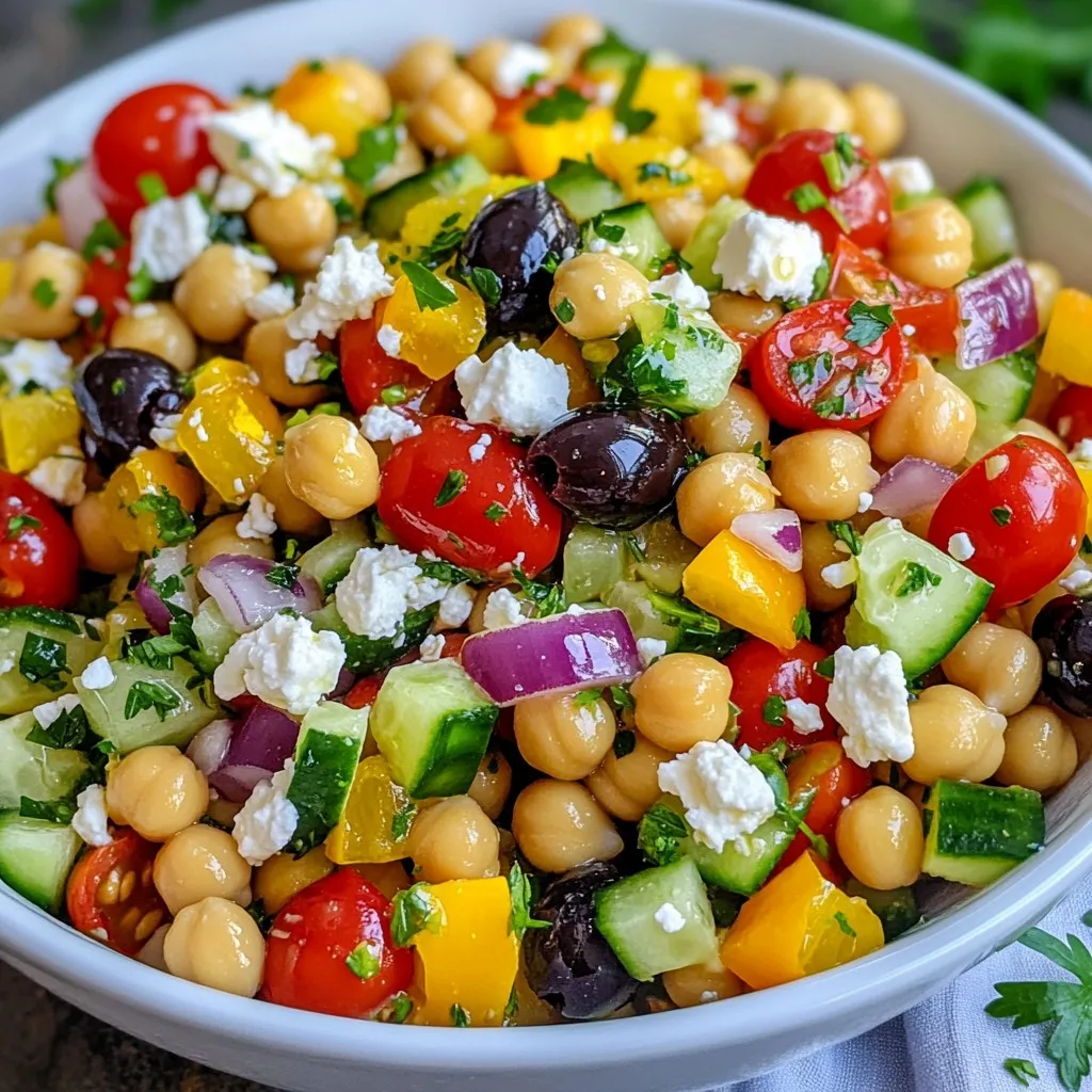 - 1 can chickpeas - Fresh vegetables (1 cup cherry tomatoes, 1 cucumber, 1 red bell pepper, ½ red onion) - ¼ cup feta cheese and ¼ cup black olives - 3 tablespoons extra virgin olive oil - 2 tablespoons fresh lemon juice - 1 teaspoon dried oregano - Salt and pepper to taste - Fresh parsley - Additional olives When you make this salad, start with the main ingredients. I love using canned chickpeas. They save time and add protein. Rinse and drain them well before mixing. The fresh vegetables add a lot of color and crunch. Halve the cherry tomatoes, dice the cucumber and red bell pepper, and finely chop the red onion. Each bite will taste bright and fresh. Next, add the feta cheese and olives. The feta gives the salad a creamy touch. Olives add a nice briny flavor. You can use any black olives you like. For the dressing, combine the olive oil, lemon juice, oregano, salt, and pepper in a bowl. Whisk it well. This simple dressing brings all the flavors together. Use fresh lemon juice for the best taste. Finally, garnish your salad with parsley and extra olives. This adds a pop of green and more flavor. Enjoy this salad as a main dish or a side! {{ingredient_image_2}} Start by draining and rinsing the chickpeas. This removes extra salt and keeps them fresh. Place the chickpeas in a large bowl. Next, chop your vegetables. Cut the cherry tomatoes in half. Dice the cucumber, red bell pepper, and finely chop the red onion. Slice the black olives. This step adds color and flavor to the salad. In your large bowl, combine the chickpeas, chopped vegetables, and sliced olives. Use a gentle hand to toss everything together. Make sure all the ingredients are well mixed and colorful. This will make the salad not only tasty but also appealing to the eye. Grab a smaller bowl for the dressing. Whisk together the extra virgin olive oil, freshly squeezed lemon juice, and dried oregano. Add salt and pepper to taste. Whisk until the mixture is smooth and fragrant. This dressing is key for brightening up the salad. Now, drizzle your dressing generously over the salad. Toss gently to coat all the ingredients well. This ensures every bite is full of flavor. Finally, top the salad with crumbled feta cheese and freshly chopped parsley. This adds a pop of color and creaminess. Lightly toss again just before serving. Enjoy this refreshing and healthy meal! To enhance the flavor of your Mediterranean chickpea salad, try adjusting the seasoning. Start with a pinch of salt and a sprinkle of pepper. Taste and add more, if needed. Fresh herbs can also boost the taste. You can use basil or dill for a different twist. Balancing flavors with dressing is key. The olive oil brings richness, while lemon juice adds brightness. If you like it tangy, add more lemon juice. For a creamier taste, increase the feta cheese. Mix and match until you find your perfect balance! Presentation matters! Serve this salad in a large, shallow bowl. Top it with a few extra olives and fresh parsley leaves. This adds color and makes it look inviting. For a fun twist, you can pack individual servings in mason jars. Layer the ingredients for a colorful display. This is perfect for lunch at work or a picnic. Pair it with grilled chicken or pita bread for a more filling meal. You can prep this salad in advance. Chop veggies and store them in the fridge. Keep the dressing separate to maintain freshness. Mix everything just before serving to keep it crisp. Best practices for keeping ingredients fresh include using airtight containers. This helps keep the veggies crunchy. If you make the salad a day ahead, it will still taste great! Just remember to give it a gentle toss before serving. Pro Tips Freshness Matters: Always use fresh vegetables for the best flavor and texture in your salad. Chill Before Serving: Let the salad chill in the refrigerator for at least 30 minutes before serving to enhance the flavors. Customizable Ingredients: Feel free to add or substitute any ingredients, like avocados or quinoa, to suit your taste preferences. Perfectly Balanced Dressing: Adjust the olive oil and lemon juice ratio to achieve your desired level of richness and acidity. {{image_4}} You can make your Mediterranean Chickpea Salad heartier by adding protein. Grilled chicken or shrimp works great. Simply cook the protein until it’s tender and juicy, then add it to the salad. This not only boosts flavor but also gives a nice texture. Canned tuna is another tasty option. It adds a savory depth and pairs well with the other ingredients. Just drain the tuna and mix it in. This change adds a punch of protein and flavor to your meal. If you want a vegan version, it’s easy to swap out feta cheese. Use vegan cheese for that creamy touch. It melts well and still tastes great. You can also skip the cheese completely. This keeps the salad light and fresh. You’ll still enjoy all the wonderful flavors of the other ingredients without any dairy. Feel free to customize your salad by changing the veggies. Bell peppers or zucchini can add new flavors. Just chop them up into small pieces and mix them in. You can also choose different olives and herbs. Try green olives or kalamata for a twist. Fresh herbs like basil or mint can add a unique taste. This way, you can make the salad your own! To keep your Mediterranean chickpea salad fresh, store it in the fridge. Use an airtight container. This salad lasts about 3 to 5 days in the fridge. The flavors will meld, making it even tastier over time. You can freeze some ingredients if needed. Chickpeas freeze well, but fresh veggies do not. If you freeze the salad, use it within 2 months. When reheating, let it thaw in the fridge overnight. Enjoy it cold for the best taste. Choose glass or BPA-free plastic containers for storage. Glass containers help keep flavors intact. Layer the salad carefully. Place heavier items, like chickpeas, at the bottom. This keeps the veggies crisp and fresh. Yes, you can make this salad a day ahead. - Prep the ingredients: Chop the veggies and rinse the chickpeas. - Keep the dressing separate: Mix it just before serving. - Store in the fridge: Use an airtight container to keep it fresh. This way, the flavors meld without making the salad soggy. This salad pairs well with many dishes. - Grilled chicken or fish: Adds protein for a complete meal. - Pita bread: Perfect for scooping up the salad. - Quinoa or couscous: Adds a nice grainy texture. - Hummus and veggies: A light and healthy appetizer. Mix and match to suit your taste! Yes, this salad is both gluten-free and vegan. - Chickpeas and veggies: Naturally gluten-free and plant-based. - Feta cheese: For a vegan version, simply leave it out or use vegan cheese. - Olive oil and lemon: Great for flavor without any animal products. Enjoy this dish knowing it fits many diets! This Mediterranean Chickpea Salad offers fresh flavors in every bite. You learned about the key ingredients, easy steps to prepare it, and how to store leftovers. With tips on flavor balance and serving ideas, you can make it your own. Customize it with proteins or swap ingredients to suit your taste. Now, enjoy this healthy dish, share it with friends, and explore variations for every occasion. Happy cooking!