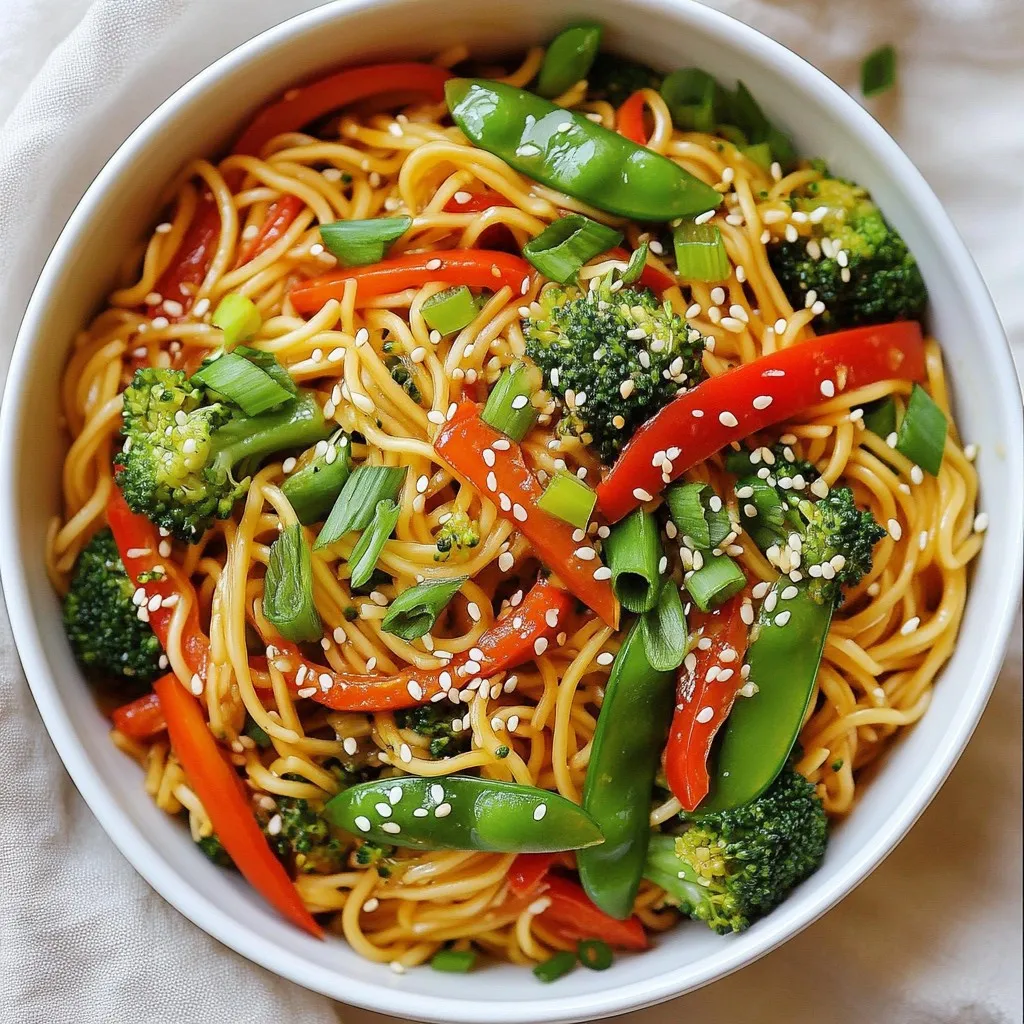 - 8 oz egg noodles or rice noodles - 2 tablespoons sesame oil - 4 cloves garlic, finely minced - 1 tablespoon fresh ginger, freshly grated - 1 red bell pepper, thinly sliced - 1 cup broccoli florets - 1 cup snap peas - 2 medium carrots, julienned - 3 green onions, chopped (reserve some for garnish) - ¼ cup low-sodium soy sauce - 1 tablespoon rice vinegar - 1 tablespoon toasted sesame seeds - Salt and black pepper to taste - Optional: Fresh cilantro leaves for garnish To make this Sesame Garlic Noodle Stir Fry, you need a few key items. First, choose your noodles. I love using egg noodles or rice noodles, both work great. You’ll need about 8 ounces. Next, gather the flavor boosters. You want 2 tablespoons of sesame oil. This oil gives a rich, nutty taste. You’ll also need 4 cloves of garlic, finely minced, and 1 tablespoon of freshly grated ginger. These two add warmth and depth to the dish. Now, let’s talk vegetables. You can use many colorful options! Grab 1 red bell pepper, sliced thin. Add 1 cup of broccoli florets for crunch and color. 1 cup of snap peas adds a lovely sweetness. Don’t forget 2 medium carrots, cut into thin strips. Finally, use 3 green onions, chopped, but save some for later. For the sauce, you need ¼ cup of low-sodium soy sauce. This will bring saltiness and umami flavor. Add 1 tablespoon of rice vinegar for a nice tang. 1 tablespoon of toasted sesame seeds will finish it off. Season with salt and black pepper to taste. If you like, fresh cilantro leaves can add extra flavor. With these ingredients, you are ready to create a quick and delicious meal! {{ingredient_image_2}} - Step 1: Bring a large pot of water to a boil. - Step 2: Add 8 oz of egg or rice noodles. Cook until al dente. - Step 3: Drain the noodles and set them aside. - Step 4: Heat 2 tablespoons of sesame oil in a large skillet over medium heat. - Step 5: Add 4 minced garlic cloves and 1 tablespoon of grated ginger. Stir for about 30 seconds. - Step 6: Toss in the thinly sliced red bell pepper, 1 cup of broccoli florets, 1 cup of snap peas, and 2 julienned carrots. Stir-fry for 3-4 minutes until they are bright and tender-crisp. - Step 7: Gently add the drained noodles into the skillet. Use tongs to mix everything together. - Step 8: Pour in ¼ cup of low-sodium soy sauce and 1 tablespoon of rice vinegar. Stir well to coat all ingredients. - Step 9: Taste and adjust with salt and black pepper if needed. This method ensures every bite is full of flavor. Plus, it’s quick and easy! Enjoy your cooking time. - Use fresh ingredients for the best flavor. Fresh veggies give a bright taste. - Do not overcook the vegetables. They should stay crisp and colorful. - Keep the noodles slightly undercooked. This helps them absorb the sauce better. - For a nice presentation, use a large shallow bowl. It looks great and is easy to serve. - Suggested garnishes include extra green onions and toasted sesame seeds. They add color and crunch. - Pairing options can be a side of lime wedges or fresh cilantro for extra flavor. - Recommended cookware includes a spacious skillet or wok. A non-stick option works well too. - Best utensils for stir-frying are tongs or a spatula. They help toss the noodles and veggies. - Useful kitchen gadgets may include a garlic press and a grater for the ginger. These save time and effort. Pro Tips Cook Noodles Al Dente: Cooking the noodles just until al dente ensures they maintain their texture and won’t become mushy when combined with the stir-fry. Prep Ingredients Ahead: Have all your ingredients prepped and ready to go before you start cooking. Stir-frying is a quick process, and having everything on hand will make it easier. High Heat is Key: Use high heat when stir-frying to achieve that signature smoky flavor and to quickly cook the vegetables while keeping them crisp. Customize with Proteins: Feel free to add your choice of protein, such as chicken, shrimp, or tofu, for a heartier meal. Just ensure it's cooked through before adding the noodles. {{image_4}} You can add different proteins to your stir fry for extra flavor and nutrition. Here are some options: - Tofu - Chicken - Shrimp To cook proteins for the stir fry, follow these steps: 1. Tofu: Press it to remove excess water. Cut it into cubes. Sauté in the skillet until golden brown before adding vegetables. 2. Chicken: Cut it into thin strips. Cook it in the skillet until no longer pink, then add veggies. 3. Shrimp: Use peeled, deveined shrimp. Cook until they turn pink and opaque before adding noodles and sauce. If you want to make this dish vegan or vegetarian, consider these substitutions: - Use tamari instead of soy sauce for a gluten-free option. - Replace rice vinegar with apple cider vinegar if needed. For added veggies, try these: - Zucchini, sliced thin - Mushrooms, sliced - Spinach or kale, added at the end for quick wilting Want to add some heat? You can easily spice up your stir fry. Here are some ideas: - Add chili flakes while cooking. Start with a pinch and add more if you like. - Drizzle hot sauce over the finished dish for an extra kick. Consider your spice level preferences. If you like it mild, go easy on the spice. For a hotter dish, feel free to add more. Store leftovers in an airtight container. Keep them in the fridge. The dish lasts up to three days. Make sure it cools before sealing. This helps keep it fresh. To freeze, place the stir fry in a freezer-safe bag. Remove as much air as possible. This prevents freezer burn. It can last for up to three months in the freezer. For the best taste, use flat bags to save space. You can reheat it on the stove or in the microwave. For the stove, use low heat and add a splash of water. This keeps the noodles moist. In the microwave, cover it with a damp paper towel. This helps maintain texture and warmth. Stir halfway through to heat evenly. You can use gluten-free noodles to make this dish safe for everyone. Here are some good options: - Rice noodles - Quinoa noodles - Brown rice noodles These noodles work well and keep the flavor intact. Always check labels to ensure they are gluten-free. Yes, you can switch up the noodles for your taste. Here are some tasty alternatives: - Udon noodles - Soba noodles - Whole wheat noodles Each type brings a new flavor and texture, making your stir fry exciting. If you need to swap sesame oil, try these choices: - Olive oil - Peanut oil - Canola oil These oils change the flavor but still taste great. Use each one based on your taste and what you have at home. This blog post shared a easy, tasty stir-fry recipe that anyone can make. We covered key ingredients like noodles, fresh vegetables, and a simple sauce. I gave you step-by-step instructions to help you cook it perfectly. Remember to use fresh items for the best taste. Experiment with different proteins or spice levels to make it your own. Whether you want to store leftovers or change up flavors, these tips will help. Enjoy your cooking journey and create delicious meals your way!