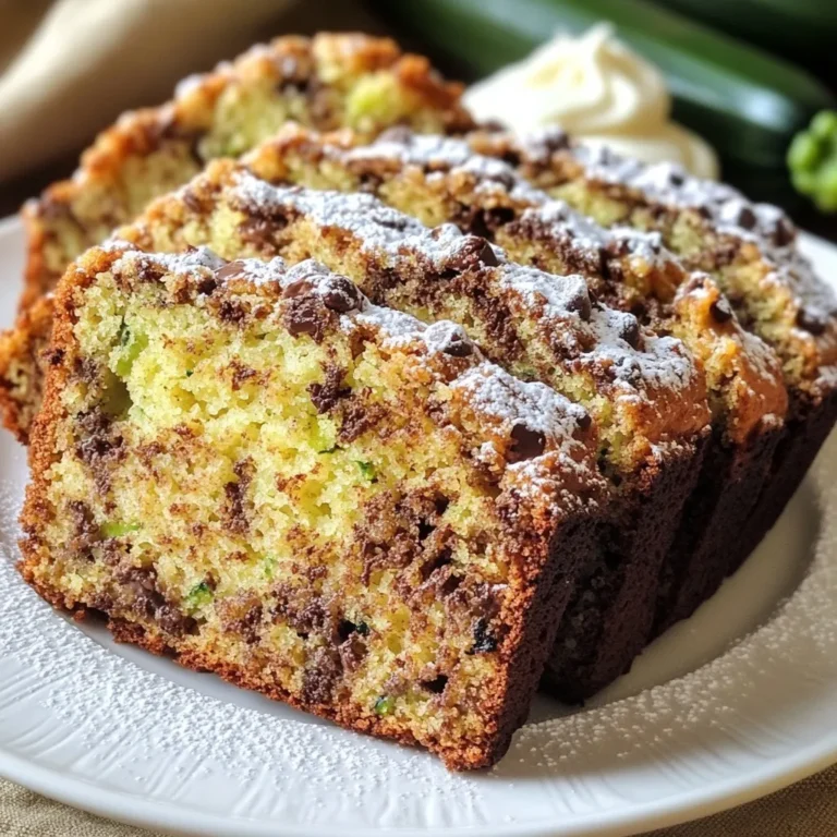 To make chocolate chip zucchini bread, gather these ingredients: - 1 ½ cups grated zucchini (about 1 medium zucchini, well-drained) - 1 cup all-purpose flour - 1 cup whole wheat flour - 1 teaspoon baking soda - 1 teaspoon baking powder - ½ teaspoon salt - 1 teaspoon ground cinnamon - ½ cup brown sugar, tightly packed - ½ cup granulated sugar - ⅓ cup vegetable oil - 2 large eggs - 1 teaspoon vanilla extract - 1 cup semi-sweet chocolate chips - ½ cup chopped walnuts (optional) This list gives you everything you need for a moist and tasty bread. The grated zucchini adds moisture and nutrition, while the chocolate chips make it a sweet treat. The mix of all-purpose and whole wheat flour gives it a nice texture. Each ingredient plays a role in creating the perfect balance of flavors. Make sure to drain the zucchini well. Excess moisture can make the bread too wet. You can also customize it by adding walnuts for a crunch. This recipe is easy to follow, and you’ll enjoy the process of mixing and baking. {{ingredient_image_2}} 1. Preheat the oven and grease the loaf pan: Start by setting your oven to 350°F (175°C). Grab a 9x5-inch loaf pan. Grease it well to keep the bread from sticking. 2. Mixing wet ingredients: In a medium bowl, combine 1 ½ cups of grated zucchini, ½ cup brown sugar, ½ cup granulated sugar, ⅓ cup vegetable oil, 2 large eggs, and 1 teaspoon vanilla extract. Use a whisk or fork to mix until smooth. 3. Combining dry ingredients: In a large bowl, mix 1 cup all-purpose flour, 1 cup whole wheat flour, 1 teaspoon baking soda, 1 teaspoon baking powder, ½ teaspoon salt, and 1 teaspoon ground cinnamon. Make sure there are no lumps for a nice batter. 4. Folding wet and dry mixtures together: Slowly add the wet mixture to the dry mixture. Use a spatula to mix gently. Stop when just combined. Over-mixing can make the bread tough. 1. Pouring batter into the loaf pan: Carefully pour the batter into the greased loaf pan. Use a spatula to smooth the top for an even bake. 2. Baking time and tips for doneness: Place the loaf pan in the preheated oven. Bake for 55-60 minutes. To check if it’s done, insert a toothpick into the center. It should come out clean or with a few moist crumbs. 3. Cooling process after baking: Once baked, take the bread out of the oven. Let it cool in the pan for about 10 minutes. Then, transfer it to a wire rack to cool completely. Enjoy the smell while it cools! - How to properly drain zucchini: Start by grating the zucchini. Place it in a clean kitchen towel or cheesecloth. Squeeze out the excess moisture. This helps prevent your bread from being too soggy. - Importance of not over-mixing the batter: When you mix the wet and dry ingredients, do it gently. Stir just until you see no dry flour. Over-mixing can make the bread tough and dense. - Ensuring even baking with the right pan: Use a standard 9x5-inch loaf pan. Grease it well before adding the batter. This helps the bread rise evenly and prevents sticking. - Presentation tips for serving: Slice the bread while warm for the best texture. Dust each slice lightly with powdered sugar for a sweet touch. Add a few chocolate chips on top for a nice look. - Pairing ideas like spreads or toppings: Serve your zucchini bread with a creamy cheese spread. You can also try it with butter or nut butter. Fresh fruits or a sprinkle of cinnamon can enhance the flavor too. Pro Tips Grate Zucchini Properly: Use a box grater or food processor to grate the zucchini finely. This helps it blend seamlessly into the batter, ensuring a moist texture without large chunks. Don't Skip Draining: After grating, place the zucchini in a clean kitchen towel and squeeze out excess moisture. This prevents the bread from becoming soggy and ensures a better rise. Experiment with Spices: Feel free to add a pinch of nutmeg or allspice to the dry ingredients for an extra layer of flavor that complements the chocolate beautifully. Storage for Freshness: Wrap the cooled bread tightly in plastic wrap or store in an airtight container. It keeps well at room temperature for up to three days and can be frozen for longer storage. {{image_4}} For those who need gluten-free options, swap the all-purpose flour with a gluten-free blend. This mix often works well in baked goods and keeps the texture light. You can also add 1/4 teaspoon of xanthan gum to help it rise better. If you're looking for vegan substitutions, replace the eggs with flaxseed meal. Mix 1 tablespoon of flaxseed meal with 2.5 tablespoons of water and let it sit for a few minutes. This mixture acts as a binder and keeps the bread moist. To enhance the flavor, consider adding spices like nutmeg or ginger. These spices can give your bread a warm, cozy taste. Just 1/2 teaspoon of either will do the trick. You can also add fruits or nuts to the mix. Try folding in 1/2 cup of mashed bananas or diced apples for natural sweetness. If you enjoy nuts, walnuts or pecans add a nice crunch. Just make sure to chop them coarsely for even distribution. To keep your chocolate chip zucchini bread fresh, wrap it well. Use plastic wrap or aluminum foil. This helps retain moisture and flavor. Store the wrapped bread at room temperature. It should stay good for about 3 to 4 days. If you want to save it for later, freezing works great. First, let the bread cool completely. Then wrap it tightly in plastic wrap. Place it in a freezer-safe bag or container. This way, it can last for up to 3 months in the freezer. When you're ready to enjoy, just thaw it in the fridge overnight. Chocolate chip zucchini bread has a different shelf life based on where you store it. At room temperature, it lasts about 3 to 4 days. If you keep it in the fridge, it can stay fresh for about a week. The cold slows down spoiling but may change the texture slightly. Always check for mold or off smells before eating. Yes, you can use frozen zucchini. Just make sure to thaw it first. Drain any extra water after thawing. This keeps your bread from being too wet. To make the bread less sweet, you can reduce the sugar amounts. Try using half of the brown and granulated sugar. You can also add spices like nutmeg or more cinnamon for flavor. If you need to replace eggs, use applesauce or mashed banana. Use 1/4 cup of either for each egg. This keeps the bread moist and adds some flavor. Check the bread with a toothpick. Insert it into the center. If it comes out clean or with a few crumbs, the bread is done. If it has wet batter, bake a bit longer. This blog post covered how to make delicious chocolate chip zucchini bread. We explored the ingredients, detailed preparation steps, and tips for perfect results. Variations for different diets and flavor enhancements gave you creative options. Remember, key tips include draining zucchini well and avoiding over-mixing. Proper storage ensures your bread stays fresh. Enjoy baking, and don't hesitate to experiment with your recipe! Happy baking!
