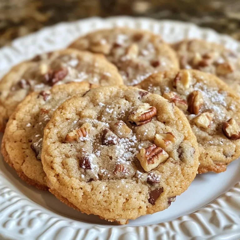 To make my rich and chewy brown butter pecan cookies, you will need the following: - 1 cup unsalted butter - 1 cup packed light brown sugar - 1/2 cup granulated sugar - 2 large eggs, at room temperature - 2 teaspoons pure vanilla extract - 2 1/4 cups all-purpose flour - 1 teaspoon baking soda - 1/2 teaspoon fine sea salt - 1 cup pecans, coarsely chopped - 1/2 teaspoon ground cinnamon (optional) - 1 cup semi-sweet chocolate chips (optional) These ingredients blend to create a cookie that is soft, chewy, and full of flavor. The brown butter adds a nutty richness that elevates each bite. Using room-temperature eggs helps them mix in better, leading to a smooth dough. You can also choose to add chocolate chips for an extra treat. The pecans give a nice crunch while the cinnamon adds warmth. Each ingredient plays a key role in making these cookies truly special. {{ingredient_image_2}} Start by melting the unsalted butter in a medium saucepan over medium heat. Stir it constantly. Watch closely as it cooks for 5-7 minutes. The butter will change to a rich, golden brown color. You will also notice a nutty smell. Be careful not to let it burn. Once ready, remove it from heat and let it cool slightly. In a large mixing bowl, pour in the cooled brown butter. Add the packed light brown sugar and granulated sugar. Blend these ingredients with a whisk or hand mixer. Mix until the texture is smooth and creamy. This step helps the sugars dissolve well. Next, take a separate bowl. Sift together the all-purpose flour, baking soda, fine sea salt, and ground cinnamon if you choose to use it. Gradually fold this dry mix into the wet ingredients. Use a spatula and mix until you no longer see streaks of flour. Do not overmix; this keeps the cookies soft. Now, it’s time to add in the fun stuff! Gently fold the chopped pecans into the dough. If you like, add the semi-sweet chocolate chips too. Make sure you distribute them evenly in the dough. This will give each cookie a delightful crunch and flavor. Transfer the mixing bowl to your refrigerator. Cover it with plastic wrap. Let the dough chill for at least 30 minutes, or up to 1 hour. Chilling helps improve the texture and enhances the flavors. This step is key for tasty cookies. Preheat your oven to 350°F (175°C). Line your baking sheet with parchment paper. This will help the cookies not stick. Scoop even portions of dough onto the sheet, leaving about 2 inches between each mound. Bake for 10-12 minutes. Look for golden edges and soft centers. After baking, let the cookies rest for 5 minutes on the sheet. Then, move them to a wire rack to cool completely. Enjoy your warm, chewy treats! To make perfect brown butter, watch it closely. Start by melting unsalted butter in a pan over medium heat. Stir it often to keep it from burning. After about 5-7 minutes, the butter will turn golden brown. It will smell nutty and rich. This is the key to great flavor in your cookies. Once done, let it cool slightly before mixing with sugars. Baking can be tricky, so here are some tips. First, measure your ingredients carefully. Too much flour can make cookies dry. Use the spoon-and-level method for flour. This means spooning flour into a cup and leveling it off. Second, don’t skip chilling the dough. It helps the cookies hold their shape. Finally, watch the baking time closely. Every oven is different. Take them out when they have golden edges and soft centers. Want chewy cookies? Here’s how. Use more brown sugar than white sugar. Brown sugar adds moisture. Also, chill the dough for at least 30 minutes. This step helps the cookies stay thick. When forming cookie dough balls, make them larger. Bigger dough balls bake into nice, chewy cookies. Lastly, underbake them slightly. They will finish cooking on the tray after you take them out. Enjoy the soft, chewy texture! Pro Tips Brown Butter Mastery: To achieve the perfect brown butter, keep a close eye on it as it cooks. Swirling the pan helps ensure even browning and prevents burning. Chilling is Key: Always chill your cookie dough before baking. This step not only enhances the flavors but also helps the cookies maintain their shape while baking. Pecan Perfection: Toast your pecans lightly before adding them to the dough. This will intensify their flavor and add a delightful crunch to your cookies. Monitoring Bake Time: Every oven is different, so keep an eye on your cookies as they bake. Remove them when the edges are golden but the centers look slightly underbaked for the perfect chewy texture. {{image_4}} You can make these cookies gluten-free. Use a gluten-free flour blend instead of all-purpose flour. Look for blends that include xanthan gum. This will help mimic the texture of regular flour. The cookies will still be chewy and delicious. Just be sure to check that your other ingredients are also gluten-free. To create a vegan version of these cookies, swap the butter for a plant-based butter. For the eggs, use flaxseed eggs. Mix one tablespoon of ground flaxseed with two and a half tablespoons of water. Let it sit for about five minutes. This will help bind your cookies. The flavor will still shine through, and you’ll enjoy a sweet treat without animal products. Feel free to get creative with flavors! You can add: - 1/2 cup of dried cranberries or cherries for a fruity twist. - A pinch of sea salt on top for a salty-sweet combo. - A teaspoon of orange zest for a bright, citrus note. - Swap pecans for walnuts for a different nutty flavor. These add-ins can elevate your cookie experience and let you try new flavors. Enjoy experimenting! To keep your brown butter pecan cookies fresh, place them in an airtight container. Layer parchment paper between cookies to stop them from sticking together. Store them at room temperature for up to a week. This method keeps them chewy and tasty. You can freeze these cookies for later. Allow them to cool completely. Then, place them in a freezer-safe bag. Squeeze out as much air as you can. They can stay frozen for up to three months. When you want to enjoy them, just thaw and warm them in the oven. For the best taste, eat the cookies within a week at room temperature. If you freeze them, they last longer but may lose some chewiness. Always check for any signs of freezer burn. This helps ensure you enjoy every bite of these delicious cookies. Yes, you can use salted butter. It will add a nice flavor. Just reduce the added salt to taste. Salted butter can make the cookies more rich and tasty. To stop spreading, chill the dough well before baking. This makes the butter firm up. You can also use less butter or add a bit more flour for a thicker cookie. Absolutely! You can use walnuts, almonds, or hazelnuts. Each nut brings its own unique taste. Just chop them roughly to match the pecans' size. You can use flaxseed meal or chia seeds. Mix one tablespoon of either with three tablespoons of water. Let it sit for about five minutes. This will act as a great egg substitute. Look for golden edges and soft centers. The cookies will continue to bake a little after you take them out. This gives them a chewy texture. If they look too soft, they need a minute more in the oven. You've learned how to make delicious brown butter pecan cookies. We covered the key ingredients, step-by-step instructions, and helpful tips. You now know variations to suit different diets and how to store your cookies for maximum freshness. Whether you want to impress guests or enjoy a treat, these cookies will not disappoint. Dive into your baking, and share the joy of homemade cookies with others. Happy baking!