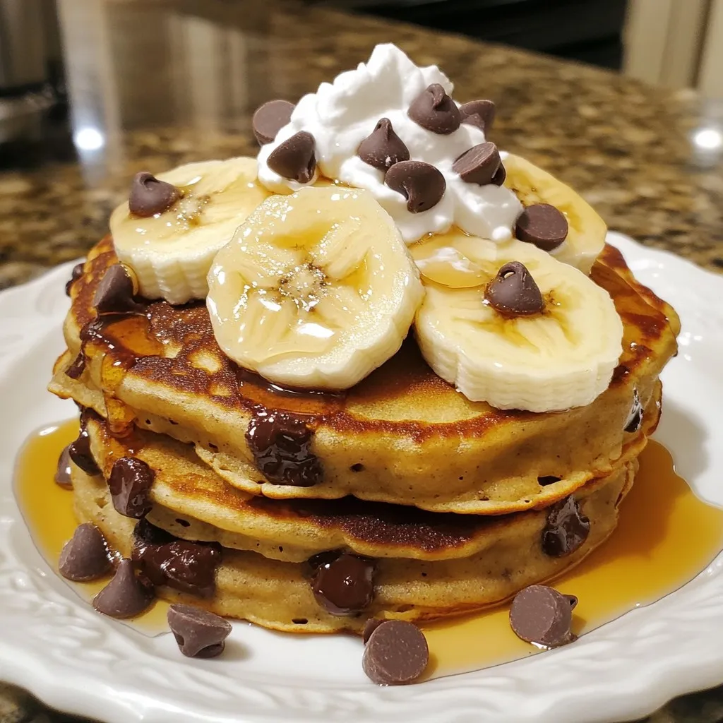 To make chocolate chip banana pancakes, you need the following items: - 1 cup all-purpose flour - 2 tablespoons granulated sugar - 1 tablespoon baking powder - 1/2 teaspoon fine sea salt - 1 cup whole milk - 1 large ripe banana, thoroughly mashed - 1 large egg, lightly beaten - 2 tablespoons unsalted butter, melted (plus extra for frying) - 1/2 cup semi-sweet chocolate chips - 1/2 teaspoon pure vanilla extract These ingredients blend together to create delicious pancakes. Each item plays a role in flavor and texture. The mashed banana adds sweetness and moisture. The chocolate chips give a rich, sweet touch. You can elevate your pancakes with these tasty toppings: - Fresh sliced bananas - Fluffy whipped cream - Warm maple syrup Adding these toppings makes each bite extra special. They also add more flavor and texture. If you need to change an ingredient, here are some ideas: - Use whole wheat flour instead of all-purpose flour for a healthier option. - Almond milk can replace whole milk for a dairy-free choice. - If you don’t have chocolate chips, try chopped nuts or dried fruit. These substitutions keep the pancakes tasty and fun. Feel free to experiment and find your favorite combinations! {{ingredient_image_2}} Start by gathering your ingredients. In a large bowl, add 1 cup of all-purpose flour. Next, mix in 2 tablespoons of granulated sugar. Then, add 1 tablespoon of baking powder. Finally, sprinkle in 1/2 teaspoon of fine sea salt. Use a whisk to blend these dry ingredients until smooth. This step is key to a light and fluffy pancake. In another bowl, mash 1 large ripe banana until it is very smooth. Add 1 cup of whole milk to the mashed banana. Then, crack in 1 large egg and lightly beat it. Pour in 2 tablespoons of melted unsalted butter along with 1/2 teaspoon of pure vanilla extract. Whisk this mixture until it is creamy and well combined. This will add flavor and moisture to your pancakes. Now, pour the wet mixture into the dry ingredients. Stir gently with a spatula until just combined. It’s okay if there are a few lumps. Overmixing will make your pancakes tough. Next, fold in 1/2 cup of semi-sweet chocolate chips carefully. Preheat a non-stick skillet over medium heat. Add a small pat of butter to coat the skillet. Pour about 1/4 cup of batter for each pancake. Cook until bubbles form, about 2-3 minutes. Flip the pancake and cook for another 1-2 minutes until golden brown. Continue with the rest of the batter, adding more butter as needed. Enjoy your warm, fluffy pancakes! To make your pancakes fluffy, do not overmix the batter. When you combine the dry and wet ingredients, stir gently. Leave some lumps in the batter. This helps keep air bubbles, which make pancakes rise. Also, use fresh baking powder. Old baking powder may not work well. To prevent sticking, always use a non-stick skillet. Heat the skillet to medium before adding batter. Once hot, add a small pat of unsalted butter. Let it melt and coat the pan. If you see the butter bubbling, it’s ready. Flip the pancakes gently to keep them intact. If you have leftovers, let the pancakes cool completely. Stack them with parchment paper between each pancake. Place them in an airtight container and store in the fridge for up to three days. To reheat, use a microwave or toaster oven. Heat until warm, not hot, to keep them soft. Pro Tips Use Ripe Bananas: The riper the banana, the sweeter your pancakes will be. Look for bananas with plenty of brown spots for maximum flavor. Don’t Overmix: When combining wet and dry ingredients, mix until just combined. A few lumps are okay; overmixing can result in tough pancakes. Keep the Heat Moderate: Cooking on medium heat allows the pancakes to cook evenly without burning. Adjust the heat as necessary to maintain an even cooking temperature. Experiment with Mix-ins: Feel free to customize your pancakes by adding nuts, dried fruit, or a sprinkle of cinnamon for an extra flavor boost. {{image_4}} You can easily make these pancakes nut-free. Just skip any nut toppings. Use sunflower seed butter instead of traditional nut butter if you want a spread. This keeps the flavor rich without adding nuts. To make this recipe dairy-free, swap whole milk with almond milk or oat milk. You can use coconut oil instead of butter. This gives your pancakes a tasty twist while keeping them soft and fluffy. Want to mix things up? Add spices like cinnamon or nutmeg to the batter. You can also fold in fruits like blueberries or strawberries. For a fun twist, try adding peanut butter chips or white chocolate. These variations create new flavors every time! To keep your leftover pancakes fresh, stack them neatly on a plate. Use parchment paper between the pancakes to prevent sticking. Cover with plastic wrap or aluminum foil. You can store them in the fridge for up to three days. This way, they stay soft and tasty for your next meal. Freezing pancakes is simple and smart. First, let the pancakes cool down completely. Then, stack them with parchment paper in between. Place the stack in a freezer-safe bag or container. They can last up to three months in the freezer. When you’re ready to enjoy them, just pull out what you need! To reheat pancakes, you have a few options. The microwave is quick: just heat for 20-30 seconds. If you want them crispy, use a skillet. Heat a little butter in the pan and warm the pancakes for about one minute on each side. You can also use an oven at 350°F. Wrap pancakes in aluminum foil and heat for about 10 minutes. Enjoy them warm for a delightful breakfast! Yes, you can make these pancakes ahead of time. Cook the pancakes and let them cool. Stack them with parchment paper between each pancake. Place the stack in an airtight container. Store it in the fridge for up to three days. You can also freeze them for up to two months. To reheat, use a toaster or microwave. This keeps them warm and tasty. If you want to switch things up, use different mix-ins. Try chopped nuts, like walnuts or pecans. You can also use dried fruits, like raisins or cranberries. For a fun twist, add peanut butter chips or white chocolate chips. Each option gives you a unique flavor in your pancakes. Watch for bubbles on the pancake's surface. When you see bubbles forming, it's time to flip. Cook the other side until it turns golden brown, about one to two minutes. A toothpick can help too. Insert it into the center of the pancake. If it comes out clean, they are done cooking. This blog post covered how to make perfect pancakes from start to finish. You learned about the essential ingredients and fun toppings. I shared tips for fluffy pancakes and how to avoid sticking. You can adapt the recipe for dietary needs and store leftovers easily. My final thought is that cooking should be fun and tasty. Enjoy making pancakes that suit your style!