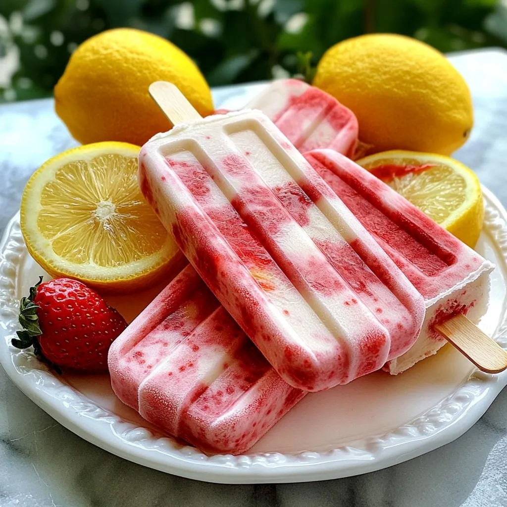 To make strawberry lemonade popsicles, you will need: - 2 cups fresh strawberries, hulled and sliced - 1/2 cup granulated sugar - 1 cup freshly squeezed lemon juice - 2 cups cold water - 1 teaspoon freshly grated lemon zest - A small pinch of salt You can swap the sugar with honey or agave syrup for a different sweetness. If you want less tartness, use less lemon juice. You can also use frozen strawberries if fresh ones are not available. For a fun twist, try adding lime juice instead of lemon juice. When picking strawberries, look for vibrant red color. They should feel firm and plump. Avoid any with soft spots or mold. Smell them! Fresh strawberries have a sweet aroma. Buy organic if you can, as they often taste better and are safer. {{ingredient_image_2}} First, gather your fresh strawberries. You need 2 cups, hulled and sliced. Place them in a blender with 1/2 cup of sugar. Blend on high speed until smooth. This gives you a bright strawberry puree. Set this puree aside for later. In a large mixing bowl, pour in 1 cup of freshly squeezed lemon juice. This usually needs 4 to 6 medium lemons. Add 2 cups of cold water and 1 teaspoon of lemon zest. A small pinch of salt enhances the flavor. Whisk it all together until mixed well. This lemonade base will be tart and refreshing. Take half of your strawberry puree and add it to the lemonade base. Stir gently to mix. Now, carefully pour this mixture into popsicle molds. Fill each mold about three-quarters full. This allows space for freezing. With the rest of the strawberry puree, layer it into each mold. Use a skewer to swirl it for a pretty look. Insert popsicle sticks into the molds, making sure they stand straight. Place the molds in the freezer for at least 6 hours. Wait until they are solid. To remove the popsicles, run warm water over the outside of the molds for a few seconds. Gently pull them out, being careful not to break any. Enjoy your delicious popsicles! To get the best texture for your popsicles, blend the strawberries until smooth. This step helps mix the flavors well. Adding a pinch of salt enhances taste and balances sweetness. When you mix the strawberry puree with the lemonade base, be gentle. Swirling too hard can break the texture. One common mistake is overfilling the molds. Leave space at the top for expansion. If you skip the salt, the flavors may taste flat. Don't forget to use fresh lemons for juice. Bottled juice can lack that bright taste. Lastly, avoid freezing for less than six hours. It needs time to set properly. When serving, place popsicles on a colorful platter. This makes them eye-catching. You can garnish with fresh strawberry halves or thin lemon slices. For an extra treat, pair them with mint leaves. This adds a fresh flavor and a pop of color. Enjoy these popsicles on a hot day, and share with friends! Pro Tips Freshness is Key: Always use the freshest strawberries and lemons for the best flavor. This will enhance the overall taste of your popsicles. Adjust Sweetness: Feel free to adjust the amount of sugar based on your personal preference. You can also use honey or agave syrup as a natural sweetener. Swirling Technique: When swirling the strawberry puree, be gentle to create a marbled effect without completely blending the two mixtures. Storage Tips: Store the popsicles in an airtight container in the freezer for up to 2 weeks to maintain their flavor and texture. {{image_4}} You can switch up the fruit in these popsicles. Try using peaches, raspberries, or blueberries. Each fruit brings its own taste. For a tropical twist, add mango or pineapple. These fruits pair well with lemonade. You can mix and match to create your favorite combo. Herbs or spices can add a fun twist. Mint works great with lemonade. Just chop some fresh mint and mix it in. Basil gives a sweet and savory taste. A pinch of ginger can add zing to your popsicles. Start with small amounts; you can always add more. If you want to cut down on sugar, try honey or agave syrup. Both sweeteners blend well with fruit. Maple syrup can also add a unique flavor. If you prefer no sweeteners, use ripe fruit for natural sweetness. Just adjust the amount based on your taste. To store leftover popsicles, place them in a freezer-safe bag. Make sure to remove as much air as possible. This will help keep them fresh. You can also wrap each popsicle in plastic wrap. This way, they stay clean and ready to eat. Frozen popsicles can last about two to three months in the freezer. After that, they may lose flavor and texture. If you notice any ice crystals or changes in color, it’s best to toss them. Always check for any weird smells before eating. To prevent freezer burn, keep your popsicles tightly wrapped. Avoid placing them near the freezer door, where temperatures can change often. You can also use airtight containers. This helps block moisture and keeps your popsicles tasting fresh. Yes, you can use frozen strawberries! They work well in this recipe. Just thaw them first. This will help them blend easier. Using frozen strawberries can also give you a nice chill. They may make your popsicles slightly less fresh in taste, but they will still be tasty. To make the popsicles less sweet, reduce the sugar. Start with a smaller amount, like 1/4 cup. You can also use natural sweeteners like honey or agave syrup. Taste the mixture before you freeze it. This way, you can adjust the sweetness to your liking. If your popsicles won’t come out easily, try running warm water over the outside of the mold. This helps to loosen the popsicles. You can also gently twist the mold to break the seal. Be careful not to pull too hard, or you might break the popsicle. Strawberry lemonade popsicles can last up to two months in the freezer. However, for best taste, eat them within a month. Store them in an airtight container to keep them fresh. This helps prevent freezer burn and keeps them tasting great! You've learned how to make delicious strawberry lemonade popsicles, from fresh ingredients to freezing techniques. Remember, fresh strawberries and smart substitutions make all the difference. Avoid common mistakes for the best texture, and feel free to experiment. With these tips and variations, your popsicles can always be a fun treat. Store them properly to enjoy for weeks. Now, grab your ingredients and make your own refreshing popsicles today!