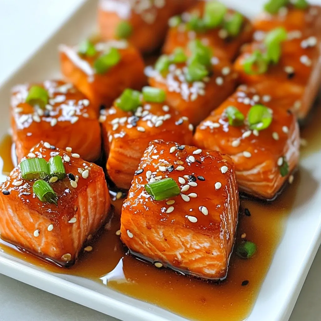 To make delicious maple glazed salmon bites, you'll need a few key items. Here’s the list: - 1 lb salmon fillet, skin removed and cut into bite-sized cubes - 1/4 cup pure maple syrup - 2 tablespoons soy sauce (or tamari for gluten-free) - 1 tablespoon Dijon mustard - 1 tablespoon fresh ginger, grated - 1 clove garlic, minced - Salt and freshly cracked black pepper to taste - 1 tablespoon sesame oil These main ingredients work together to create a sweet and savory flavor that’s hard to resist. You can make your salmon bites even better with some garnishes. Consider adding: - 1 tablespoon sesame seeds - 2 green onions, finely sliced These add a nice crunch and a pop of color. They also enhance the dish's overall flavor. If you don’t have some ingredients, don’t worry! You can easily swap some out: - Use honey instead of maple syrup for a different sweet flavor. - Swap soy sauce with coconut aminos for a soy-free option. - If you’re out of ginger, use ground ginger instead, but use less. These substitutions can change the taste but still keep your dish tasty. {{ingredient_image_2}} To start, gather a small mixing bowl. In this bowl, combine the following: - 1/4 cup pure maple syrup - 2 tablespoons soy sauce - 1 tablespoon Dijon mustard - 1 tablespoon fresh ginger, grated - 1 clove garlic, minced - Salt and freshly cracked black pepper to taste Whisk these ingredients well. You want a smooth mixture. This will bring a sweet and savory flavor to the salmon. Next, take your 1 lb salmon fillet. Cut it into bite-sized cubes. Place these cubes into a shallow dish or a resealable plastic bag. Pour the marinade over the salmon. Make sure all the pieces are well-coated. Seal the dish or bag tightly. Refrigerate for at least 30 minutes. This step is key for deep flavor. While the salmon marinates, preheat your oven to 400°F (200°C). For easy cleanup, line a baking sheet with parchment paper. After marinating, remove the salmon from the marinade. Set the salmon cubes on the baking sheet in a single layer. Leave space between each piece for even cooking. Brush the tops with 1 tablespoon of sesame oil. This adds flavor and helps with browning. Now, bake your salmon for 10-12 minutes. Check that it flakes easily with a fork when done. While the salmon bakes, pour the reserved marinade into a saucepan. Heat it over medium heat. Let it simmer for about 3-5 minutes. This thickens the sauce. Once the salmon is ready, drizzle the thickened marinade over the bites. Garnish with sesame seeds and sliced green onions. Now, your delicious maple glazed salmon bites are ready to enjoy! To make sure your salmon bites are just right, focus on timing. Bake them for 10-12 minutes at 400°F. Check for doneness by inserting a fork; it should flake easily. Avoid overcooking, as this can make the salmon dry. Monitor it closely for the best results. You can take the flavor up a notch by adding fresh herbs. Try cilantro or basil to brighten the dish. A squeeze of fresh lemon juice adds zest and balances the sweetness of the maple syrup. For an extra kick, add a dash of hot sauce or red pepper flakes to the marinade. Serving is just as important as cooking. Use a colorful platter to make your salmon bites pop. Skewering them on toothpicks makes them fun and easy to grab. For a finishing touch, drizzle a little extra maple syrup on top. This adds shine and makes your dish look gourmet. Adding sesame seeds and green onions on top also makes it visually appealing. Pro Tips Marinade Time: For the best flavor, allow the salmon to marinate for at least 1 hour, or up to 4 hours in the refrigerator. Choosing Salmon: Opt for wild-caught salmon if possible, as it tends to have a richer flavor and better texture compared to farmed salmon. Cooking Method: If you prefer a crispy exterior, consider broiling the salmon bites for a few minutes at the end of baking. Serving Suggestions: Pair these salmon bites with a fresh salad or serve them over rice for a complete meal. {{image_4}} To make this dish gluten-free, swap soy sauce with tamari. Tamari is a great alternative. It adds a similar umami flavor without gluten. This simple change makes the dish safe for those with gluten sensitivities. You can also use other proteins for this recipe. Chicken or shrimp work well with the same marinade. For chicken, cut it into bite-sized pieces. For shrimp, use large prawns and peel them. Adjust cooking times to ensure they are cooked through. Feel free to tweak the marinade to fit your taste. Add a dash of lime juice for a tangy kick. Honey can replace maple syrup for a different sweetness. For a spicy twist, include a pinch of red pepper flakes. Experiment with these options to find your favorite flavor! To keep your maple glazed salmon bites fresh, place them in an airtight container. Make sure the salmon cools to room temperature first. This helps maintain the flavor and texture. Store the container in the fridge for up to three days. If you want to keep them longer, freezing is a great option. When you are ready to enjoy your leftovers, preheat your oven to 350°F (175°C). Place the salmon bites on a baking sheet lined with parchment paper. Cover them loosely with foil to keep them moist. Heat for about 10 minutes, checking to ensure they are warmed through. You can also use a microwave, but the oven gives better results. To freeze the salmon bites, wrap each portion tightly in plastic wrap or aluminum foil. Then, place the wrapped salmon in a freezer-safe bag. Remove as much air as possible before sealing. The salmon can last up to three months in the freezer. When you want to eat them, thaw them in the fridge overnight before reheating. Yes, you can use frozen salmon. Just make sure to thaw it first. Place the salmon in the fridge overnight or use the quick method of running it under cold water. Once thawed, pat it dry and cut it as directed in the recipe. This ensures the marinade sticks well. Salmon is done when it flakes easily with a fork. It should also be opaque in color. You can use a meat thermometer to check for an internal temperature of 145°F (63°C). If you see the fish turning from bright pink to a lighter shade, it’s close to being done. Maple glazed salmon bites pair well with many sides. Here are some ideas: - Steamed broccoli - Quinoa or rice - Mixed greens salad - Roasted sweet potatoes These sides balance the sweetness of the salmon and add texture to your meal. Yes, making the marinade ahead is a great idea. Prepare it and store it in the fridge for up to three days. This way, you can save time on cooking day. Just remember to shake or stir it well before using to mix the ingredients again. In this article, we explored how to make tasty Maple Glazed Salmon Bites. We covered the key ingredients, step-by-step cooking methods, and helpful tips. You learned how to adjust flavors, store leftovers, and even answered common questions. Remember, cooking is fun and flexible. Feel free to make changes that fit your taste. Trust your skills and enjoy every bite. Happy cooking!