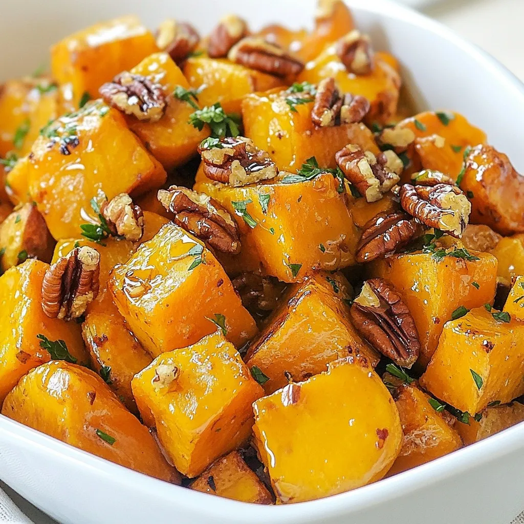 To make maple pecan roasted sweet potatoes, you need a few simple ingredients. Each one adds flavor and texture to the dish. - 4 medium sweet potatoes, peeled and diced into 1-inch cubes - 1/4 cup pure maple syrup - 1/4 cup pecans, roughly chopped - 2 tablespoons extra virgin olive oil - 1 teaspoon ground cinnamon - 1/2 teaspoon freshly grated nutmeg - Sea salt to taste - Fresh parsley, finely chopped (for garnish) Sweet potatoes bring a natural sweetness and a creamy texture. The maple syrup adds a rich, sweet flavor, while the pecans add crunch. Olive oil helps everything roast nicely. The spices, like cinnamon and nutmeg, create warmth and depth. Fresh parsley brightens the dish and makes it look pretty. These ingredients come together to create a dish that is not only tasty but also simple to prepare. You can find them at your local grocery store. Each ingredient plays a key role in making this dish special. Enjoy the process of gathering them! {{ingredient_image_2}} Start by preheating your oven to 425°F (220°C). Parchment paper helps keep the sweet potatoes from sticking to the pan. It also makes cleanup a breeze. Line a large baking sheet with it to prepare for roasting. Next, peel and dice the sweet potatoes into 1-inch cubes. This size helps them cook evenly. Place the diced sweet potatoes in a large bowl. Now, pour in 2 tablespoons of olive oil and 1/4 cup of pure maple syrup. Add 1 teaspoon of ground cinnamon, 1/2 teaspoon of grated nutmeg, and a pinch of sea salt. Mix everything well. Make sure each cube is coated in that sweet, spicy goodness. Spread the sweet potato mix onto your baking sheet. Keep space between the cubes for even roasting. Place the sheet in the oven and roast for 25-30 minutes. Stir the sweet potatoes halfway through. Look for a fork to easily pierce them. They should have a nice caramelized color. For the last 10 minutes, sprinkle 1/4 cup of chopped pecans over the sweet potatoes. This timing lets the pecans toast lightly. Their flavor will become richer and nuttier. Watch closely to avoid burning. Once the sweet potatoes are done, take them out of the oven. Let them cool for a couple of minutes. For a lovely finish, garnish with finely chopped parsley. This adds a fresh look and a pop of color. Enjoy your delicious maple pecan roasted sweet potatoes! To make your sweet potatoes fork-tender, cut them into even 1-inch cubes. This helps them cook at the same rate. Roasting at a high temperature, like 425°F, aids in getting that perfect texture. Stir the sweet potatoes halfway through to avoid soft spots. For caramelization, spread the cubes out on the baking sheet. Crowding them can lead to steaming instead of roasting. You can add a pinch of cayenne pepper for a little heat. Try some ground ginger for a warm twist. If you want a different crunch, swap in walnuts or almonds for the pecans. Each nut brings a unique flavor that can change the dish's profile. For special occasions, serve the sweet potatoes in a colorful bowl. Drizzle extra maple syrup on top for a shiny finish. Adding whole pecans or a sprinkle of fresh parsley makes the dish pop. These little touches will impress your guests and make your meal look stunning! Pro Tips Use Fresh Spices: Freshly grated nutmeg and ground cinnamon will enhance the flavors of your dish significantly compared to pre-ground spices. Check for Doneness: Sweet potatoes can vary in size; check for doneness with a fork to ensure they are tender throughout. Customize the Nuts: Feel free to swap out pecans for walnuts or almonds for a different flavor profile. Storage Tips: Leftover roasted sweet potatoes can be stored in an airtight container in the fridge for up to 3 days and reheated for a quick side dish. {{image_4}} You can use different types of sweet potatoes for this dish. You might try Japanese sweet potatoes. They have a creamy texture and a sweet taste. Another option is purple sweet potatoes. They add color and unique flavor. If you want to mix it up, consider adding other root vegetables. Carrots or butternut squash work well. They roast nicely and pair well with maple syrup. If you want a different flavor, try using other sweeteners. Honey or agave syrup can replace maple syrup. Each has its own taste but will still make your dish sweet. You can also explore different nuts. Walnuts or almonds can add a nice crunch. Each nut will give a new twist to the original recipe. For a vegan twist, skip the butter and use olive oil. This keeps the recipe dairy-free. You can also use coconut milk instead of any cream. It adds a subtle sweetness and creaminess. If you want to add some richness, try a vegan butter substitute. This keeps the dish light but tasty. To store leftovers of your maple pecan roasted sweet potatoes, let them cool first. Place them in an airtight container. This helps keep the flavors fresh. I recommend using glass containers for best results. They do not absorb odors and are easy to clean. These sweet potatoes can stay in the fridge for about three to four days. When it's time to eat leftovers, reheating them is simple. The best methods are using an oven or a microwave. If using an oven, preheat it to 350°F (175°C) and place the sweet potatoes on a baking sheet. Bake for about 10-15 minutes. This method keeps the texture crispy. If you use a microwave, heat in short bursts of 30 seconds. Stir between each burst to avoid uneven heating. You can also freeze roasted sweet potatoes. To freeze, let them cool completely before placing them in a freezer-safe bag. Try to remove as much air as possible. They can last up to three months in the freezer. When ready to eat, thaw overnight in the fridge. For reheating, use the oven for the best texture. Heat at 350°F (175°C) for about 20-25 minutes until warm. Yes, you can make this recipe ahead. To prepare, roast the sweet potatoes and let them cool. Store them in an airtight container in the fridge. You can keep them for up to three days. When ready to serve, reheat in the oven for about 10-15 minutes at 350°F (175°C). Leftovers last for about three days in the fridge. Store them in a sealed container. If you want to keep them longer, you can freeze the sweet potatoes. They stay good for about two months in the freezer. Just make sure to let them cool completely before freezing. Yes, you can! If you don’t have maple syrup, honey works well. You can also use walnuts instead of pecans for a different flavor. For a dairy-free option, stick with olive oil. Just remember that these swaps may change the taste a bit. Absolutely! This dish is great for meal prep. You can cook a big batch and divide it into portions. Pair it with proteins like chicken or tofu for a balanced meal. Add it to your lunch or dinner plans for a tasty side that adds nutrients. In this post, we explored a delicious recipe featuring sweet potatoes and pecans. You learned about key ingredients and detailed steps like roasting and garnishing. I shared tips for perfect texture and ways to customize the dish. Remember, you can adjust flavors and store leftovers easily. Embrace creativity in your cooking! Enjoy making this dish for yourself or loved ones. Happy cooking!
