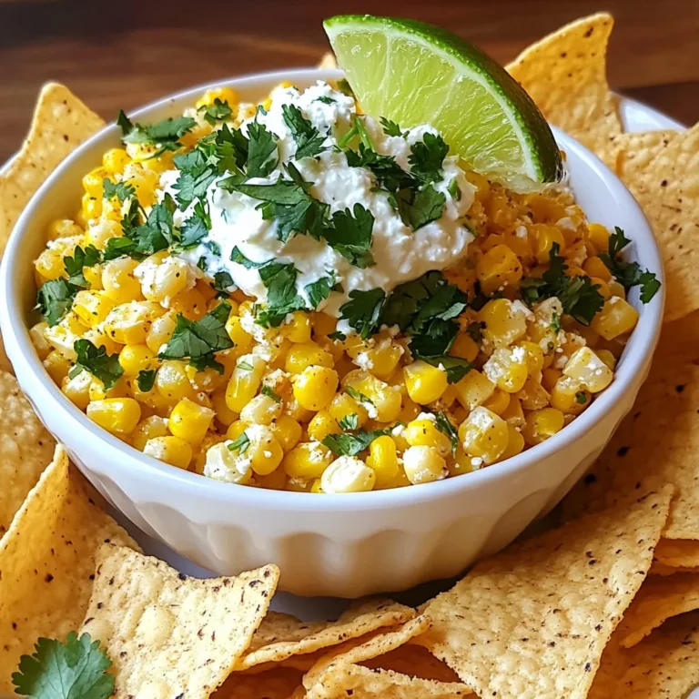 - 2 cups frozen corn, thawed - 1 tablespoon olive oil - 1/2 cup red onion, diced - 2 garlic cloves, minced - 1 cup Cotija cheese, crumbled These main ingredients bring the rich flavor of street corn to your dip. Frozen corn gives you that sweet crunch. Olive oil adds a light, smooth finish. Red onion provides a bit of bite, while garlic adds depth. The Cotija cheese is key for that creamy, salty touch. - 1/2 cup mayonnaise - 1/2 cup sour cream - 1 teaspoon chili powder - 1 teaspoon smoked paprika - Juice of 1 lime The creamy mix starts with mayonnaise and sour cream. These create a perfect base. Chili powder and smoked paprika add warmth and depth. Lime juice brightens the dip and enhances other flavors. - Salt and pepper, to taste - Fresh cilantro, chopped - Tortilla chips, for serving Seasoning is vital! Salt and pepper brighten every bite. A sprinkle of fresh cilantro adds color and freshness. Serve with tortilla chips for a crunchy experience. This dip is best enjoyed with friends, so make sure to have enough chips on hand! {{ingredient_image_2}} 1. Cooking the corn: Start by heating olive oil in a large pan. Use medium heat. Add 2 cups of thawed frozen corn to the pan. Cook it for about 5-7 minutes. Stir occasionally. You want the corn to get a little roasted and golden brown. This adds great flavor. 2. Sautéing onion and garlic: Next, add ½ cup of diced red onion to the pan. Then, toss in 2 finely chopped garlic cloves. Cook this mix for another 2-3 minutes until the onion looks soft and clear. Take the pan off the heat and let it cool a bit. 1. Mixing cheese and creamy ingredients: In a separate bowl, combine 1 cup of crumbled Cotija cheese with ½ cup of mayonnaise and ½ cup of sour cream. This mix gives the dip its rich creaminess. 2. Achieving the right consistency: Add 1 teaspoon of chili powder and 1 teaspoon of smoked paprika. Squeeze in the juice of 1 lime. Season with salt and pepper to taste. Mix well until everything is creamy and smooth. 1. Folding corn mixture into the creamy base: Now, take the corn mixture you cooked earlier. Gently fold it into the creamy mix. Make sure everything is well combined. You want each bite to have a bit of corn and cream. 2. Adjusting seasonings: Taste your dip and adjust the spices if needed. If you want more heat, add extra chili powder. Transfer the dip to a serving bowl. Garnish it with fresh chopped cilantro for a pop of color and flavor. Enjoy with crispy tortilla chips! To achieve the right corn texture, start with frozen corn. Thaw it completely before cooking. This helps keep the corn tender. I like to sauté the corn in olive oil for 5-7 minutes. Look for it to turn golden brown, which adds a nice roasted flavor. To avoid an overly soggy dip, make sure not to overcook the corn. If it cooks too long, it can lose its crunch. When mixing, fold the corn into the creamy mixture gently. This keeps the corn intact and provides that lovely texture. For creative serving ideas, use a colorful bowl. A bright bowl makes the dip pop. Arrange tortilla chips in a fan shape around the bowl. This not only looks great but also makes it easy to grab a chip! To enhance flavor with garnish, sprinkle fresh cilantro on top. You can also add a lime wedge for a splash of color. This little touch makes your dip look professional and inviting. One common mistake is overcooking the corn. If you do this, the corn can become mushy. Keep a close eye on it while it cooks. Another mistake is not balancing flavors. Taste the dip after mixing. If it needs more salt or lime juice, add a bit more. Balancing the flavors makes a big difference in your dip's taste. Pro Tips Freshness Matters: Use fresh corn when in season for the best flavor. If using frozen corn, ensure it's thawed and drained well to avoid excess moisture in the dip. Spice It Up: Adjust the amount of chili powder and smoked paprika to suit your heat preference. You can also add diced jalapeños for an extra kick! Chill Before Serving: For the best flavor, let the dip chill in the refrigerator for at least 30 minutes before serving. This allows the flavors to meld beautifully. Garnish for Appeal: Elevate your dip presentation by adding extra crumbled cheese and a sprinkle of smoked paprika on top just before serving. {{image_4}} You can easily swap out some ingredients. For instance, try using feta cheese instead of cotija. Feta gives a unique twist. It adds a tangy flavor that many enjoy. You can also change the cream bases. Instead of mayonnaise and sour cream, use Greek yogurt. Greek yogurt is a healthier option, and it still keeps the dip creamy. Want some heat? Add jalapeños to your dip. Chop them up and stir them in for a spicy kick. This makes the dip exciting and flavorful. Another great idea is to add fresh herbs. Chopped cilantro or parsley can brighten the taste. They bring freshness and a pop of color to your dish. If you need a dairy-free option, use coconut yogurt instead of sour cream. This keeps it creamy while being kind to those avoiding dairy. For a low-calorie dip, reduce the amount of mayonnaise. You can replace it with more Greek yogurt. This keeps the flavor while cutting down on calories. After you enjoy your Mexican street corn dip, store any leftovers in the fridge. Place it in an airtight container. This keeps the flavors fresh. The dip lasts about 3 to 4 days. Be sure to check for any changes in smell or color before eating. You can freeze the dip if you have too much. Use a freezer-safe container or a sturdy bag. Leave some space at the top, as the dip will expand. It freezes well for about 2 to 3 months. To use it again, thaw the dip overnight in the fridge. When it's time to eat, reheat it in a pan on low heat. Stir it gently until warm. You can also microwave it in short bursts. Just be careful not to overheat. If you have leftover dip, try adding it to other recipes. Spread it on a tortilla for a tasty wrap. You can also mix it into scrambled eggs for breakfast. It adds a nice flavor! Another idea is to use it as a topping for baked potatoes. The dip's creamy texture pairs well with potatoes. Get creative! You can even use it in tacos or nachos. With a few tweaks, you can create a whole new dish with similar flavors. Mexican Street Corn Dip is a creamy and cheesy dish inspired by elote, a popular Mexican street food. Elote features grilled corn on the cob, often topped with cheese, lime, and spices. This dip takes those wonderful flavors and blends them into a tasty mix. It is perfect for parties or gatherings. The combination of sweet corn, Cotija cheese, and spices creates a rich flavor that everyone loves. Yes, you can prepare this dip ahead of time. Make the dip and store it in the fridge. It tastes great after a few hours, as the flavors blend. If you want to make it the day before, just cover it well and chill. Before serving, give it a quick stir. Adjust the seasoning if needed, and add fresh cilantro on top for a bright touch. You can serve this dip with several tasty options. Tortilla chips are the classic choice. They add a nice crunch and pair well with the creamy dip. You can also use fresh veggies like bell peppers or cucumber slices for a lighter option. If you want something fun, try mini tacos or quesadillas. This dip also goes well with grilled meats or as a topping for nachos. The flavor matches many dishes, making it a versatile treat. This blog post covered how to create Mexican Street Corn Dip. We explored essential ingredients, like corn and cotija cheese. You learned step-by-step how to prepare, mix, and adjust flavors. I shared tips to avoid common mistakes and presentation ideas. With this dip, you can impress friends and family easily. Remember that you can tweak flavors and store leftovers wisely. Enjoy your cooking and make this dip a staple at your gatherings!