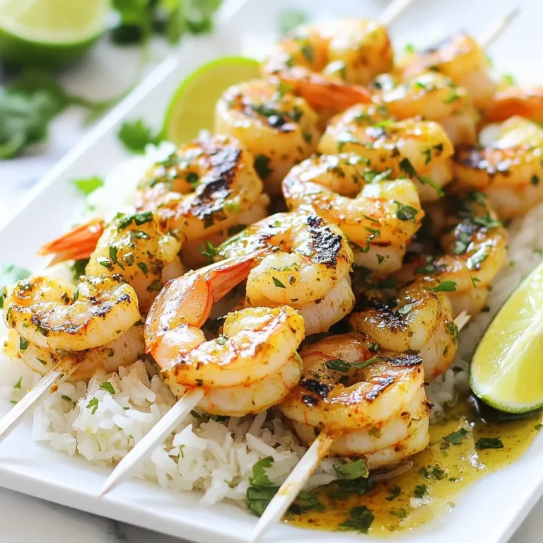 - 1 pound large shrimp, peeled and deveined - 1/4 cup fresh cilantro, finely chopped - Zest of 1 lime - Juice of 2 limes - 3 tablespoons olive oil - 3 cloves garlic, minced - 1 teaspoon ground cumin - 1/2 teaspoon red pepper flakes (optional) - Salt and pepper to taste - Skewers (metal or soaked wooden skewers) - Fresh lime wedges for garnish - Extra cilantro for presentation - Avocado slices for a creamy touch - Pineapple chunks for sweetness - Use shrimp alternatives like chicken or tofu if desired. - Swap cilantro with parsley for a different herb flavor. - Lemon juice can replace lime juice for a citrus twist. - Use sesame oil instead of olive oil for a nutty flavor. {{ingredient_image_2}} First, grab a medium bowl. Add the juice and zest from one lime. Pour in 3 tablespoons of olive oil. Then, add 3 minced garlic cloves and 1/4 cup of finely chopped cilantro. Next, sprinkle in 1 teaspoon of ground cumin and 1/2 teaspoon of red pepper flakes if you want some heat. Season with salt and pepper. Whisk everything together until it’s well mixed. This marinade brings bright flavors to the shrimp. Let’s talk about marinating. After you coat the shrimp in the marinade, cover the bowl with plastic wrap. Place it in the fridge for at least 30 minutes. This time allows the shrimp to soak up all the zesty goodness. You can marinate for up to 2 hours if you want even more flavor. Just don’t go too long, or the shrimp can become mushy. Now, it’s time to grill! Preheat your grill or grill pan to medium-high heat. If you use wooden skewers, soak them in water for 20 minutes. This stops them from burning. Carefully thread 5-6 shrimp onto each skewer, leaving space between them. Place the skewers on the hot grill. Cook for 2-3 minutes on each side. Look for the shrimp to change to a pink and opaque color. This means they are done. Once cooked, take them off the grill and let them rest for a few minutes. This keeps them juicy and flavorful. Enjoy your delicious skewers! To cook shrimp just right, focus on timing. Shrimp cook fast! Grill them for only 2-3 minutes per side. Watch for that lovely pink color. The shrimp should also look opaque when done. Remove them from the grill as soon as they reach this stage. Overcooked shrimp can turn tough and rubbery. If you're using wooden skewers, soak them in water for at least 20 minutes. This prevents burning while grilling. For metal skewers, this step is not needed. Soaking helps keep the skewers cool, allowing for even cooking. Plus, it makes removing the shrimp easier after grilling. To boost the flavors of your shrimp skewers, try adding extra spices. A pinch of smoked paprika can add depth. You can also experiment with fresh herbs like parsley or dill. For a kick, add more red pepper flakes. Lime zest brightens the dish, so don’t skip it! Consider marinating longer than 30 minutes for richer flavor. Pro Tips Choose the Right Shrimp: Opt for fresh, high-quality shrimp for the best flavor and texture. Look for shrimp that are firm and have a mild, ocean-like scent. Marinate Longer for Depth: If time allows, marinate the shrimp for 1-2 hours instead of 30 minutes. This will enhance the flavor even more and make the shrimp more tender. Grill with Care: Avoid overcooking the shrimp by keeping a close eye on them while they grill. As soon as they turn pink and opaque, they are done! Experiment with Herbs: Try adding other fresh herbs like parsley or dill to the marinade for a unique twist on flavor profiles. {{image_4}} You can easily switch up flavors in this dish. Try adding fresh herbs like parsley or mint to the marinade. For a citrus twist, use orange juice or zest instead of lime. If you want more heat, add more red pepper flakes or even diced jalapeños. For a smoky flavor, mix in some smoked paprika. If you are avoiding shrimp, you can use chicken or firm tofu as a great substitute. While grilling gives a nice char and smoky taste, you can also bake these skewers in the oven. Preheat your oven to 400°F. Place the skewers on a baking sheet lined with foil. Bake for about 10-12 minutes, turning halfway through. This method is great on rainy days or when you want to avoid outdoor cooking. Both methods yield juicy shrimp, but grilling adds a fun outdoor vibe. These shrimp skewers shine when served with cilantro-lime rice. The rice soaks up the marinade flavors beautifully. You can also pair them with fresh salads or grilled vegetables for a lighter meal. For a fun twist, serve them in soft tacos with avocado and salsa. A cool dip like tzatziki or guacamole complements the shrimp well, adding creaminess and freshness. Don't forget to garnish with lime wedges for that extra zesty kick! Store leftover shrimp skewers in an airtight container. Keep them in the fridge for up to two days. This helps keep them fresh and tasty. If you have extra marinade, store it separately. This way, you can enjoy extra flavor later. To reheat your shrimp skewers, use a skillet over medium heat. Add a splash of olive oil for moisture. Cook for about two to three minutes, just until heated through. Avoid overheating, as shrimp can become rubbery. If you prefer, you can also use the microwave. Heat them on a microwave-safe plate for about 30 seconds. Be sure to check if they are hot enough. You can freeze shrimp skewers for longer storage. Wrap each skewer in plastic wrap, then place them in a freezer bag. This keeps out air and helps prevent freezer burn. They will stay good for up to three months. When you're ready to eat, thaw them in the fridge overnight. Cook them as usual for a quick meal. You should marinate the shrimp for at least 30 minutes. This time allows the shrimp to soak up the lime, garlic, and cilantro flavors. If you have more time, let them marinate for up to 2 hours. Just be careful not to exceed that time; the acid can make the shrimp mushy. Yes, you can use frozen shrimp, but you need to thaw them first. Place them in the fridge overnight or run cold water over them for a quick thaw. Once thawed, make sure to pat them dry. This helps the marinade stick better and keeps the shrimp from being watery. Cilantro lime shrimp skewers go well with many sides. Here are a few ideas: - Cilantro-lime rice - Grilled veggies, like bell peppers and zucchini - A fresh cucumber salad - Corn on the cob with lime butter - Quinoa for a healthy grain option These sides balance the bright flavors of the skewers and create a colorful plate. In this post, we explored how to make delicious cilantro lime shrimp skewers. We covered essential ingredients, step-by-step cooking methods, and helpful tips for great results. You learned about flavor variations and how to store leftovers properly. I hope you feel ready to try this simple and tasty dish. Enjoy grilling and sharing these skewers with family and friends!