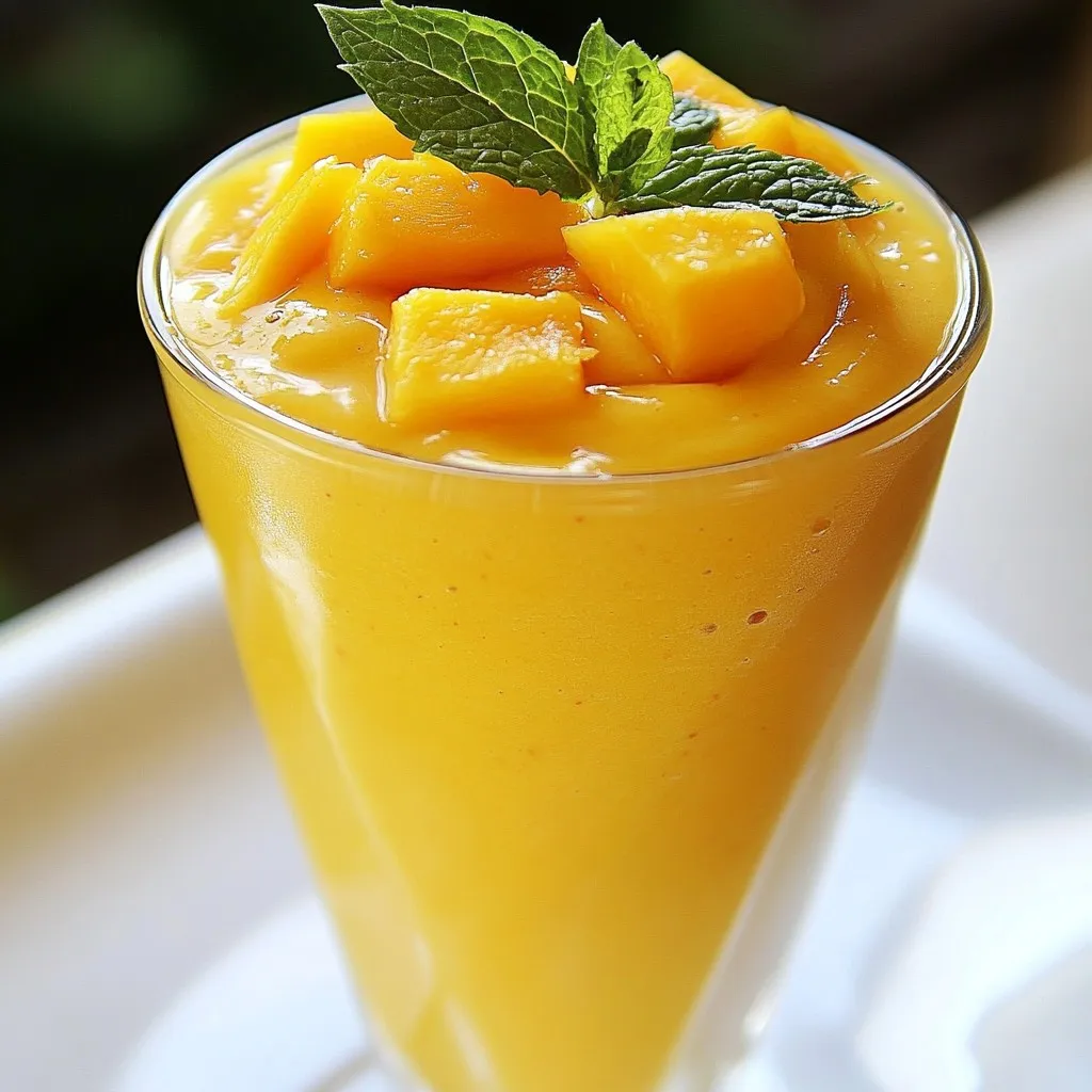 To make a great peach mango smoothie, you need fresh and tasty ingredients. Here’s what you'll need: - 1 ripe mango, peeled and diced - 2 ripe peaches, pitted and sliced - 1 cup coconut milk (or almond milk for a nut-free version) - 1/2 cup Greek yogurt (choose vanilla for added flavor or plain for a neutral taste) - 1 tablespoon honey or agave syrup (optional for sweetness) - 1/2 cup ice cubes (to create a frosty texture) - Fresh mint leaves, for garnishing These ingredients give the smoothie its fruity flavor and creamy texture. Using ripe fruits is key to making it sweet and delicious. You can choose between coconut milk or almond milk based on your taste and needs. The Greek yogurt adds creaminess and protein, making this smoothie a good snack or meal. If you prefer a sweeter drink, feel free to add honey or agave syrup. The ice cubes help chill the drink and create a refreshing texture. Lastly, fresh mint leaves add a lovely touch when you serve the smoothie. Enjoy your blend of peach and mango flavors! {{ingredient_image_2}} 1. Preparing the fruit Start by peeling and dicing the ripe mango. Next, pit and slice the peaches. Make sure your fruits are soft and juicy for the best taste. 2. Blending the ingredients Place the diced mango and sliced peaches into your blender. Pour in one cup of coconut milk or almond milk for a creamy base. Add half a cup of Greek yogurt to enhance the smoothie’s texture. 3. Adjusting sweetness If you like it sweeter, drizzle in one tablespoon of honey or agave syrup. Taste your mix after blending. You can always add more if needed. 4. Pouring and garnishing Add half a cup of ice cubes to the blender. Blend everything on high for 1 to 2 minutes. Once smooth, pour the smoothie into chilled glasses. Top each glass with a sprig of fresh mint for a nice touch. Enjoy! How to choose the best mangoes Look for mangoes that feel slightly soft when you press them. The skin should have a nice golden hue. A sweet smell near the stem indicates ripeness. Choosing perfect peaches Select peaches that yield slightly to gentle pressure. They should have a rich aroma and a golden color. Avoid peaches with green spots or hard patches. Ripening techniques for fruits To ripen mangoes, place them in a brown paper bag at room temperature. Peaches also ripen well this way. Check daily until they reach your desired softness. Importance of ice for consistency Ice cubes are key for a frosty and cold smoothie. They help create a thick and creamy texture. Use fresh ice for the best results in your drink. Blender settings for optimal blending Start blending on low speed to mix the ingredients. Gradually increase to high speed. Blend for 1 to 2 minutes until the mixture is smooth and creamy. Pro Tips Choose Ripe Fruits: Ensure your mango and peaches are perfectly ripe for the sweetest flavor and smoothest texture in your smoothie. Experiment with Milks: Try different types of milk, like coconut or almond, to find your favorite combination that complements the fruits best. Customize Sweetness: Adjust the sweetness by adding more or less honey/agave syrup based on your taste preferences. Chill Your Glasses: Serve your smoothie in pre-chilled glasses to keep it cold longer and enhance the refreshing experience. {{image_4}} You can easily make this smoothie dairy-free. First, substitute Greek yogurt with a plant-based option. Coconut yogurt works well. It keeps the creamy texture and adds a hint of coconut flavor. You can use almond yogurt too. Just check if it fits your taste! Next, think about your milk choice. Coconut milk gives a tropical feel. Almond milk is light and nutty. You can also try oat milk for a creamy texture. Each option brings its own flair to the smoothie. Want to boost nutrition? Add a handful of fresh spinach. It blends well and adds vitamins without changing the taste. You won’t even notice it’s there! This simple step makes your smoothie healthier. If you like it sweeter, explore different sweeteners. Maple syrup can add a rich flavor. For a low-calorie option, use stevia. Each sweetener changes the taste slightly. Feel free to experiment until you find your favorite! To keep your smoothie fresh, store it in the fridge. Use an airtight container. This helps prevent oxidation and keeps it tasty. Consume your smoothie within 24 hours for the best taste. When you’re ready to drink, give it a good shake. This mixes any separation that may occur. If you want to save your smoothie for later, freezing is a great option. Pour the smoothie into ice cube trays or freezer-safe bags. This way, you can blend it again when you want a cold treat. Just remember to let it thaw a bit before blending. It helps to get a smooth texture again. Making smoothies ahead of time can save you effort. You can prep the fruits and yogurt the night before. Place diced mango and sliced peaches in a container. Store them in the fridge to keep them fresh until morning. You can also prepare ingredients in advance. Measure your coconut milk and Greek yogurt. Keep them in the fridge for quick access. This speeds up the blending process. Plus, it makes your morning routine easier. Enjoy your delicious smoothie with less hassle! Can I use frozen peaches or mangoes? Yes, you can use frozen fruits. They add a nice chill and help with texture. When using frozen fruits, you may skip the ice cubes. Just blend until smooth, and enjoy a frosty treat. How can I make this smoothie vegan? To make this smoothie vegan, swap Greek yogurt for a plant-based yogurt. Use almond milk or any other non-dairy milk. You can also replace honey with agave syrup or maple syrup for sweetness. What can I add for extra nutrition? You can add spinach for vitamins and minerals. Chia seeds or flaxseeds will boost fiber and omega-3s. For more protein, try adding a scoop of plant-based protein powder. These additions keep your smoothie tasty and healthy. In this post, we covered how to make a tasty peach mango smoothie. You learned about the best ingredients and how to prepare them. We discussed tips for picking ripe fruits and achieving the right texture. Variations for dairy-free options and storage tips help you enjoy this smoothie longer. Experiment with flavors and enjoy a drink that’s healthy and refreshing. Smoothies are easy to make and perfect for any time. Make your own today and savor every sip!