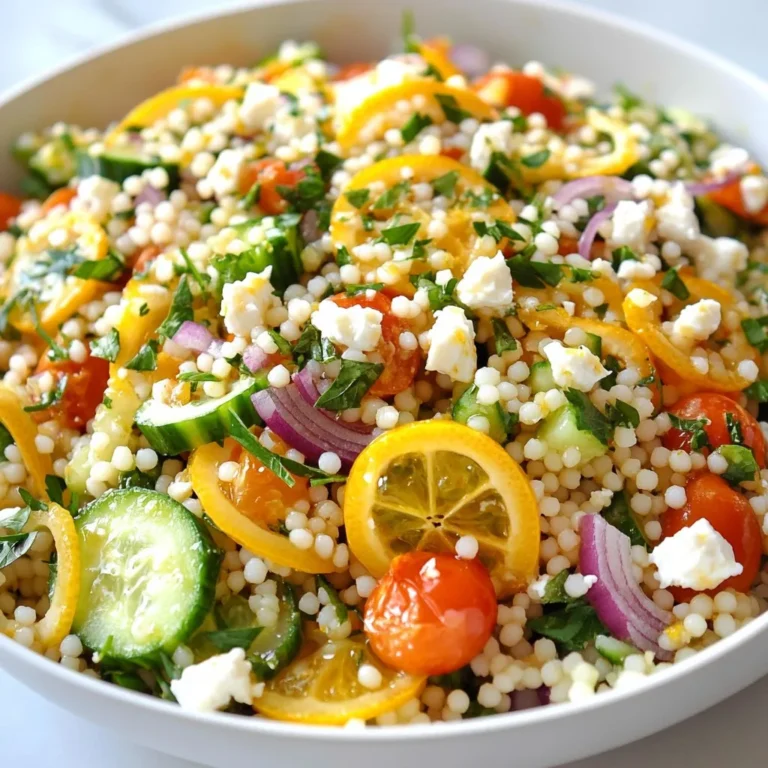 - 1 cup couscous - 1 cup vegetable broth - 1 medium cucumber, diced into small cubes - 1 cup cherry tomatoes, halved for a juicy bite - 1/2 red onion, finely chopped for a hint of sharpness - 1/4 cup freshly chopped parsley for freshness - 1/4 cup freshly chopped mint for a burst of flavor - 1/4 cup feta cheese, crumbled (optional for creaminess) - 1/4 cup extra virgin olive oil - 3 tablespoons freshly squeezed lemon juice - Zest of 1 lemon - Salt and pepper to taste - Medium saucepan - Large mixing bowl - Small bowl for dressing - Fork for fluffing couscous The main ingredients offer a fresh and colorful mix. Couscous provides a light base. The vegetable broth adds flavor right from the start. Fresh vegetables like cucumber, cherry tomatoes, and red onion add crunch and taste. The herbs, parsley, and mint, bring a bright pop. If you like, add feta cheese for some creaminess. For the dressing, olive oil gives richness. Lemon juice and zest add a bright kick. A sprinkle of salt and pepper enhances all the flavors. You will need a medium saucepan to cook the couscous. A large mixing bowl helps combine all the ingredients. A small bowl is for the dressing. Use a fork to fluff the couscous after cooking. With these simple ingredients and tools, you can create a vibrant Lemon Herb Couscous Salad. {{ingredient_image_2}} First, grab a medium saucepan. Pour in 1 cup of vegetable broth and heat it until it boils. Once it bubbles, add 1 cup of couscous and stir gently. Cover the saucepan with a lid and take it off the heat. Let it sit for about 5 minutes. This lets the couscous soak up all the broth. After 5 minutes, fluff the couscous with a fork. This step makes the grains light and airy. Allow it to cool for a few minutes before mixing it with other ingredients. While the couscous cools, wash and prepare your veggies. Dice 1 medium cucumber into small cubes. Halve 1 cup of cherry tomatoes for a fresh burst in every bite. Next, finely chop half of a red onion. For a fresh touch, chop 1/4 cup of parsley and 1/4 cup of mint. These herbs add a lot of flavor and brightness to the salad. In a separate small bowl, whisk together 1/4 cup of extra virgin olive oil, 3 tablespoons of freshly squeezed lemon juice, and the zest of 1 lemon. Add a pinch of salt and pepper. This dressing will bring all the flavors together. Make sure it blends well until it looks smooth. In a large mixing bowl, combine the cooled couscous with the diced cucumber, cherry tomatoes, red onion, parsley, mint, and crumbled feta cheese if you choose to add it. Pour the lemon dressing over everything. Use a spatula to gently toss all the ingredients together. Ensure everything is coated well with the dressing. Now, let the salad rest. This resting time helps the flavors blend nicely. You can let it sit for at least 15 minutes at room temperature. If you want to chill it, pop it in the fridge for a bit. Serving it cold or at room temperature gives the best taste. To avoid clumps in your couscous, follow these steps: - Use vegetable broth to add flavor. - Bring it to a good boil before adding couscous. - Stir the couscous right after you add it. - Cover the pot and let it sit for five minutes. This method gives you fluffy grains. Fluff the couscous with a fork after cooling. This breaks up any clumps and makes it light. For extra flavor, consider these tips: - Add a pinch of salt to the broth. - Mix in a bit of lemon zest while cooking. - You can even toss in some garlic powder for depth. Presentation makes a dish even more appealing. Here are some fun ideas: - Serve it in a colorful bowl to show off the bright veggies. - Use individual bowls for guests, garnished with mint and lemon wedges. - A sprinkle of extra feta cheese on top adds a nice touch. Best accompaniments include grilled chicken or fish. You can also serve it alongside hummus and pita. Thus, creating a full meal that is tasty and healthy. You can easily customize this salad to fit your tastes. Here are some ideas: - For a different grain, try quinoa or orzo instead of couscous. - Swap out the cucumber for bell peppers for crunch. - Use basil or cilantro instead of parsley and mint for a twist. If you have dietary needs, make these adjustments: - Omit feta for a dairy-free version. - Add chickpeas for protein if you want a vegetarian option. These small changes can make the salad yours while keeping it fresh and vibrant. Pro Tips Chill the Salad: For even better flavor, let the salad sit in the refrigerator for at least 30 minutes before serving. This allows the ingredients to marinate and blend beautifully. Customize Your Veggies: Feel free to add or substitute other veggies like bell peppers, radishes, or even roasted zucchini to enhance the texture and flavor of your salad. Herb Substitution: If fresh herbs are not available, you can use dried herbs. However, reduce the quantity as dried herbs are more concentrated in flavor. Make It a Meal: Add grilled chicken, chickpeas, or shrimp for a heartier version of this salad, turning it into a complete meal. {{image_4}} You can make your lemon herb couscous salad more filling by adding protein. Two great options are chickpeas and grilled chicken. - Chickpeas: They add a nice texture and boost fiber. Use one cup of canned chickpeas, drained and rinsed. - Grilled Chicken: This adds a savory touch. Dice one grilled chicken breast and mix it in for heartiness. Changing your ingredients based on the season keeps the salad fresh. - Spring: Add asparagus or peas for a sweet crunch. - Summer: Use ripe peaches or corn for a juicy twist. - Fall: Try adding roasted butternut squash for warmth and color. - Winter: Incorporate pomegranate seeds for a pop of flavor. Spices can take your salad to the next level. - Cumin: Adds a warm, earthy taste. Just a pinch can do wonders. - Paprika: Gives a hint of smokiness. Use it sparingly for a nice balance. - Red pepper flakes: For those who like heat, sprinkle some in for a spicy kick. These variations allow you to enjoy this salad in many ways, making it a great choice for any meal! To keep your Lemon Herb Couscous Salad fresh, store leftovers in an airtight container. Place it in the fridge. This will help maintain its taste and texture. It stays good for about 3 to 5 days. Before eating, check for any off smells or changes in texture. If it looks or smells funny, toss it out. If you want to save it for later, you can freeze couscous salad. First, make sure it’s completely cool. Then, portion it into freezer-safe bags. Remove as much air as you can. It can last in the freezer for up to 3 months. When you’re ready to eat, just thaw it in the fridge overnight. To reheat the salad, use the microwave. Warm it up for short bursts, about 30 seconds at a time. Stir it after each burst. This helps it heat evenly. If it seems dry, add a splash of vegetable broth or lemon juice. This keeps the flavor and texture nice. Avoid reheating more than once to keep it fresh. Yes, you can make this salad ahead. Prepare it a day before serving. This gives time for all the flavors to mix well. Store it in an airtight container in the fridge. If you want to swap couscous, try quinoa or orzo. Both options have a nice texture. Quinoa adds protein, and orzo has a fun shape. They both work well with the salad. To make a gluten-free version, use quinoa instead of couscous. Quinoa is naturally gluten-free. Check labels on store-bought broth to ensure it is gluten-free too. This salad lasts about 3 days in the fridge. Keep it in an airtight container. If the veggies start to lose crunch, it’s time to eat it! This blog post covered how to make a delicious couscous salad. We looked closely at key ingredients, helpful tools, and easy steps to cook and combine them. With tips on storage and variations, you can customize this dish to fit your taste. In my experience, cooking should be fun and rewarding. I hope you try this couscous salad. Enjoy exploring new flavors! You’ll love how simple it is to make.