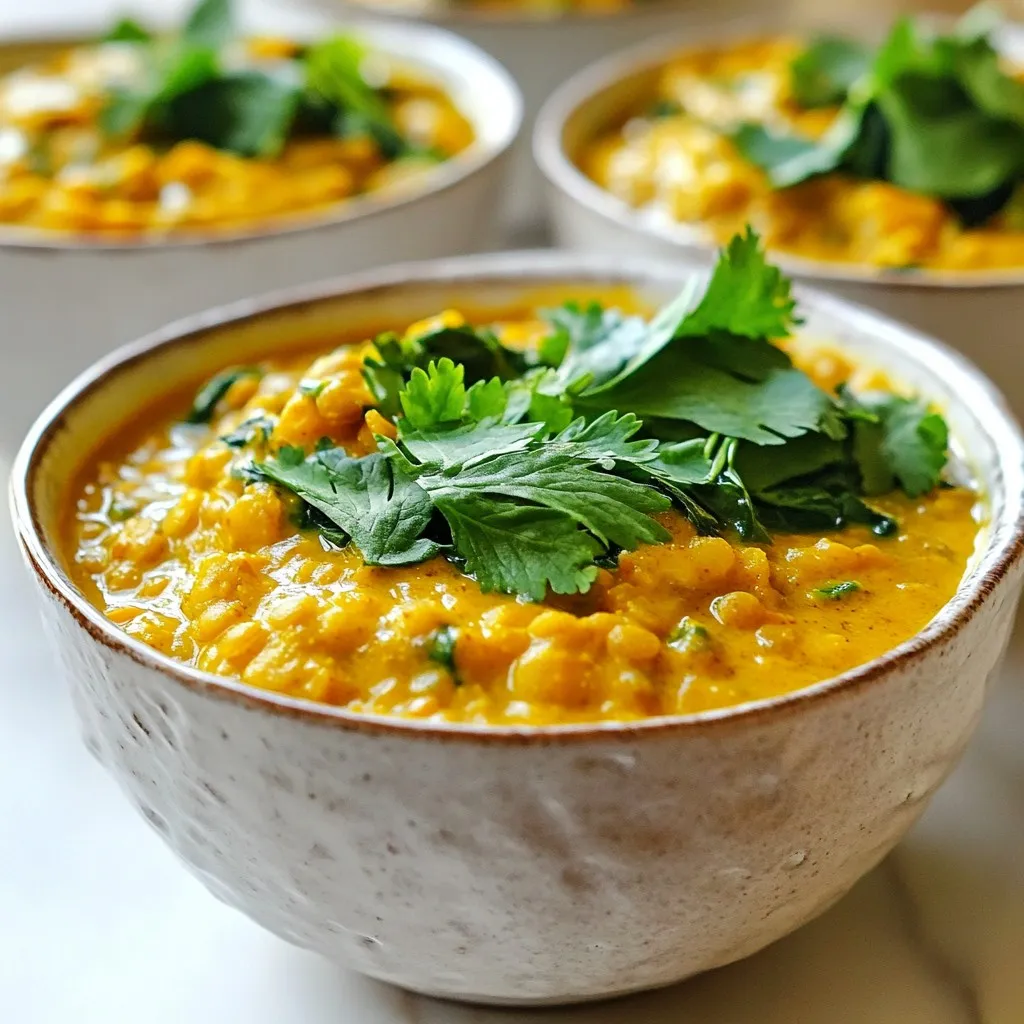 - 1 cup red lentils - 1 can (14 oz) full-fat coconut milk - 1 large onion - 3 cloves garlic - 1-inch piece of fresh ginger - Spices (curry powder, turmeric, cumin) - Olive oil - Vegetable broth - Diced tomatoes - Fresh spinach - Salt and pepper - Fresh cilantro This creamy coconut lentil curry uses simple ingredients to create a rich flavor. The red lentils are the star. They cook fast and absorb all the spices and coconut milk. I love using full-fat coconut milk. It gives a smooth and creamy texture. The large onion adds sweetness, while garlic and ginger bring warmth. The spices are key to flavor. Curry powder, turmeric, and cumin create depth. Olive oil helps sauté the onion, making it soft and sweet. Vegetable broth adds more taste. Diced tomatoes bring acidity and balance. Fresh spinach adds color and nutrients. Finally, you can season with salt and pepper to suit your taste. Don’t forget the fresh cilantro! It adds a bright touch on top. Each ingredient plays a role in making this dish special. You'll enjoy every bite! {{ingredient_image_2}} Start by warming olive oil in a spacious pot over medium heat. Once hot, add the finely chopped onion. Sauté the onion for about 5 minutes. You want it to be soft and slightly translucent. This step builds a great base for your curry. Next, add the minced garlic and grated ginger to the pot. Sauté this mixture for another 2 minutes. You will notice a lovely aroma filling your kitchen. This fragrant blend sets the stage for all the flavors to come. Now it’s time to add some spice! Sprinkle in the curry powder, ground turmeric, and cumin. Stir well to mix everything together. Cook this spice mixture for about 1 minute. Toasting the spices brings out their rich flavors. Pour in the vegetable broth, coconut milk, and undrained diced tomatoes. Increase the heat to bring the mixture to a gentle simmer. Once it’s bubbling, add the rinsed red lentils. Stir them in gently. Cover the pot and reduce the heat to low. Cook for 20-25 minutes. Stir occasionally to prevent sticking. If the curry thickens too much, add a bit more vegetable broth. After the lentils are tender, it’s time to add the fresh spinach. Fold it into the curry and let it wilt for about 5 minutes. This adds color and nutrients to your dish. Finally, season with salt and pepper to taste. Stir well to ensure the flavors mix evenly. Remove the pot from heat and let it sit for a few minutes. This will help the curry thicken slightly, making it even creamier. - Rinse red lentils well before use. This removes dirt and helps prevent foam. - If your curry is too thick, add more vegetable broth. Stir well to combine. - Try adding more spices like coriander or a dash of cayenne. This adds depth and warmth. - Adjust heat levels by adding fresh chilies or chili powder. Start small, then taste as you go. - Serve the curry in deep bowls. Garnish with fresh cilantro for a bright touch. - Pair it with jasmine rice or warm naan. This creates a complete and satisfying meal. Pro Tips Use Fresh Spices: Always opt for fresh spices for the best flavor. Ground spices lose their potency over time, so consider grinding whole spices before use. Adjust Consistency: If the curry becomes too thick while cooking, simply add a splash more vegetable broth or water to reach your desired consistency. Enhance Flavor: Add a squeeze of fresh lime juice just before serving to brighten the flavors of the curry. Storage Tips: This curry stores well in the fridge for up to 4 days and can also be frozen for future meals, making it perfect for meal prep. {{image_4}} You can change red lentils for green or brown lentils. Each type brings a unique taste and texture. Green lentils keep their shape well and add a nice bite. Brown lentils are soft and creamy. When using these lentils, adjust your cooking time. Green lentils take about 30-40 minutes, while brown lentils need 25-30 minutes. Rinse them well before adding to your dish. This creamy coconut lentil curry can fit many diets. To make it vegan, use vegetable broth and ensure all spices are plant-based. Gluten-free is easy with this recipe since it uses no wheat. Check labels for any pre-packaged ingredients to ensure they are gluten-free. This dish is great for everyone. You can add seasonal vegetables to your curry. Try carrots, bell peppers, or zucchini. These veggies add color and nutrition. You can also swap spices to change the flavor. For example, use garam masala instead of curry powder. Or, add fresh herbs like basil or mint for a twist. Feel free to experiment and find your favorite mix! To store leftover curry, let it cool first. Then, place it in an airtight container. You can keep it in the fridge for up to four days. To reheat, warm it gently on the stove or in the microwave. Stir occasionally to ensure even heating. If you want to freeze the curry, use a freezer-safe container. Make sure to leave some space at the top. This allows for expansion during freezing. The curry can last for up to three months in the freezer. To reheat, thaw it overnight in the fridge. Heat it up on the stove or in the microwave until it is hot throughout. The creamy coconut lentil curry lasts about four days in the fridge. If you freeze it, you can enjoy it for up to three months. Always check for any off smell or changes in texture before using. Store it properly to keep it fresh and tasty! Cooking lentils in curry takes about 20 to 25 minutes. Start with a gentle simmer. Check the texture after 20 minutes. They should be soft but not mushy. If you want them thicker, let them cook a bit longer. Stir occasionally to prevent sticking. Yes, you can use light coconut milk. However, it will change the flavor and texture. Light coconut milk is less rich and creamy. This may make the curry taste less bold. For the best results, I recommend full-fat coconut milk for a creamier dish. You can pair this curry with several side dishes. Jasmine rice is a great choice. It absorbs the curry's flavors well. Warm naan bread is another favorite. You can also serve it with a fresh salad or roasted vegetables for a complete meal. In this blog post, we explored how to make a delicious creamy coconut lentil curry. We covered the key ingredients and step-by-step cooking method. Then, we shared handy tips for enhancing flavors and presentation. We discussed variations to suit different diets and how to store leftovers. This dish is versatile and easy to prepare. With a few simple steps, you can create a meal that warms the heart. Enjoy experimenting with flavors and make it your own!