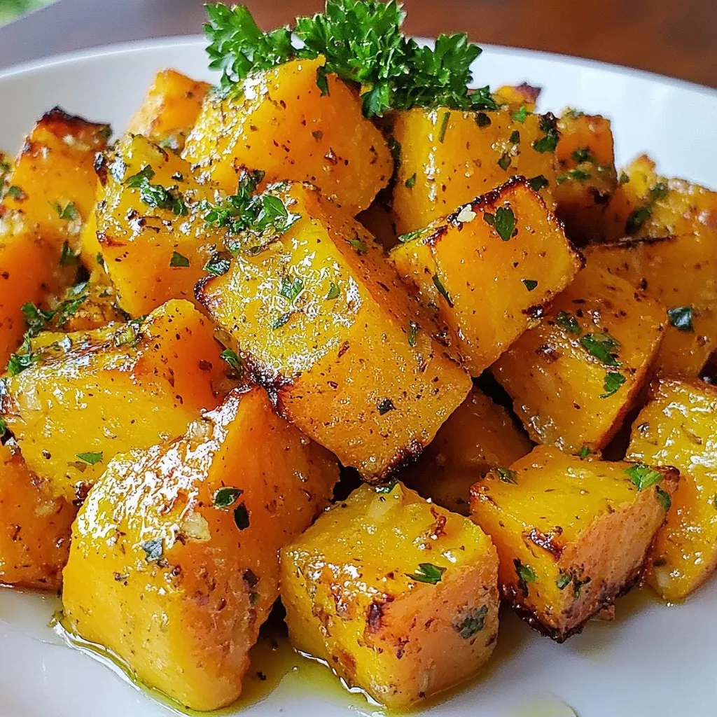 To make garlic herb roasted sweet potatoes, you need a few simple items. Here’s what to gather: - 3 medium-sized sweet potatoes, peeled and diced into 1-inch cubes - 4 cloves of fresh garlic, finely minced - 3 tablespoons extra-virgin olive oil - 1 teaspoon dried rosemary - 1 teaspoon dried thyme - 1 teaspoon smoked paprika - Sea salt and freshly cracked black pepper, to taste - Fresh parsley, chopped, for garnish These ingredients work together to create a tasty side dish. The sweet potatoes add a natural sweetness that pairs well with the garlic. The herbs and spices bring out more flavor. Olive oil helps everything cook well and adds richness. I love using fresh garlic in this dish. It gives a strong, savory taste. The dried herbs, like rosemary and thyme, add depth and warmth. Smoked paprika adds a touch of smoke and color, making the dish even more appealing. When you gather your ingredients, make sure they are fresh. Quality matters! Fresh sweet potatoes will have a firm feel. Garlic should be plump and free of sprouts. Choose high-quality olive oil for the best flavor. Now that you know what to use, you can create a dish that everyone will enjoy! {{ingredient_image_2}} 1. Preheat Oven Start by preheating your oven to 425°F (220°C). This high heat helps the sweet potatoes get crispy. 2. Prepare Sweet Potatoes Take 3 medium-sized sweet potatoes. Peel and dice them into 1-inch cubes. This size cooks evenly. 3. Combine Ingredients In a large bowl, mix the diced sweet potatoes with 4 cloves of minced garlic. 4. Toss and Coat Add 3 tablespoons of extra-virgin olive oil, 1 teaspoon of dried rosemary, 1 teaspoon of dried thyme, and 1 teaspoon of smoked paprika. Season with sea salt and black pepper. Toss well to coat the sweet potatoes. 5. Spread on Baking Sheet Lay the sweet potatoes in a single layer on a large baking sheet. Don’t overcrowd them. This step helps each piece roast nicely. 6. Roast Sweet Potatoes Place the baking sheet in the oven. Roast the sweet potatoes for about 25-30 minutes. Flip them halfway to ensure they brown evenly. They are done when tender and golden brown. 7. Garnish Once roasted, take them out and let them cool for a bit. Transfer to a serving dish and sprinkle with chopped fresh parsley for a fresh touch. To get crispy sweet potatoes, start with a hot oven. Preheat it to 425°F (220°C). Cut the sweet potatoes into 1-inch cubes. This size helps them cook evenly. Spread the cubes in a single layer on the baking sheet. If they are too close together, they will steam instead of roast. Flip them halfway through for even browning. For rich flavor, use fresh garlic. Mince it finely so it spreads evenly. Add dried rosemary and thyme for a herbaceous touch. Smoked paprika brings a unique depth. Don't forget to season with sea salt and black pepper. Adjust to your taste to make them pop! Serve these sweet potatoes as a side dish with grilled meats or fish. They make a great addition to salads, too. For a fun twist, top them with a dollop of yogurt or sour cream. Fresh parsley not only adds color but freshness. Enjoy them warm for the best taste! Pro Tips Cut Evenly: Ensure that all sweet potato pieces are cut into uniform 1-inch cubes. This helps them cook evenly and achieve the perfect texture. Fresh Herbs: For an extra burst of flavor, consider using fresh rosemary and thyme instead of dried. Just remember to adjust the quantity as fresh herbs are more potent. Roasting Technique: Spread the sweet potatoes out in a single layer with space between them. This allows hot air to circulate and promotes even browning and crispiness. Storage Tips: If you have leftovers, store them in an airtight container in the fridge. They can be reheated in the oven or a skillet for best results. {{image_4}} Different Seasonings You can change the taste by using other herbs. Try oregano or basil for a fresh twist. For a kick, add cayenne pepper or chili powder. Experiment with your favorite spices to find a blend you love. Sweet Potato Alternatives If you want a change from sweet potatoes, use regular potatoes. Yukon Gold or red potatoes work well. You can also try butternut squash for a sweeter flavor. Each option brings its own unique taste and texture. Add-ins for Extra Flavor Add veggies like bell peppers or red onions for more color and taste. You can also mix in nuts for crunch. Toasted pecans or walnuts give a nice texture. Cheese lovers might sprinkle feta or Parmesan on top before serving. Refrigeration Tips To keep your garlic herb roasted sweet potatoes fresh, place them in an airtight container. Store them in the fridge for up to four days. When ready to eat, just reheat them in the oven or microwave. If you use the oven, aim for a low temperature to keep them crispy. Freezing Guidance You can freeze these sweet potatoes too! First, let them cool completely. Then, spread them on a baking sheet and freeze for about an hour. This step helps keep them from sticking together. After freezing, transfer them to a freezer-safe bag or container. They will stay fresh for up to three months. When you're ready to enjoy them, bake straight from the freezer. They might need a few extra minutes to heat through. Yes, you can use other potatoes like Yukon Gold or red potatoes. They will have a different taste but can still be delicious. Just remember to adjust the cooking time, as different potatoes may cook at different rates. You can tell sweet potatoes are done when they are fork-tender and golden brown. A fork should slide easily into the cubes. If they are still hard, give them a few more minutes in the oven. Garlic herb roasted sweet potatoes pair well with many dishes. They go great with grilled chicken, roasted fish, or a hearty salad. You can also serve them with a dip or sauce for extra flavor. This blog post covered how to make delicious garlic herb roasted sweet potatoes. We explored the key ingredients, including sweet potatoes, garlic, and olive oil. Then, I shared easy steps to prepare and roast them. You also learned tips for extra crispiness and flavor. I offered variations for creativity and storage tips for your leftovers. In conclusion, roasting sweet potatoes can be simple and tasty. Experiment with flavors to make this dish your own. Enjoy every bite!