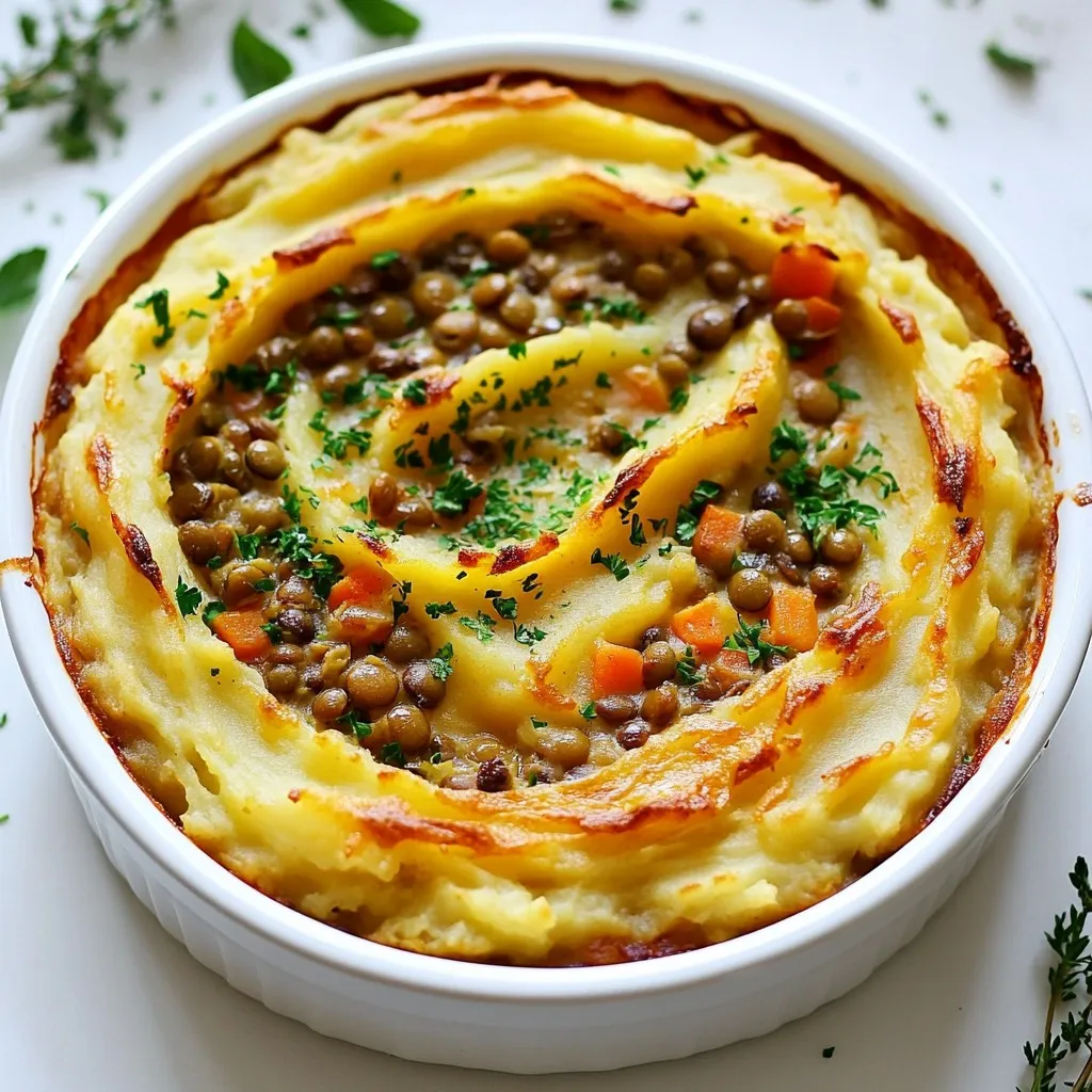 This dish has simple, wholesome ingredients that create a cozy meal. Here’s what you need: - 1 cup brown or green lentils, rinsed - 4 cups vegetable broth - 1 large onion, finely diced - 2 cloves garlic, minced - 2 carrots, diced into small pieces - 2 celery stalks, diced - 1 cup frozen peas - 2 tablespoons tomato paste - 1 tablespoon soy sauce or tamari - 1 teaspoon dried thyme - 1 teaspoon dried rosemary - Salt and pepper to taste - 4 large potatoes, peeled and cubed - 1/4 cup almond milk (or any non-dairy milk of choice) - 2 tablespoons nutritional yeast (optional, for a cheesy flavor) - 2 tablespoons olive oil These ingredients work together to create a rich and hearty pie. You can add a few extra ingredients to make the pie even tastier: - Chopped mushrooms for an earthy flavor - Fresh herbs like parsley or chives for a pop of freshness - A dash of hot sauce for some heat - A sprinkle of smoked paprika for a smoky kick These options can give your shepherd's pie a unique twist. This dish is not only tasty but also packs a nutrient punch. Here’s a quick look at the nutrition: - Lentils: Great source of protein and fiber. - Vegetables: Full of vitamins and minerals. - Potatoes: Provide energy and are rich in potassium. - Nutritional yeast: Offers B vitamins and a cheesy flavor without dairy. Each serving is filling, satisfying, and good for you. Enjoy this comforting vegan dish! {{ingredient_image_2}} To start, rinse one cup of lentils under cold water. Then, add the lentils to a medium pot with four cups of vegetable broth. Bring this mix to a boil over high heat. Once boiling, lower the heat and cover the pot. Let the lentils simmer for about 25 to 30 minutes. They should be tender but not mushy. After cooking, drain any extra liquid. Next, grab a large skillet and heat two tablespoons of olive oil over medium heat. Add one finely diced onion and two minced garlic cloves. Sauté for about three to four minutes until the onion turns translucent. Then, add two diced carrots and two diced celery stalks. Stir often for five to seven minutes. After that, mix in one cup of frozen peas and cook until the veggies are tender and colorful. Once your veggies are ready, it's time to add the lentils. Pour the cooked lentils into the skillet. Add two tablespoons of tomato paste, one tablespoon of soy sauce or tamari, one teaspoon of dried thyme, and one teaspoon of dried rosemary. Season with salt and pepper to taste. Stir everything together and let it cook for another five minutes. This allows all the flavors to blend perfectly. Now, let’s make the creamy topping. Peel and cube four large potatoes. Place them in a large pot of salted water and boil until they are fork-tender, which takes about 15 to 20 minutes. After cooking, drain the potatoes and return them to the pot. Stir in one-quarter cup of almond milk and two tablespoons of nutritional yeast if you like a cheesy flavor. Mash the potatoes until they are smooth and creamy. Preheat your oven to 400°F (200°C). In a baking dish, evenly spread the lentil and vegetable mix at the bottom. Spoon the creamy mashed potatoes on top, smoothing them out with a spatula. Bake this pie in the preheated oven for about 20 to 25 minutes. The potato topping should be golden, and the edges should bubble. When done, take it out and let it cool for a few minutes before serving. To get the best lentils, rinse them well. Use one cup of brown or green lentils. Cook them in four cups of veggie broth. Bring it to a boil, then lower the heat. Cover and let them simmer for 25 to 30 minutes. Check for tenderness, but don’t let them get mushy. If there’s leftover liquid, drain it off. Perfectly cooked lentils make the filling hearty and tasty. For a flavor boost, sauté the onions and garlic first. Cook them in olive oil until soft and fragrant. Add diced carrots and celery next. This mix gives a nice crunch. Frozen peas add sweetness and color. Make sure to stir in the tomato paste and soy sauce. Herbs like thyme and rosemary add depth. These steps build layers of flavor, making each bite delicious. Serving this dish nicely makes it special. Use a baking dish that looks good on the table. Spoon the lentil mix evenly in the bottom. Then, spread the creamy mashed potatoes on top. Smooth them out for a nice finish. For a pop of color, sprinkle fresh parsley on top. A drizzle of olive oil before serving adds shine and flavor. This way, your Vegan Lentil Shepherd’s Pie looks as good as it tastes! Pro Tips Use Fresh Herbs: Fresh herbs like parsley or chives can enhance the flavors of your shepherd’s pie. Add them just before serving for a burst of freshness. Customize Your Veggies: Feel free to swap out or add any vegetables you have on hand, such as bell peppers or mushrooms, to make the dish your own. Perfectly Creamy Potatoes: For an extra creamy texture in your mashed potatoes, use a potato ricer or food mill instead of a traditional masher. Make It Ahead: Assemble the pie in advance and store it in the fridge. Just pop it in the oven when you’re ready to serve for a convenient meal. {{image_4}} To make this pie gluten-free, use tamari instead of soy sauce. Additionally, check your vegetable broth for gluten-free options. It’s crucial to ensure that any added sauces or extras are gluten-free as well. This way, you can enjoy the dish without worry. You can boost the nutrition and flavor by adding more vegetables. Consider adding chopped bell peppers, zucchini, or mushrooms. These veggies blend well with the lentils and give extra texture. Just remember to chop them small so they cook evenly. You can also add spinach or kale for a pop of color and nutrients. While creamy potatoes are classic, you have options. Try using sweet potatoes for a sweeter taste. You can also use cauliflower for a lighter topping. Steam and mash the cauliflower before spreading it on top. Each of these alternatives adds a unique twist and keeps the dish exciting. To keep your Vegan Lentil Shepherd's Pie fresh, store it properly. Allow it to cool first. Then, place it in an airtight container. This helps keep out air and moisture. If you have leftovers, you can store them in the fridge for up to five days. Always label the container with the date. This way, you know when to enjoy it again. You can also freeze your shepherd's pie. To do this, let it cool completely. Then, wrap the dish tightly in plastic wrap. After that, cover it with aluminum foil. This double wrap prevents freezer burn. You can freeze it for up to three months. When you're ready to eat, thaw it overnight in the fridge. This makes reheating easier. To reheat your shepherd's pie, preheat the oven to 350°F (175°C). Remove the foil and plastic wrap. Cover it with foil again to keep the moisture in. Bake for about 25-30 minutes. Check to see if it's hot all the way through. For a crispier top, remove the foil for the last 10 minutes. Enjoy your hearty dish warm and flavorful! I recommend using brown or green lentils. They hold their shape well and have a nice texture. Red lentils cook quickly and become mushy, which isn’t ideal for this dish. Yes, you can prepare this dish ahead of time. Cook the lentils and veggies, then store them in the fridge. You can make the mashed potatoes too. When ready to eat, just assemble and bake! To make this dish oil-free, simply skip the olive oil for sautéing. Use vegetable broth or water instead. This way, you still get soft veggies without the oil. If you want alternatives to potatoes, try cauliflower or sweet potatoes. Both mash well and give a unique flavor. You can also use a mix of both for added taste and texture. Vegan lentil shepherd's pie is nutritious and tasty. You learned the main ingredients and how to make it step-by-step. We covered tips to ensure perfect lentils and enhance flavors. Plus, you found variations for gluten-free needs and extra veggies. Finally, we discussed storage methods and reheating tips. This dish is easy to adapt and fun to make. Enjoy your cozy meal!