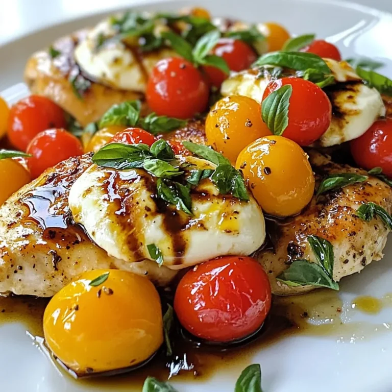 - 2 boneless, skinless chicken breasts - 1 cup cherry tomatoes, halved - 1 cup fresh mozzarella balls, drained and patted dry - 1/2 cup balsamic vinegar - 2 tablespoons extra-virgin olive oil - 1 tablespoon honey - 1 clove garlic, finely minced - 1 cup fresh basil leaves, roughly torn - 1 teaspoon dried oregano When I make Balsamic Glazed Caprese Chicken, I focus on fresh, high-quality ingredients. The chicken breasts are the star of the dish. They soak up all the tasty flavors. The cherry tomatoes add a pop of color and sweetness. The fresh mozzarella gives a lovely creaminess that balances the dish. For the marinade, I use balsamic vinegar to add tang. The olive oil gives richness, while honey brings a hint of sweetness. This mix creates a wonderful glaze that coats the chicken perfectly. I never skip the flavor boosters. Fresh garlic brings a warm, aromatic note. Basil adds a bright, herbal touch that elevates the dish. Dried oregano gives it an earthy flavor that ties everything together. These ingredients work in harmony to create a delicious meal you can enjoy any night of the week. {{ingredient_image_2}} - Preheat your oven to 400°F (200°C). This step is key for even cooking. - Season both sides of the chicken breasts with salt and black pepper. This gives the chicken great flavor. - Heat a large, oven-safe skillet over medium-high heat. Add 2 tablespoons of olive oil. - Once the oil is shimmering, add the seasoned chicken. Sear each side for 4-5 minutes. Look for a nice golden-brown color. - In a small bowl, whisk together 1/2 cup balsamic vinegar, 1 tablespoon honey, 1 clove of minced garlic, and 1 teaspoon dried oregano. This glaze brings sweetness and depth. - Pour the glaze over the seared chicken in the skillet. Make sure the chicken is nicely coated. - Sprinkle 1 cup of halved cherry tomatoes, 1 cup of drained mozzarella balls, and 1 cup of torn fresh basil over the chicken. This adds color and flavor. - Carefully transfer the skillet to your preheated oven. - Bake for 20-25 minutes. The chicken should reach an internal temperature of 165°F (74°C) when done. - Once baked, let the chicken rest for 5 minutes. This helps the juices stay in the meat. - For presentation, plate the chicken and spoon some roasted tomatoes and mozzarella over the top. A drizzle of extra balsamic glaze and whole basil leaves make it look special. Enjoy your meal! To get a great sear, first manage your heat. Start with medium-high heat. This makes the oil hot enough to cook the chicken well. When the oil shimmers, it’s ready. Next, use salt and pepper wisely. Season both sides of the chicken breasts. This adds flavor and helps create a nice crust. Don’t rush this step; it makes a big difference. Balancing sweetness and acidity is key. Use the honey to add sweetness to the balsamic vinegar. This mix gives a rich flavor. If it tastes too sweet, add more vinegar. Adjust until it suits your taste. Using fresh ingredients also helps. Fresh basil, mozzarella, and tomatoes give bright flavors. They make the dish pop. Always try to use the freshest ingredients you can find. For side dish ideas, think of easy options. A simple green salad pairs well. Roasted vegetables also make a great choice. They complement the chicken’s rich flavors nicely. When it comes to wine, choose a light red. A Pinot Noir or Chianti works well. These wines enhance the flavors without overpowering them. Enjoy your meal! Pro Tips Resting the Chicken: Allowing the chicken to rest for a few minutes after cooking helps retain its juices, resulting in a more tender and flavorful dish. Choosing Fresh Ingredients: Opt for the freshest mozzarella, basil, and tomatoes you can find, as they significantly enhance the flavor profile of the dish. Perfect Balsamic Glaze: To intensify the sweetness and flavor of the balsamic vinegar, consider simmering it on the stove until it thickens slightly before adding it to the chicken. Experiment with Herbs: Feel free to mix in other herbs like thyme or rosemary for an added depth of flavor and a unique twist to the classic Caprese taste. {{image_4}} You can switch the chicken for turkey or pork. Both options cook well and add unique flavors. Turkey breasts are lean and tender, making them a great substitute. Pork chops bring a juicy, hearty taste. If you prefer plant-based meals, try using tofu or tempeh. These options soak up the balsamic glaze beautifully. Feel free to play with herbs and spices. Use fresh thyme or rosemary for a different taste. You can also add some chopped bell peppers for color and crunch. Seasonal veggies like zucchini or asparagus pair well too. Just roast them with the chicken for a tasty twist. Want to kick up the heat? Add red pepper flakes to the glaze. It gives a nice balance to the sweet balsamic. You can also experiment with different vinegars. Try apple cider vinegar for a fruitier taste or red wine vinegar for depth. Each option can make your dish more exciting. To keep your Balsamic Glazed Caprese Chicken fresh, store it in the fridge. Place the chicken in an airtight container. This keeps moisture in and prevents odors from mingling. Make sure to eat it within three days for the best taste. When you want to enjoy your leftovers, the best method is to reheat in the oven. Preheat your oven to 350°F (175°C). Place the chicken on a baking sheet and cover it with foil. This helps keep the chicken moist. Heat for about 15-20 minutes until warm. You can also use a microwave, but this may make the chicken a bit rubbery. If you want to save your chicken for later, it freezes well. Let the chicken cool fully before freezing. Wrap it tightly in plastic wrap, then place it in a freezer bag. This keeps the flavor and texture intact. When you’re ready to eat, thaw the chicken in the fridge overnight. This way, it stays juicy and delicious. You can pair this dish with many sides. Here are some tasty options: - Garlic bread - Steamed green beans - Roasted asparagus - Mixed green salad - Quinoa or rice These sides add flavor and color to your meal. They also balance the dish's richness. Yes, you can prepare Balsamic Glazed Caprese Chicken ahead of time. Here’s how: - Season the chicken and make the balsamic glaze. - Store them in separate containers in the fridge. - Combine them before cooking, or bake the chicken right away. This makes meal prep easy and saves time on busy days. Check the chicken’s internal temperature. It should reach 165°F (74°C) for safety. - Use a meat thermometer for the best results. - Insert it into the thickest part of the chicken. When it’s done, the juices will run clear and the meat will be firm. Yes, you can use balsamic glaze instead of vinegar. However, the flavor will change. - Balsamic glaze is sweeter and thicker. - It adds a rich, deep flavor to the dish. If you like a sweet taste, go for the glaze. If you prefer tang, stick with vinegar. This blog post covered how to prepare Balsamic Glazed Caprese Chicken. We looked at the key ingredients like chicken breasts, cherry tomatoes, and fresh mozzarella. I shared step-by-step instructions from searing to baking, plus tips for perfect flavor balance. You learned about variations and how to store leftovers. With this dish, you can impress anyone at the table. Enjoy experimenting with flavors and techniques to make it your own. Cooking can be fun and delicious!