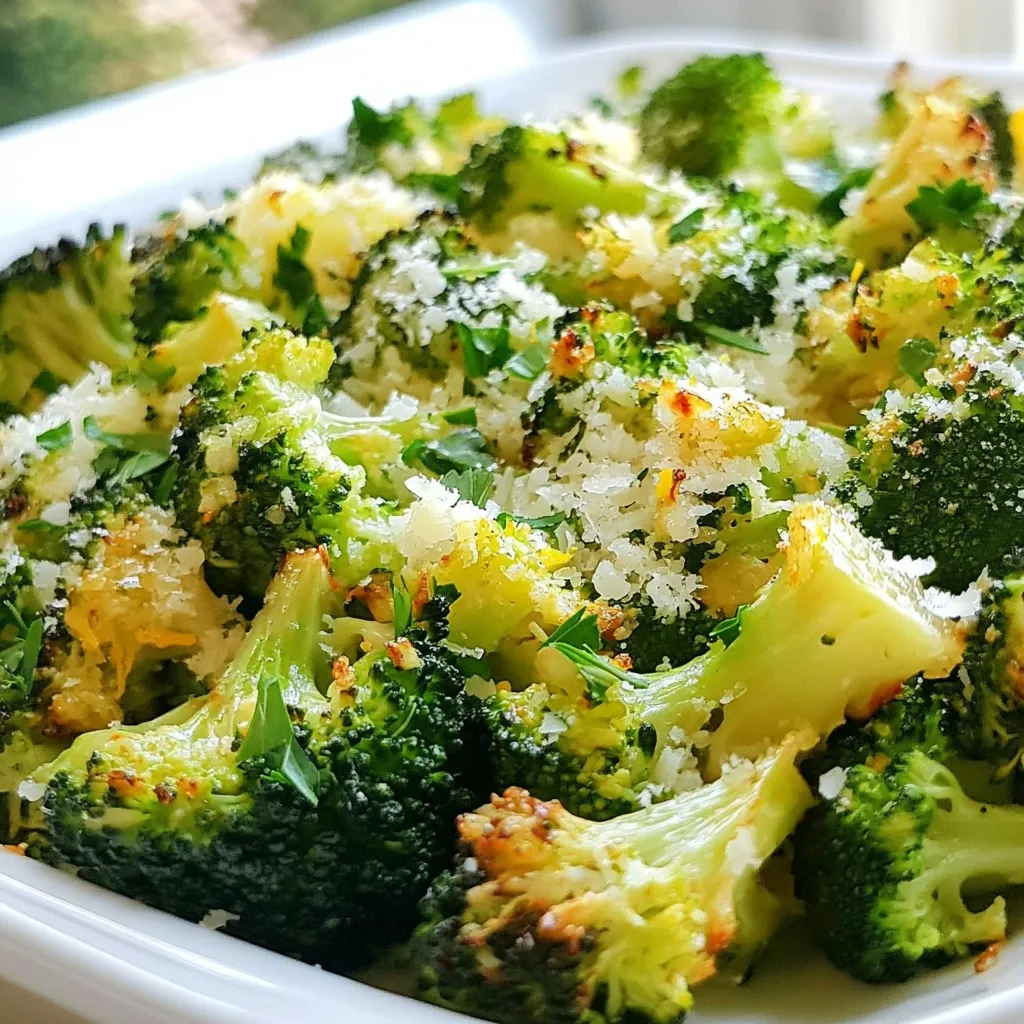 To make Garlic Parmesan Roasted Broccoli, gather these simple items: - 1 large head of broccoli, cut into bite-sized florets - 4 cloves of garlic, finely minced - 1/4 cup freshly grated Parmesan cheese - 3 tablespoons extra virgin olive oil - 1 teaspoon freshly grated lemon zest - 1/2 teaspoon red pepper flakes (optional) - Salt and black pepper, to taste - Fresh parsley, finely chopped (for garnish) You can swap some items if needed. Use frozen broccoli for fresh if that's easier. You can also use grated cheese instead of fresh Parmesan. If you want less fat, try cooking spray instead of olive oil. For a dairy-free option, use nutritional yeast instead of cheese. Want to add more flavor? Try these fun add-ins: - Lemon juice: A splash adds zing. - Balsamic vinegar: A drizzle can add depth. - Nuts: Chopped almonds or walnuts add crunch. - Other spices: Try garlic powder or paprika for a twist. These options can help you customize your dish! {{ingredient_image_2}} First, preheat your oven to 425°F (220°C). This step warms the oven and helps the broccoli roast well. Next, grab a baking sheet and line it with parchment paper. This makes cleanup easier later. In a large mixing bowl, add the bite-sized broccoli florets. Toss in four cloves of finely minced garlic. Then, pour in three tablespoons of extra virgin olive oil. Add one teaspoon of freshly grated lemon zest for a bright taste. If you like some heat, you can sprinkle in a half teaspoon of red pepper flakes. Don’t forget to season with salt and black pepper! Mix everything together until each floret is well coated. Spread the broccoli mixture evenly on the baking sheet in a single layer. This step ensures even roasting. Place the sheet in the preheated oven. Roast the broccoli for about 20 minutes. Halfway through, give it a good stir for even cooking. When the broccoli is tender and has crispy edges, take it out. Immediately sprinkle a quarter cup of freshly grated Parmesan cheese over the hot broccoli. Toss gently to mix; the heat will melt the cheese. Return it to the oven for two more minutes until the cheese is bubbly. Finally, garnish with finely chopped parsley for color and flavor. Enjoy your delicious Garlic Parmesan Roasted Broccoli! To get the best roasted broccoli, choose a large head. Cut it into bite-sized florets for even cooking. Make sure they are similar in size. This helps them cook at the same rate. Preheat your oven to 425°F (220°C). A hot oven makes the edges crispy while keeping the center tender. Spread the florets out on the baking sheet. Avoid crowding them, as this can lead to steaming instead of roasting. Stir the broccoli halfway through cooking to ensure even browning. This simple step gives you crispy edges and bright green color. Garlic is key to this dish's flavor. Freshly minced garlic adds a strong taste. Mix it with olive oil, lemon zest, and red pepper flakes for extra zing. The lemon zest brightens the dish and keeps it fresh. Adjust the red pepper flakes based on your heat preference. Don't forget to generously season with salt and black pepper. This enhances the natural flavor of the broccoli. After roasting, sprinkle freshly grated Parmesan cheese on top. This adds richness and a savory finish. Serve your garlic Parmesan roasted broccoli warm for the best taste. It pairs well with many main dishes like grilled chicken or fish. For a colorful presentation, use a bright platter. Add fresh parsley on top for a pop of green. You can also serve lemon wedges on the side. This gives an extra burst of flavor. Enjoy this dish as a side or snack! The crispy texture and cheesy goodness make it a hit with everyone. Pro Tips Choose Fresh Broccoli: Look for bright green florets and firm stalks. Fresh broccoli will have a better texture and flavor when roasted. Minced Garlic Technique: Use a microplane or garlic press to finely mince the garlic, which will help it infuse more flavor into the broccoli as it roasts. Variations with Cheese: Experiment with different cheeses like Pecorino Romano or nutritional yeast for a dairy-free option, to add a unique twist to the dish. Perfect Roasting Time: Keep an eye on the broccoli during roasting; ovens can vary, and you want the broccoli to be tender but still vibrant green. {{image_4}} You can switch up the cheese for more flavor. Try using aged cheddar or feta. Both add a unique taste. Mix and match to find your favorite. Each cheese brings its own charm to the dish. Don't be afraid to experiment! Broccoli is great, but you can add other veggies too. Cauliflower, carrots, or Brussels sprouts work well. Just cut them into similar sizes. This way, they all cook evenly. Mixing in different colors makes the dish more fun and tasty! Seasonal veggies can change the dish every time you make it. In spring, add asparagus for a fresh touch. In fall, try sweet potatoes for a sweeter flavor. Each season offers new veggies to explore. Enjoy the variety and let nature inspire you! To keep your Garlic Parmesan Roasted Broccoli fresh, let it cool first. Place the cooled broccoli in an airtight container. It should last in the fridge for about 3 days. If you want to keep it longer, you can freeze it. Reheating is easy! You can use the oven, microwave, or stovetop. For the oven, preheat it to 350°F (175°C). Spread the broccoli on a baking sheet and heat for about 10 minutes. This keeps it crispy. If you use the microwave, heat it in short bursts. Stir it to make sure it warms evenly. If you want to freeze the broccoli, first, blanch it. Boil it for 2-3 minutes, then cool it in ice water. Drain well and spread it on a baking sheet. Freeze the pieces until solid, then transfer them to a freezer bag. It will stay good for about 3 months. When you're ready, just reheat straight from frozen, adding a few minutes to your cooking time. Yes, you can use frozen broccoli. It saves time and is still tasty. Just thaw it first. Pat it dry with a paper towel to remove extra moisture. This helps the broccoli roast better and get crispy. To make this recipe vegan, skip the Parmesan cheese. You can use nutritional yeast instead. It gives a cheesy flavor without using dairy. Also, check your olive oil choice. Make sure it’s free from any animal products. Garlic Parmesan Roasted Broccoli pairs well with many dishes. Try it with grilled chicken or fish for a healthy meal. It also goes great with pasta or quinoa for a filling option. Serve it alongside a fresh salad for a bright touch. This post covered the best ways to make perfect garlic Parmesan roasted broccoli. We explored ingredients, mixing methods, and roasting tips. I shared advice on flavoring and serving options, along with variations and storage tips. Remember, roasting enhances the taste and texture. Experiment with cheeses and veggies for fun twists. Enjoy your delicious dish knowing how to make it even better next time. Roasted broccoli can shine on your table!