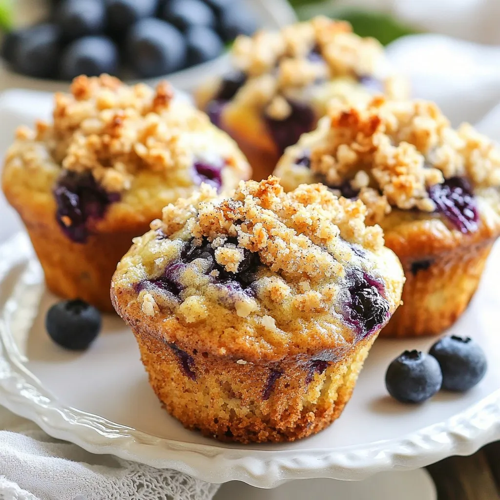 - 1 ½ cups all-purpose flour - ½ cup granulated sugar - ½ teaspoon baking powder - ½ teaspoon baking soda - ½ teaspoon salt - 1 large egg - ½ cup buttermilk (or yogurt) - ⅓ cup vegetable oil - 1 teaspoon vanilla extract - 1 cup fresh or frozen blueberries - For the crumble topping: - ½ cup rolled oats - ¼ cup brown sugar - ¼ cup all-purpose flour - ¼ teaspoon cinnamon - 3 tablespoons cold butter, diced The base of the muffins is all-purpose flour, which gives them a nice, light texture. I use granulated sugar to sweeten the batter just right. Baking powder and baking soda help them rise, making them fluffy. Salt enhances the flavor, balancing the sweetness. The egg adds richness and binds everything together. Buttermilk, or yogurt, keeps the muffins moist and adds a slight tang. Vegetable oil makes the muffins tender, while vanilla extract gives a lovely aroma. The star of the show is, of course, the blueberries. They add bursts of sweetness and color. For the crumble topping, rolled oats provide a hearty texture. Brown sugar adds a deep flavor, while flour helps bind it all. A pinch of cinnamon adds warmth, and cold butter creates that delightful crumbly texture. If you need a gluten-free option, use a 1:1 gluten-free flour blend in place of all-purpose flour. For a dairy-free option, replace buttermilk with almond milk mixed with a little vinegar. You can swap the egg with a flaxseed meal mixed with water for a vegan alternative. For lower sugar, you can cut back on granulated sugar and use a sugar substitute. The crumble can be made with coconut oil instead of butter for a dairy-free version. These swaps keep the muffins tasty while meeting different dietary needs. {{ingredient_image_2}} Start by preheating your oven to 350°F (175°C). This step is key for even cooking. Line a muffin tin with paper liners or grease it lightly. This helps the muffins release easily when baked. In a large bowl, mix together 1 ½ cups of all-purpose flour, ½ cup of granulated sugar, ½ teaspoon of baking powder, ½ teaspoon of baking soda, and ½ teaspoon of salt. Stir well until all the dry ingredients are combined. This blend creates a great base for your muffins. In a separate bowl, crack 1 large egg and beat it lightly. Add ½ cup of buttermilk (or yogurt), ⅓ cup of vegetable oil, and 1 teaspoon of vanilla extract. Whisk everything together until smooth. This mixture adds moisture to the muffins. Make a well in the center of the dry ingredients. Pour the wet mixture into this well. Gently stir with a spoon or spatula until just combined. It’s okay if there are a few lumps; overmixing can make them tough. Carefully fold in 1 cup of fresh or frozen blueberries. Use a spatula and be gentle to avoid smashing the berries. This step adds bursts of flavor and color to each muffin. In a small bowl, combine ½ cup of rolled oats, ¼ cup of brown sugar, ¼ cup of all-purpose flour, and ¼ teaspoon of cinnamon. Add 3 tablespoons of cold, diced butter. Mix with your fingers or a fork until it resembles coarse crumbs. This topping gives a sweet crunch. Divide the muffin batter evenly among the muffin cups, filling each about ¾ full. Sprinkle the crumble topping generously over each muffin. This creates a delightful texture. Place the muffin tin in your preheated oven. Bake for 18-20 minutes. Check for doneness by inserting a toothpick into the center. It should come out clean when they’re ready. Let the muffins cool in the pan for about 5 minutes. Then, transfer them to a wire rack to cool completely. Serve warm or at room temperature. Drizzle with honey or maple syrup for extra sweetness, and top with a fresh blueberry for a lovely touch. Enjoy your delicious blueberry crumble muffins! To make perfect blueberry muffins, follow these steps: - Use fresh ingredients. Fresh eggs and milk give the best results. - Don’t overmix the batter. Mix just until combined for light muffins. - Fill muffin cups to about ¾ full. This helps them rise nicely. - Bake at 350°F (175°C) for 18-20 minutes. This temperature gives a golden top. Many home cooks make these common mistakes: - Overmixing the batter makes muffins tough. Mix until just combined. - Not preheating the oven can lead to uneven baking. Always preheat first. - Skipping the crumble topping removes texture and flavor. Don’t skip it! Handling blueberries carefully is key. Here are some tips: - Rinse fresh blueberries gently under cool water. Pat them dry with a towel. - If using frozen blueberries, do not thaw them. Add them directly to the batter. - Fold blueberries in gently. This keeps them whole and prevents purple batter. Following these tips will help you create delicious blueberry crumble muffins every time! Pro Tips Fresh vs. Frozen Blueberries: If using frozen blueberries, do not thaw them before adding to the batter; this prevents them from bleeding into the muffins and keeps the color vibrant. Perfectly Light Muffins: Be careful not to overmix the batter when combining wet and dry ingredients. A few lumps are perfectly fine and will result in a fluffier muffin. Chill Your Butter: Ensure the butter for the crumble topping is cold before mixing to achieve that desired crumbly texture, giving the muffins a delightful crunch on top. Storage Advice: Store the muffins in an airtight container at room temperature for up to 3 days or freeze them for longer storage. Just reheat them in the microwave for a few seconds before serving! {{image_4}} You can swap blueberries for other fruits. Raspberries or strawberries work great. Chopped peaches add a nice touch too. Mix and match to find your favorite flavors. Every fruit brings its own taste and charm. Want to make these muffins healthier? Try whole wheat flour instead of all-purpose flour. You can use honey or maple syrup instead of granulated sugar. Greek yogurt can replace buttermilk. These swaps keep the muffins tasty while adding nutrition. Adding lemon zest gives a bright flavor. Just a teaspoon can lift your muffins. For a nutty taste, try almond extract. Mix in a little for a nice twist. These flavors make your muffins extra special and fun! To keep your blueberry muffins fresh, store them in an airtight container. Place them on the counter if you plan to eat them within 2 days. If you want to keep them longer, consider refrigeration. Just remember, refrigeration can change the texture slightly. If you want to freeze your muffins, let them cool completely. Wrap each muffin in plastic wrap, then place them in a freezer bag. Remove as much air as possible before sealing. They can last up to 3 months in the freezer. To reheat muffins, use the microwave for about 10-15 seconds. This way, they stay soft and warm. You can also use the oven. Preheat it to 350°F, and heat the muffins for about 5-7 minutes. Enjoy them warm for the best flavor! You can tell the muffins are done when they turn golden brown. Insert a toothpick in the center. If it comes out clean, they are ready. Bake them for 18-20 minutes for best results. Yes, you can use frozen blueberries! They work well in this recipe. Just fold them in gently. They may cause the batter to be a bit purple, but that’s okay. The taste will still be delicious! If you don’t have buttermilk, you can use yogurt instead. Plain yogurt gives a nice flavor. Mix one tablespoon of lemon juice or vinegar with regular milk to make your own buttermilk. Let it sit for five minutes before using. Blueberry muffins last for about three days at room temperature. Keep them in an airtight container to stay fresh. You can also store them in the fridge for up to a week. Yes, you can make the batter in advance! Just cover it and keep it in the fridge for up to 24 hours. When ready to bake, give it a gentle stir and fill your muffin cups. Enjoy fresh muffins anytime! We explored how to make tasty blueberry crumble muffins. You learned about key ingredients and smart substitutions for different diets. The step-by-step guide made it easy to prepare and bake. Tips helped you avoid common mistakes. We also covered tasty variations and storage advice for leftovers. Now, you can enjoy these muffins fresh or saved for later! Happy baking!