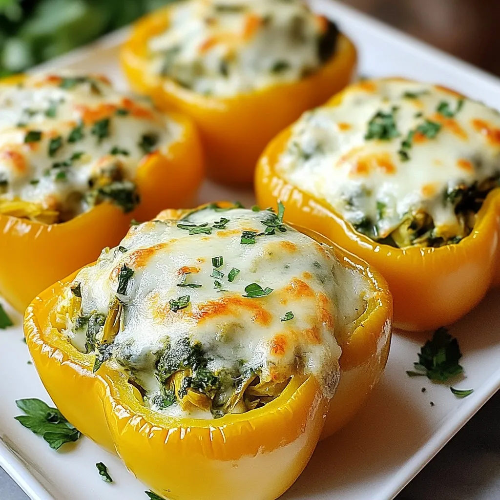 - 4 large bell peppers (various colors) - 1 cup fresh spinach, finely chopped - 1 cup canned artichoke hearts, drained and chopped - 1 cup cream cheese, softened - 1/2 cup sour cream - 1/2 cup grated Parmesan cheese - 1/2 cup shredded mozzarella cheese - 2 cloves garlic, minced - 1 teaspoon onion powder - 1/2 teaspoon red pepper flakes (optional) - Salt and pepper to taste - Olive oil for drizzling To make your Spinach Artichoke Stuffed Peppers, gather these ingredients first. Start with four large bell peppers. You can choose red, yellow, green, or orange. Each color adds a fun touch to your dish. Next, you need fresh spinach. Make sure it is finely chopped to mix well. Canned artichoke hearts are your next item. Drain them first, then chop them into small pieces. For the creamy base, you will use cream cheese. It should be softened so it mixes easily. Sour cream adds richness, while grated Parmesan brings a nice salty flavor. Shredded mozzarella is for topping, giving that delicious cheesy crust. You will also need minced garlic for flavor. Onion powder adds depth, and red pepper flakes give a bit of heat if you like spice. Don't forget to season with salt and pepper. Finally, drizzle olive oil on the peppers for a nice finish. Having all these ingredients ready will make cooking much easier and more fun! Enjoy the process of creating this delightful dish. {{ingredient_image_2}} - Preheat oven to 375°F (190°C). - Prepare bell peppers by cutting tops and removing seeds. To start, you need to get your oven hot. This helps cook the peppers just right. While the oven heats, grab your bell peppers. Cut off the tops and take out the seeds. You want the insides to be clean. I like to use a mix of colors. It makes the dish look fun and bright! - Combine cream cheese, sour cream, and Parmesan. - Add spinach, artichokes, garlic, onion powder, and seasonings. Next, it’s time to make the filling. In a big bowl, mix the cream cheese, sour cream, and Parmesan together. Use a whisk to make it smooth. Then, toss in the chopped spinach and artichokes. Don't forget the minced garlic and onion powder! If you want a kick, add red pepper flakes. Season with salt and pepper. Mix until everything is well combined. - Spoon filling into peppers and top with mozzarella. - Cover with foil and bake; remove foil for final browning. Now the fun part begins! Spoon the creamy filling into each pepper. Pack it in well, but don’t overflow. Top each pepper with shredded mozzarella cheese. This will create a nice melted layer on top. Cover the dish with foil to keep the moisture in. Bake it for 25 minutes. After that, take off the foil and let them bake for another 15 to 20 minutes. You want the cheese to bubble and turn golden brown. Once done, take them out and let them cool for a few minutes. Enjoy the delicious smell! - For even filling, spoon the mixture into each pepper equally. This helps each bite have the same great taste. - To get a creamy texture, mix your cream cheese and sour cream well. Make sure they are at room temperature for easier blending. - For a lovely display, arrange the stuffed peppers on a colorful platter. Add fresh parsley or basil to brighten the dish. - Pair your meal with a light salad or some crusty bread. A chilled white wine also works well with these flavors. - If your filling tastes bland, add more garlic or salt. Taste as you mix for the best flavor. - If your peppers are not cooking well, check your oven temperature. You may need to bake them longer, especially if your oven runs cool. Pro Tips Choose Colorful Peppers: Using a mix of bell pepper colors not only enhances the visual appeal of your dish but also adds a subtle variation in flavor. Red and orange peppers are sweeter, while green peppers offer a slightly more bitter taste. Prep Ahead: You can prepare the filling a day in advance and store it in the refrigerator. This allows the flavors to meld together beautifully and saves you time on the day of serving. Customize Your Cheese: Feel free to experiment with different cheeses for the topping. Cheddar, gouda, or even vegan cheese can add a unique twist to the classic stuffed pepper flavor. Add a Crunch: For added texture, consider sprinkling some breadcrumbs or crushed crackers over the top of the stuffed peppers before baking. This creates a delightful crunch that complements the creamy filling. {{image_4}} You can easily change the cheese in this dish. Try using goat cheese or feta for a tangy twist. If you want a lighter option, go for a cream alternative like Greek yogurt. The filling also allows for creativity with veggies. Add chopped mushrooms or zucchini for a fun texture and taste. To boost the flavor, think about adding spices or herbs. A pinch of smoked paprika can bring warmth. You might also try fresh herbs like basil or thyme for a fresh note. Canned vegetables can add variety and taste too. Consider diced tomatoes or black olives for even more flavor. For gluten-free eaters, this dish fits perfectly. Just ensure all your ingredients are certified gluten-free. If you prefer vegan options, swap cream cheese and sour cream with plant-based versions. You can even use cashew cream for a rich flavor. Low-carb dieters can skip the peppers and use zucchini boats instead. This keeps the dish flavorful and satisfying! To store leftovers in the fridge, place them in an airtight container. Make sure to let the stuffed peppers cool first. This keeps them fresh and prevents sogginess. The recommended shelf life is about 3 to 4 days. Enjoy them within this timeframe for the best taste! For freezing stuffed peppers, wrap each one tightly in plastic wrap. Then, place them in a freezer-safe bag or container. This helps avoid freezer burn. You can freeze them for up to 3 months. When you are ready to eat, thaw them in the fridge overnight. To reheat, place the thawed peppers in an oven at 350°F (175°C) until they are hot. This keeps the texture nice and creamy. To reheat without losing texture, use the oven instead of the microwave. Cover the peppers with foil to keep moisture in. Bake until they are warm, about 15-20 minutes. You can also freshen up leftovers by adding a sprinkle of cheese on top before reheating. This gives the dish a nice, gooey layer that makes it feel new again! Stuffed peppers cook for about 40 to 45 minutes in the oven. First, bake them covered for 25 minutes. Then, remove the foil and bake for another 15 to 20 minutes. This gives you tender peppers and bubbly cheese. Yes, you can make stuffed peppers ahead of time! Prepare the filling and stuff the peppers. Then, cover them and store in the fridge for up to a day. Bake them right before serving for the best taste. If you don't have artichokes, try using chopped mushrooms or diced zucchini. Both add great flavor and texture. You can also use sun-dried tomatoes for a different twist. Absolutely! You can use any bell pepper colors you like, such as red, yellow, or green. You can also try mini sweet peppers for smaller bites or poblano peppers for a spicy kick. Serve stuffed peppers on a colorful platter for a fun look. Garnish with fresh herbs like parsley or basil. Drizzle balsamic reduction on top for extra flavor. Pair them with a side salad for a complete meal. Stuffed peppers are a fun dish with great flavor and color. You learned about the key ingredients and step-by-step instructions. I shared tips for perfecting your filling and enhancing the dish's taste. The variations help you tailor the recipe to your needs. Plus, storage and reheating tips keep your leftovers tasty. Enjoy making this dish with your own twist! You will impress your friends and family with your skills.