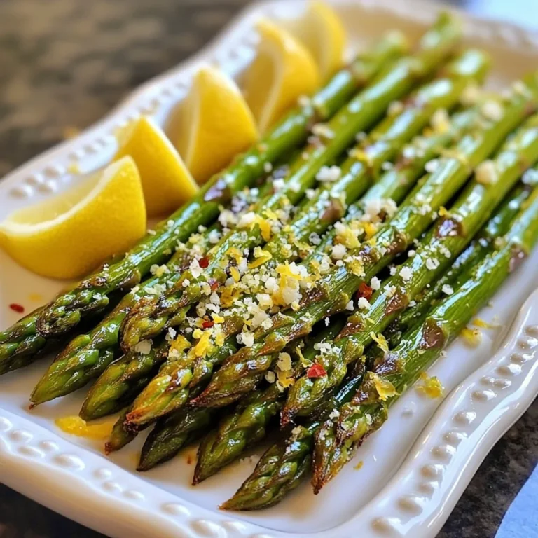 You need 1 pound of fresh asparagus. Look for bright green spears. They should be firm and crisp. Trim the ends to keep them fresh and tasty. This helps remove any tough parts. Next, gather your garlic and lemon. You will use 4 cloves of garlic, finely minced. This adds great flavor. You will also need the zest and juice of 1 large lemon. The lemon gives a bright taste. It makes the dish shine! For seasoning, you need a few key items: - 1 teaspoon sea salt - 1/2 teaspoon freshly ground black pepper - 1/4 teaspoon red pepper flakes (optional) These spices add depth to your dish. If you like cheese, consider adding grated Parmesan cheese as a topping. It melts beautifully and adds a rich taste. {{ingredient_image_2}} Start by preheating your oven to 400°F (200°C). This step is key for roasting. A hot oven helps the asparagus cook well and get a nice crisp. Next, grab a mixing bowl. Add 3 tablespoons of extra virgin olive oil. Then, add 4 cloves of finely minced garlic. Don't forget the zest and juice of 1 large lemon! This adds a fresh kick. Sprinkle in 1 teaspoon of sea salt, 1/2 teaspoon of black pepper, and 1/4 teaspoon of red pepper flakes if you want some heat. Whisk it all together until mixed well. Now, take 1 pound of trimmed asparagus. Place it into the bowl with the lemon garlic mix. Toss the asparagus gently so that each spear gets coated. This is where the flavors come together! After coating, take a baking sheet lined with parchment paper. Spread the asparagus out in a single layer. This helps them roast evenly. Put the baking sheet into your preheated oven. Roast the asparagus for about 15 to 20 minutes. You want them tender but still a bit crisp. If you like cheese, add grated Parmesan during the last 2 minutes of roasting. This gives a lovely, melty finish. When done, take the baking sheet out and serve hot. Drizzle any leftover lemon garlic mix over the top for extra flavor. Enjoy your tasty side! To get the best texture with your asparagus, choose fresh spears. Look for bright green color and firm texture. Trim the tough ends to ensure each bite is tender. When roasting, make sure the spears are in a single layer. This helps them cook evenly. If they overlap too much, they may steam instead of roast. Aim for a crisp outside and a tender inside for the best bite. You can boost the flavor of your roasted asparagus with a few simple extras. Try adding lemon zest and juice to your garlic mixture for a zesty kick. If you like heat, mix in red pepper flakes. For a savory twist, consider adding chopped herbs like thyme or rosemary. You can also experiment with different cheeses. Sprinkle some feta or goat cheese after roasting for a creamy finish. Serving your lemon garlic roasted asparagus can be fun and creative. Use a nice platter to show off the bright green spears. Garnish with fresh lemon wedges for a pop of color. A sprinkle of freshly grated Parmesan adds elegance and flavor. If you're feeling fancy, drizzle some balsamic glaze over the top. This adds a sweet touch that pairs well with the lemon and garlic. Pro Tips Choose Fresh Asparagus: Opt for bright green asparagus with firm, straight stalks. Avoid any with wilted tips or a dull color for the best flavor and texture. Don't Overcrowd the Pan: Ensure the asparagus is in a single layer on the baking sheet. This promotes even roasting and prevents steaming, keeping them crisp. Adjust Roasting Time: Depending on the thickness of the asparagus, you may need to adjust the roasting time. Thicker stalks may require a few additional minutes to become tender. Experiment with Seasonings: Feel free to customize the seasoning mix. Try adding lemon thyme or crushed garlic for an extra layer of flavor. {{image_4}} Adding cheese can make your lemon garlic roasted asparagus even better. Parmesan is great, but you can also try other cheeses. Feta cheese adds a tangy flavor that pairs well with lemon. Goat cheese gives a creamy texture that melts into the asparagus. For a sharp taste, use aged cheddar. Each cheese gives a unique twist to this dish. You can mix in other vegetables for more color and flavor. Carrots roast nicely and add sweetness. Bell peppers bring a crunchy bite and vibrant color. Cherry tomatoes burst with juice when roasted. Just remember to cut them to a similar size as the asparagus for even cooking. Adjusting the seasoning can create a new flavor profile. If you like it spicy, add more red pepper flakes. For a milder taste, skip them entirely. You can also use different herbs. Fresh thyme or rosemary can bring an earthy note. If you prefer a citrus twist, try adding orange zest or juice instead of lemon. After cooking, let the asparagus cool. Place it in an airtight container. You can store it in the fridge for up to three days. This keeps the flavors fresh and the texture nice. If you want, add a damp paper towel in the container. This helps keep the asparagus from drying out. To reheat, use the oven for best results. Preheat the oven to 350°F (175°C). Spread the asparagus on a baking sheet. Heat for about 10 minutes. This warms it through without making it soggy. You can also use a microwave. Place the asparagus on a plate and cover it. Heat for 1-2 minutes, but watch it closely. You want it warm, not overcooked. Freezing is a great option if you have leftovers. First, blanch the asparagus in boiling water for 2-3 minutes. Then, quickly place it in ice water to stop the cooking. Drain and dry well. Place the asparagus in freezer bags, removing as much air as possible. You can freeze it for up to three months. When ready to use, thaw it overnight in the fridge before reheating. You can serve Lemon Garlic Roasted Asparagus with many dishes. It pairs well with grilled chicken. You can also enjoy it with fish or steak. For a vegetarian meal, try it with quinoa or pasta. It adds a nice crunch and fresh taste to any plate. You can even mix it into a salad for added flavor. Asparagus is done when it is tender yet still crisp. You should see a slight browning on the edges. Use a fork to check. If it pierces easily but still has some bite, it’s perfect. Keep an eye on the time, usually around 15 to 20 minutes, to avoid overcooking. Yes, you can use frozen asparagus. However, fresh asparagus gives the best taste and texture. If using frozen, do not thaw it before cooking. Toss it directly in the lemon-garlic mix and roast. You may need to adjust the cooking time to ensure it is cooked through. This blog post offers a guide to making Lemon Garlic Roasted Asparagus. We explored fresh ingredients, step-by-step instructions, and tips for great results. You learned about variations and how to store leftovers. In conclusion, mastering this dish brings vibrant flavors to your meals. With practice, you’ll refine your technique and impress anyone you serve! Enjoy your cooking adventure and savor every bite.