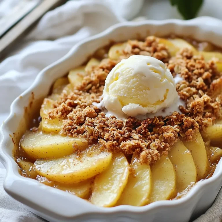 - Apples: I recommend using Granny Smith or Honeycrisp apples. They give a great mix of tart and sweet. Peel, core, and slice them into thin pieces. This helps them cook evenly. - Sweeteners: We use both brown sugar and granulated sugar. Brown sugar adds a rich flavor, while granulated sugar helps balance the sweetness. - Dry Ingredients: For the crumble, you need rolled oats, all-purpose flour, ground cinnamon, and a pinch of nutmeg. These add texture and warmth to the dish. - Butter: Cold unsalted butter is key. It helps create a crumbly topping. Cut it into small cubes before mixing. This keeps the butter cold and helps form those nice crumbs. {{ingredient_image_2}} - Preheat the oven: Start by setting your oven to 350°F (175°C). This gives it time to heat up while you prepare the apples. - Prepare the apple mixture: In a large bowl, combine 4 sliced apples with 1 tablespoon of lemon juice, 1 teaspoon of ground cinnamon, and 1/4 cup of brown sugar. Toss well so all apple slices get coated. Pour this mixture into a greased 9-inch pie dish. - Mixing dry ingredients: In a separate bowl, whisk together 1/2 cup of rolled oats, 1/2 cup of all-purpose flour, 1/4 cup of brown sugar, 1/4 cup of granulated sugar, 1/4 teaspoon of sea salt, and 1/4 teaspoon of ground nutmeg if you choose to add it. This will create a flavorful base for your topping. - Incorporating the butter: Cut 1/2 cup of cold unsalted butter into small cubes. Add it to the dry mixture. Use a pastry cutter or fork to mix until you see coarse crumbs. Some butter pieces should be the size of peas. - Layering the apple and crumble: Spread the crumble topping evenly over the apple layer in your baking dish. Make sure to cover all the apples well. This will create a nice crunchy layer on top. - Baking time and temperature: Place the dish in the oven and bake for 35-40 minutes. Look for tender apples and a golden-brown topping. This shows it's ready to enjoy. For a great crumble texture, you need to focus on blending the butter well. I like to use my fingertips to mix the cold butter into the dry ingredients. This helps keep small chunks of butter, which is key. Aim for a mix that looks like coarse crumbs. Baking time is also important. Bake your crumble for 35 to 40 minutes. You want the apples to be soft and the topping to be golden brown. If it browns too fast, cover it with foil. You can boost the flavor with different spices. Try adding a touch of ginger or cloves for a twist. If you want a deeper flavor, mix in some ground nutmeg. You can also switch up the toppings. Toasted nuts or shredded coconut add great texture and taste. Mix-ins can make your crumble special too. Consider adding raisins or dried cranberries for a fruity kick. They pair nicely with the apple and cinnamon. Serving this crumble warm is a must. I love pairing it with vanilla ice cream. The cold ice cream melts into the warm crumble, creating a perfect combo. Whipped cream is another great choice if you prefer something lighter. For garnishing, you can sprinkle a little cinnamon on top. Thin apple slices make a pretty touch too. A sprig of mint can add a fresh look and hint of flavor. Enjoy your delicious dessert! Pro Tips Choose the Right Apples: Using a mix of tart and sweet apples, like Granny Smith and Honeycrisp, will give your crumble a delightful flavor balance. Keep Butter Cold: Ensure your butter is cold to achieve a flaky, crumbly topping. This will create that perfect texture when baked. Don’t Overmix: When combining the butter with the dry ingredients, mix just until crumbly. Overmixing can lead to a dense topping. Let it Cool: Allow the crumble to cool for a few minutes before serving. This helps the flavors meld and makes it easier to scoop. {{image_4}} You can use different fruits for your crumble. Pears are a great choice. They add a sweet flavor. Berries, like blueberries or raspberries, work well too. They give a nice tartness. When using these fruits, adjust the sugar. Berries are sweeter, so use less sugar. For pears, you might want to add a touch more lemon juice. This keeps them from browning too quickly. If you need a gluten-free version, don't worry! You can swap the all-purpose flour. Use almond flour or a gluten-free blend instead. These options work well. Also, you can use gluten-free oats. Check the package to ensure they are certified gluten-free. This way, everyone can enjoy your crumble. For a healthier dessert, try reducing the sugar. You can cut the brown sugar in half. Use natural sweeteners like maple syrup or honey instead. They add a unique flavor. Adding nuts or seeds is another great idea. Chopped walnuts or flaxseeds can boost nutrition. They add crunch and healthy fats. This makes your crumble tasty and good for you. To keep your Cinnamon Apple Crumble fresh, store it in the fridge. Use an airtight container to avoid moisture. It stays fresh for about 3 to 5 days. You can also cover it with plastic wrap or aluminum foil. Always let it cool completely before storing. If you want to freeze your crumble, first let it cool down. Then, wrap it tightly in plastic wrap. Place it in a freezer-safe bag or container. It can last for up to 3 months in the freezer. When you’re ready to eat it, thaw it in the fridge overnight. Reheat it in the oven at 350°F until warm. This keeps the topping nice and crunchy. Yes, you can make it ahead! Prepare the apple filling and topping separately. - Mix the apples with lemon juice, cinnamon, and sugar. - Store the filling in the fridge for up to one day. - Prepare the crumble topping and keep it in a separate bowl. - When ready to bake, combine them and follow the baking steps. This way, you save time and can enjoy fresh crumble later! For the best flavor, use tart apples. I recommend: - Granny Smith: They add a nice tartness. - Honeycrisp: These are sweet and crisp, great for balance. - Fuji: They are sweet and hold their shape well. Using a mix of apples can add depth to the taste. To check if your crumble is ready: - Look for a golden brown topping. - Check if the apples are tender by poking with a fork. - You can also smell the sweet aroma filling your kitchen! Baking usually takes about 35-40 minutes at 350°F (175°C). Enjoy that warm, comforting scent! Cinnamon apple crumble is a delightful dessert made with fresh apples and a crunchy topping. We covered ingredients, baking steps, and tips for the best texture. Remember to use cold butter and adjust spices for flavor. You can even try seasonal fruits for variety. Store your leftovers properly to enjoy later. With this guide, you can bake a perfect crumble every time. Enjoy making this tasty treat!