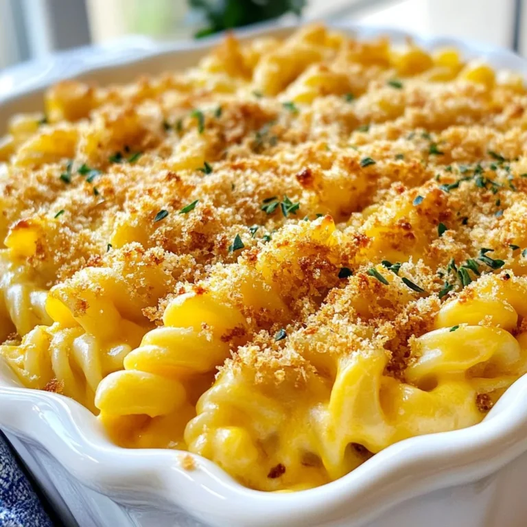 - 2 cups elbow macaroni - 2 cups butternut squash, peeled and diced - 2 tablespoons olive oil - 1 small onion, finely chopped - 2 cloves garlic, minced - 2 cups sharp cheddar cheese, grated - 1 cup Gruyère cheese, grated - 2 cups milk (plus a splash for blending) - 1 teaspoon Dijon mustard - 1/2 teaspoon smoked paprika - Salt and pepper, to taste - 1/2 cup breadcrumbs (for topping) - 2 tablespoons melted butter (for topping) Butternut squash gives this dish its creamy texture and sweet flavor. Use a ripe squash for the best taste. The cheeses add richness. Sharp cheddar brings a tangy kick, while Gruyère adds depth. Fresh garlic and onion enhance the dish with savory notes. Use fresh spices for the best flavor. You can swap elbow macaroni for gluten-free pasta if needed. Try different cheeses like mozzarella or fontina for unique tastes. For added protein, mix in cooked chicken or bacon. If you want a vegan option, use plant-based cheese and nut milk. You can also add veggies like spinach or broccoli for extra nutrition. {{ingredient_image_2}} To make Butternut Squash Mac and Cheese, gather your ingredients. You need elbow macaroni, butternut squash, olive oil, onion, garlic, sharp cheddar cheese, Gruyère cheese, milk, Dijon mustard, smoked paprika, salt, pepper, breadcrumbs, and melted butter. You will also need a large pot, a blender, a skillet, and a baking dish. 1. Preheat the Oven: Start by preheating your oven to 350°F (175°C). This ensures your dish cooks evenly. 2. Cook Pasta: Boil salted water in a large pot. Add elbow macaroni and cook until al dente. Drain the pasta and set it aside. 3. Prepare Butternut Squash: Steam the diced butternut squash until tender, about 10-12 minutes. Transfer it to a blender. Add a splash of milk and blend until smooth. 4. Sauté Aromatics: In a skillet, heat olive oil over medium heat. Add chopped onion and sauté until translucent, about 5 minutes. Add minced garlic and cook for one more minute. 5. Combine and Heat: Lower the heat. Stir in the butternut squash puree. Add the remaining milk, Dijon mustard, smoked paprika, salt, and pepper. Mix until everything is warm. 6. Melt Cheese: Gradually stir in the cheddar and Gruyère cheeses. Keep stirring until the cheese melts and the sauce is creamy. 7. Mix Pasta with Cheese Sauce: Add the drained macaroni to the cheese sauce. Stir gently until all pasta is coated. 8. Transfer to Baking Dish: Pour the mixture into a greased 9x13 inch baking dish. Spread it out evenly for even cooking. 9. Prepare Topping: In a small bowl, mix breadcrumbs with melted butter. Sprinkle this mixture over the mac and cheese for a crunchy topping. 10. Bake: Place the dish in the oven and bake for 25-30 minutes. Look for a golden, crispy top. 11. Cool and Serve: Allow the dish to cool for a few minutes before serving. This helps the flavors set and makes it easier to serve. To make a creamy sauce, use fresh ingredients. Start with ripe butternut squash. Steam it until soft, about 10-12 minutes. Blend it with a splash of milk for a smooth texture. This step is key. When making the cheese sauce, add your cheeses gradually. I like sharp cheddar and Gruyère for flavor. Stir continuously as you melt the cheese. This prevents clumping and ensures a silky sauce. One common mistake is overcooking the pasta. Cook it al dente. It will continue to cook in the oven. Drain the pasta well to avoid sogginess. Another mistake is not seasoning enough. Always taste your cheese sauce. Add salt, pepper, and smoked paprika. Adjust to your liking. This makes a huge difference in flavor. Store leftover butternut squash mac and cheese in an airtight container. It will keep in the fridge for about three days. To reheat, use the oven for best results. Preheat to 350°F (175°C) and cover the dish with foil. Heat for about 15-20 minutes. This keeps it creamy and prevents drying out. You can also add a splash of milk before reheating. This helps restore creaminess. Pro Tips Choosing Squash: Opt for a fresh, firm butternut squash for the best flavor and texture. If you can, look for organic varieties. Cheese Combination: Mixing different types of cheese enhances flavor complexity. Consider adding a bit of mozzarella for extra creaminess. Breadcrumb Crunch: For an even crunchier topping, try toasting the breadcrumbs in a pan with a little olive oil before adding them on top. Make Ahead: This dish can be assembled ahead of time and stored in the fridge. Just bake it when you're ready to serve! {{image_4}} You can make Butternut Squash Mac and Cheese heartier by adding proteins. Chicken works great. Just cook and shred it before mixing it in. Bacon adds a nice crunch and salty flavor. Cook the bacon until crispy, then crumble it on top or mix it in. You can also use ham or turkey if you prefer. Just remember, the goal is to blend the flavors well. If you want a vegetarian version, skip the meat and add more veggies. Peas, spinach, or broccoli are all great choices. For a vegan option, swap the cheese for plant-based cheese. Use almond or soy milk instead of regular milk. You can also make a cashew cream by blending soaked cashews with water. This keeps it creamy and rich without dairy. You can change the flavors to fit your taste. Try adding spices like garlic powder, onion powder, or even a pinch of cayenne for heat. Different cheese types can also change the taste. For a sharper flavor, use extra sharp cheddar or pepper jack. Mixing in blue cheese gives a bold twist. Don't be afraid to experiment with your favorite flavors! I love to serve Butternut Squash Mac and Cheese with fresh sides. Here are some great options: - Simple Green Salad: A mix of romaine, spinach, and cherry tomatoes works well. - Roasted Brussels Sprouts: Their slight bitterness complements the creamy cheese. - Garlic Bread: This adds a crunchy texture and is a crowd favorite. - Steamed Broccoli: Bright green broccoli adds color and health benefits. - Crispy Kale Chips: A fun way to add some crunch and nutrition. Let’s make this dish look as good as it tastes! Here are some ideas: - Serve in Individual Bowls: This makes each serving feel special. - Garnish with Fresh Herbs: Chopped parsley or chives add color and flavor. - Drizzle Olive Oil: A light drizzle gives it a nice shine. - Sprinkle Extra Cheese: A bit of extra cheese on top can be a treat. - Use Colorful Dishes: Bright plates make the dish pop and look inviting. Want to make your meal unique? Try these tips: - Add Protein: Mix in cooked chicken or bacon for a heartier dish. - Make it a Casserole: Top with breadcrumbs and bake for a crunchy finish. - Offer Hot Sauce: A few drops can spice things up for those who like heat. - Serve with a Side of Applesauce: The sweetness contrasts nicely with the savory cheese. - Create a Build-Your-Own Bar: Let guests add their toppings for a fun twist. These suggestions will help you enjoy Butternut Squash Mac and Cheese to its fullest! Yes, you can make this dish ahead of time. Prepare it up to the baking step. Store it in the fridge for up to two days. When you are ready to bake, just take it out. Let it sit at room temperature for about 30 minutes. Preheat your oven to 350°F (175°C). Bake until it's hot and bubbly. Adjusting for dietary needs is easy with this recipe. To make it gluten-free, use gluten-free pasta. If you want a dairy-free option, substitute the cheese with a dairy-free blend. You can also use unsweetened almond milk or coconut milk. For a vegan version, skip the cheese altogether and use nutritional yeast instead. If your cheese sauce turns out too thick, don’t worry. Just add a splash of milk. Stir it in slowly until you reach your desired consistency. If you want a creamier sauce, blend in more butternut squash puree. This will also boost flavor and nutrition. We explored the ingredients for a rich and creamy dish. You learned about substitutes and how to prepare each layer. I shared tips to avoid common mistakes and how to store leftovers. You can add proteins or make it vegetarian. With serving suggestions, your meal will shine. Cooking can be fun and easy. Trying these ideas will make your dish a hit! Enjoy your time in the kitchen.