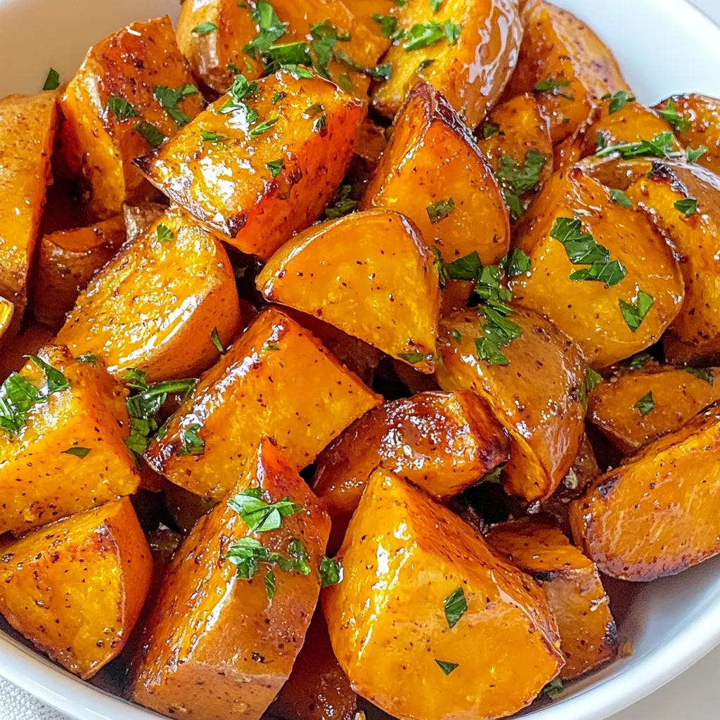 - 4 medium sweet potatoes - 3 tablespoons extra virgin olive oil - 2 tablespoons pure maple syrup - 1 tablespoon smooth Dijon mustard - 1 teaspoon garlic powder - 1 teaspoon smoked paprika - Salt and black pepper to taste - Fresh parsley for garnish Gather these ingredients before you start. The sweet potatoes are the star of this dish. Their natural sweetness pairs perfectly with the tangy Dijon mustard and rich maple syrup. Olive oil adds a nice touch too, helping to get that golden brown color. You will want to peel and cut the sweet potatoes into 1-inch cubes. This size helps them cook evenly. The spices add depth, and using fresh parsley for garnish makes the dish pop. With these ingredients, you can create a tasty, healthy side dish. Each bite is a delightful mix of flavors. Plus, they are easy to make and great for sharing. Get ready to enjoy a savory delight! {{ingredient_image_2}} First, preheat your oven to 425°F (220°C). This step is key for even cooking. Next, line a large baking sheet with parchment paper. This will help the sweet potatoes not stick. In a big mixing bowl, combine the sweet potatoes with olive oil, maple syrup, and Dijon mustard. Add garlic powder, smoked paprika, salt, and black pepper. Use a spatula or your hands to mix well. Make sure every sweet potato cube gets coated. This mix brings out a sweet and savory flavor. Now, transfer the sweet potatoes to the lined baking sheet. Spread them out in a single layer. This helps them roast evenly. Place the baking sheet in your preheated oven. Roast for 25 to 30 minutes. About halfway through, flip the sweet potatoes. This will help them brown nicely. When done, they should be tender and golden brown. Remove them and let them cool for a few minutes. This allows the flavors to settle before serving. To boost the flavor of your maple Dijon roasted sweet potatoes, consider adding spices like cumin or cinnamon. Cumin gives a warm, earthy taste. Cinnamon adds a hint of sweetness that pairs well with maple. You can also try fresh herbs like thyme or rosemary for a fragrant touch. These additions will elevate your dish and surprise your guests. For even cooking and browning, cut sweet potatoes into uniform cubes. This helps them roast at the same rate. Make sure not to overcrowd the baking sheet; leave space between each piece. Flipping the sweet potatoes halfway through roasting ensures they caramelize evenly. This simple step makes a big difference in texture and flavor. Serving your dish in a colorful bowl makes it more appealing. For a touch of elegance, drizzle a bit of maple syrup on top. A sprinkle of fresh parsley not only adds color but also a fresh taste. You could also serve these sweet potatoes with a side of yogurt or sour cream for a creamy contrast. This will make your dish look stunning and taste delicious. Pro Tips Choose the Right Sweet Potatoes: Look for firm, smooth sweet potatoes without any blemishes. The sweeter and fresher the potatoes, the better the flavor of your dish. Adjust the Seasoning: Feel free to modify the spices according to your taste. Adding cayenne pepper can give a nice kick, while cinnamon can enhance the sweetness. Uniform Cutting: Ensure that the sweet potatoes are cut into uniform 1-inch cubes. This promotes even cooking and helps them roast perfectly. Storage Tips: Leftovers can be stored in an airtight container in the refrigerator for up to 3 days. Reheat in the oven for the best texture. {{image_4}} If you want to change up the flavor, try honey or agave syrup. Both sweeteners add a nice touch. Honey gives a floral note, while agave is milder. Just use the same amount as maple syrup. This way, you keep the sweetness, but with a new twist. Sweet potatoes are great, but you can use other root veggies too. Carrots, parsnips, or even butternut squash work well. Just cut them into similar sizes. This helps them roast evenly. Each vegetable brings its own unique flavor to the dish. Experiment and find your favorite mix. To make this dish vegan, ensure the Dijon mustard is egg-free. Most brands are, but check the label. For gluten-free diets, most Dijon mustards are safe too. Just make sure your other ingredients, like spices and oils, are also gluten-free. This way, everyone can enjoy this tasty dish! After enjoying your Maple Dijon Roasted Sweet Potatoes, you may have some leftovers. To store them, follow these simple steps: - Refrigerate: Place leftover sweet potatoes in an airtight container. They stay fresh for up to 4 days in the fridge. - Freeze: For longer storage, freeze them in a freezer-safe bag. They can last up to 3 months. Make sure to remove as much air as possible to prevent freezer burn. Reheating sweet potatoes can be tricky. You want them warm but not mushy. Here are my tips: - Oven Method: Preheat your oven to 350°F (175°C). Spread the sweet potatoes on a baking sheet. Heat for about 10 to 15 minutes, or until warm. - Microwave Method: If you're in a hurry, use the microwave. Place sweet potatoes in a microwave-safe bowl. Heat in 30-second intervals, stirring in between. This helps them heat evenly. By following these steps, you can enjoy your Maple Dijon Roasted Sweet Potatoes again without losing their great taste and texture! Roast sweet potatoes for 25 to 30 minutes at 425°F. This time gives you a soft inside and a crispy outside. Halfway through, flip them for even cooking. When they are golden brown, they are ready to eat. Yes, you can prepare sweet potatoes ahead. Cut them and toss them in the sauce. Store them in the fridge for up to 24 hours. When ready, just roast them. This saves time and keeps the flavor fresh. Maple Dijon roasted sweet potatoes pair well with many dishes. Try serving them with grilled chicken or tofu for protein. They also go great with a fresh salad or quinoa. Add a dollop of yogurt on top for creaminess. Enjoy mixing and matching to find your favorite combo! We covered a simple recipe for Maple Dijon Roasted Sweet Potatoes. You learned about the main ingredients and how to prepare them step-by-step. I shared tips for enhancing flavor and presentation. Variations let you customize this dish for your needs. Proper storage keeps leftovers fresh, and I answered common questions. Try this recipe for a tasty, healthy meal. Enjoy sweet potatoes roasted to perfection!