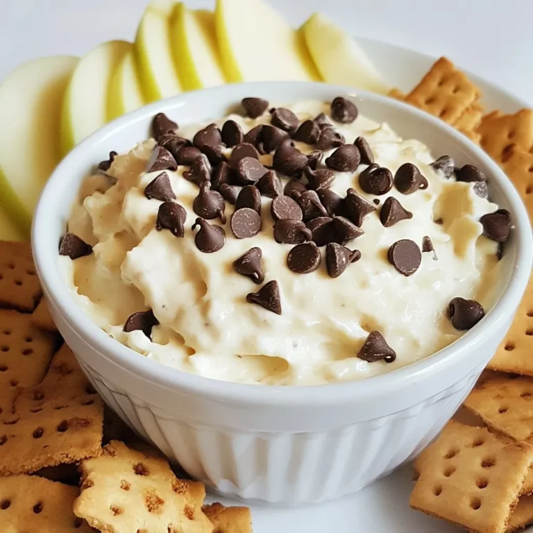 - 1 cup all-purpose flour - 1/2 cup unsalted butter, softened - 3/4 cup packed light brown sugar - 1/4 cup granulated sugar - 1 teaspoon pure vanilla extract - 1/2 teaspoon fine salt - 1 cup cream cheese, softened - 1/2 cup powdered sugar - 1 cup mini chocolate chips You can serve this dip with many tasty dippers. Here are some of my favorites: - Graham crackers - Crunchy pretzels - Fresh apple slices - Vanilla wafers - Strawberries These options give a nice mix of sweet and salty. They also add a fun crunch to each bite. If you need to make swaps, I have some great options. For gluten-free needs, use gluten-free flour. If you want a dairy-free version, try vegan butter and a dairy-free cream cheese. For a lower sugar option, use a sugar substitute that works for baking. These swaps keep the flavor while fitting your diet. {{ingredient_image_2}} Start by measuring 1 cup of all-purpose flour. Place it in a microwave-safe bowl. Heat the flour in 30-second intervals. Stir the flour in between. Continue until it reaches 160°F (70°C). This step kills any bacteria in raw flour. Let it cool for a few minutes before using. In a large mixing bowl, add 1/2 cup of softened unsalted butter. Then add 3/4 cup of light brown sugar and 1/4 cup of granulated sugar. Use an electric mixer to beat these ingredients together. Mix until the result is light and fluffy. This process should take about 2-3 minutes. Now, pour in 1 teaspoon of pure vanilla extract. Add 1 cup of softened cream cheese too. Mix on medium speed until everything is smooth. Remember to scrape down the sides of the bowl as needed. This step ensures all ingredients blend well together. Gradually add the cooled flour to the wet mixture. Also, add 1/2 teaspoon of fine salt. Mix on low speed until just combined. Be careful not to overmix, as this can change the texture. A few lumps are okay; they will blend in later. Take 1 cup of mini chocolate chips and fold them into the mixture. Use a spatula or wooden spoon for this. Gently stir until the chocolate chips are evenly mixed throughout the dip. This step adds that delightful chocolate flavor. Transfer your cookie dough dip into a serving bowl. Cover it tightly with plastic wrap. Place it in the refrigerator for at least 30 minutes. Chilling helps the flavors meld together, making the dip taste even better. When ready, take the dip out of the fridge. Serve it with graham crackers, pretzels, or fresh apple slices. For a nice touch, drizzle some chocolate chips on top. A sprinkle of sea salt also adds a bit of flair. Arrange the dippers around the dip for a pretty spread. Enjoy this sweet treat with friends and family! To get the right texture, heat your flour first. This step kills harmful bacteria. Use a microwave and heat it in short bursts. Stir the flour often. When it hits 160°F, let it cool a bit. Mixing the butter and sugars well helps too. Beat them until fluffy for about 2-3 minutes. Avoid overmixing the dough when adding flour. This keeps the dip creamy and smooth. You can change the dip's flavor in fun ways. Add a scoop of peanut butter for a nutty taste. You can mix in a bit of cocoa powder for extra chocolatey goodness. Try adding a hint of cinnamon for warmth. Want a fruity twist? Toss in some finely chopped strawberries or raspberries. Each variation brings a new delight to your dip. Make your dip look as good as it tastes. Drizzle some extra chocolate chips on top. A sprinkle of sea salt adds a nice touch. Serve it in a cute bowl and place dippers around it. Use graham crackers, pretzels, or fresh apple slices for dipping. Arrange them in a fun pattern for a festive feel. A great presentation makes everyone want to dig in! Pro Tips Heat the Flour Properly: Make sure to heat the flour in intervals and check the temperature to ensure it reaches 160°F (70°C) to eliminate any bacteria. This step is crucial for safety when consuming raw flour. Room Temperature Ingredients: Ensure that your butter and cream cheese are at room temperature before mixing. This helps them blend more smoothly into the dip, creating a creamier texture. Don’t Overmix: When combining the dry ingredients with the wet mixture, mix on low speed just until combined. Overmixing can lead to a denser dip rather than a light and fluffy texture. Experiment with Dippers: While graham crackers and pretzels are classic choices, try serving this dip with fresh fruit like strawberries or bananas for a refreshing twist that complements the chocolate flavor. {{image_4}} You can make a peanut butter version of this dip. Just swap out some of the butter for peanut butter. Use 1/4 cup of peanut butter and 1/4 cup of butter. Mix it well with the sugars and cream cheese. This dip packs a nutty punch that pairs great with apple slices or pretzels. To make this dip vegan, use vegan butter and dairy-free cream cheese. For a gluten-free option, swap the all-purpose flour with a gluten-free blend. Make sure all your ingredients are labeled gluten-free. These changes let everyone enjoy the dip without worry. You can add fun flavors to your dip too! For a minty twist, mix in 1/2 teaspoon of mint extract. If you love coffee, add 1 tablespoon of instant espresso. These flavor infusions add a whole new layer of taste to your dip. Feel free to experiment and find your favorite! Store your chocolate chip cookie dough dip in an airtight container. This keeps it fresh and tasty. If you want, cover the dip with plastic wrap before sealing. It helps prevent the dip from drying out. In the fridge, the dip lasts about 5 days. After that, it may lose flavor and texture. Always check for any signs of spoilage before eating. If it smells off or looks strange, throw it away. There’s no need to reheat this dip. It’s best served chilled. If you prefer a softer texture, let it sit at room temperature for about 15 minutes before serving. This makes it easier to scoop and enjoy with your favorite dippers. Yes, you can eat cookie dough dip raw. The dip is safe because we heat the flour. This heat kills any harmful bacteria. Enjoy the creamy texture and sweet taste without worry! To make this dip healthier, try these tips: - Use whole wheat flour instead of all-purpose. - Swap regular butter for a plant-based spread. - Replace cream cheese with Greek yogurt. - Cut down on the sugar by using less brown sugar and powdered sugar. These changes keep the flavor while adding nutrition! You can use many fun dippers! Here are some ideas: - Fresh strawberries for a fruity twist. - Banana slices for a sweet touch. - Rice cakes for a crunchy bite. - Toasted pita chips for a savory option. Feel free to get creative with your favorites! Yes, you can freeze chocolate chip cookie dough dip. Just place it in an airtight container. When ready to eat, thaw it in the fridge overnight. Mix well before serving to restore its creamy texture! This blog post shared a complete guide for making cookie dough dip. You learned about ingredients, step-by-step instructions, and tips for the best outcome. I included variations, storage info, and answered common questions. Use this dip for snacks or parties, and enjoy the fun flavors. Keep experimenting with your dippers and ingredients to find your perfect match. Simple changes can make it new and exciting each time. Enjoy your sweet creation!