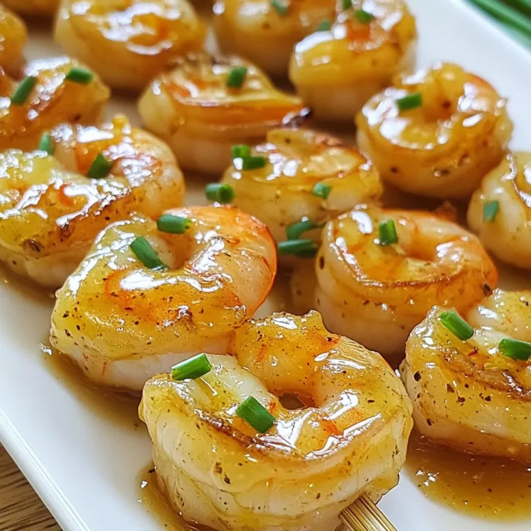 - 1 pound large shrimp, peeled and deveined - 1/4 cup honey - 4 cloves garlic, minced - 2 tablespoons low-sodium soy sauce - 1 tablespoon freshly grated ginger - 1 tablespoon freshly squeezed lemon juice - 1 tablespoon olive oil - Salt and pepper to taste - Fresh chives or parsley for garnish - Wooden skewers (soaked) - Metal skewers To make Honey Garlic Glazed Shrimp Skewers, you need a few key ingredients. First, large shrimp are the star of this dish. They provide a sweet and juicy base. Honey adds a delightful sweetness. It balances the savory flavors from garlic and soy sauce. Garlic, minced finely, gives a rich aroma. Low-sodium soy sauce enhances the umami taste without being too salty. Next, some extra ingredients bring more flavor. Fresh ginger adds a zing. Lemon juice brightens up the dish. Olive oil keeps shrimp moist while cooking. Don't forget salt and pepper to taste. They help bring out the best flavors. Finally, fresh chives or parsley make a lovely garnish. When it comes to skewers, you have options. Wooden skewers need soaking in water first. This helps them not to burn on the grill. Metal skewers are great, too. They are reusable and sturdy. Choose what fits your cooking style best. With these ingredients, you are set to create a flavorful delight. The combination of sweet, savory, and fresh notes will make your meal shine. {{ingredient_image_2}} Soaking wooden skewers is key to preventing burning. Place them in water for at least 30 minutes. This keeps them safe on the grill. If you use metal skewers, you can skip this step. When threading shrimp onto skewers, ensure you space them well. Aim for 4-5 shrimp per skewer. This helps them cook evenly. In a mixing bowl, combine the honey, minced garlic, soy sauce, ginger, lemon juice, and olive oil. Use a whisk to mix everything until smooth. Make sure there are no lumps. This marinade gives shrimp a rich flavor. Once your marinade is ready, add the peeled shrimp. Stir gently to coat each shrimp with the mix. Cover the bowl with plastic wrap. Refrigerate for at least 30 minutes, but no more than 1 hour. This time lets the shrimp soak up the tasty marinade. While the shrimp marinates, preheat your grill to medium-high heat. This step is crucial for a nice sear. After marinating, place shrimp on the soaked skewers. Grill the skewers for 2-3 minutes on each side. Look for the shrimp to turn opaque and slightly charred. After grilling, remove the skewers from heat. Let them rest for a few minutes. This resting time keeps the shrimp juicy. For a lovely finish, sprinkle chopped chives or parsley on top. Serve hot and enjoy the sweet and savory flavors! To make your honey garlic marinade shine, adjust spice and sweetness. If you like it spicy, add some chili flakes. For extra sweetness, drizzle in more honey. You can also add a splash of lime juice for a tangy twist. Try adding sesame oil for a nutty flavor. Grilling brings out the best flavors in these shrimp. Preheat your grill for a nice sear. Keep the grill at medium-high heat for perfect cooking. If you don't have a grill, you can broil the skewers in the oven. Set the oven to high broil and place the skewers on a baking sheet. Cook for about 2-3 minutes per side. Pair the shrimp skewers with fluffy rice or a fresh salad. Add steamed veggies for a colorful plate. For a nice touch, serve on a wooden board with lemon wedges. This adds a pop of color and freshness. Sprinkle chopped chives or parsley on top for a beautiful finish. Pro Tips Soak the Skewers: For wooden skewers, soaking them in water for at least 30 minutes prevents them from burning on the grill, ensuring your shrimp cook evenly. Marinate Longer for Flavor: Allowing the shrimp to marinate for up to an hour enhances the flavor, making each bite more delicious and infused with the honey garlic mixture. Use Fresh Ingredients: Fresh garlic and ginger amplify the taste of the marinade, giving your shrimp a vibrant flavor that dried spices cannot replicate. Don’t Overcook: Grill the shrimp just until they are opaque and slightly charred, usually around 2-3 minutes per side, for a tender and juicy texture. {{image_4}} You can change sweeteners in this recipe. Maple syrup or agave work well instead of honey. They still give a nice sweetness. If you want to use different shrimp, that is fine too. Medium or small shrimp can work, but cooking times may change. Adding spices can make these skewers even better. Try chili flakes for heat or paprika for a smoky taste. You could also switch up the marinade. For example, use teriyaki sauce or a citrus-based mix for a new flavor. Serving these skewers on rice or salad adds a nice touch. The rice soaks up the sauce well. If you want more nutrition, skewer veggies like bell peppers or zucchini with the shrimp. This adds color and crunch to your meal. To keep your honey garlic glazed shrimp skewers fresh, follow these tips: - Store leftovers in an airtight container. - Refrigerate them within two hours of cooking. - Use a container that fits the skewers without bending. For best taste, eat leftovers within two days. Shrimp can lose flavor and texture if kept too long. Reheating shrimp skewers properly is key to keeping them juicy. Here are some methods: - Microwave: Place skewers on a microwave-safe plate. Heat in 30-second intervals until warm. - Oven: Preheat the oven to 350°F (175°C). Place the skewers on a baking sheet. Heat for about 10 minutes. - Skillet: Heat a skillet over medium heat. Add a little olive oil and warm the skewers for 3-4 minutes, turning often. Whichever method you choose, avoid overheating. Overcooked shrimp can become rubbery and dry. You can freeze shrimp skewers before or after grilling. Here’s how: - Before Grilling: Marinate the shrimp, then thread them onto skewers. Place them in a freezer bag, removing as much air as possible. - After Grilling: Allow the skewers to cool. Wrap them in plastic wrap and place them in a freezer bag. To thaw, move the skewers to the fridge overnight. If you're in a hurry, use the microwave's defrost setting. Never refreeze thawed shrimp. You can use scallops or chicken instead of shrimp. Both options will soak up the honey garlic flavor. Firm fish like salmon works well too. For a vegetarian option, try tofu or mushrooms. Just cut them into bite-sized pieces to match the shrimp size. Yes, you can make the marinade ahead! Mix all the ingredients in a bowl and store it in the fridge. It will keep well for up to three days. This way, you save time when you're ready to cook. Just add the shrimp before grilling. Shrimp are fully cooked when they turn pink and opaque. They should curl into a C shape. If they look gray or translucent, they need more time. Usually, 2-3 minutes on each side is enough on a hot grill. Yes, you can grill them in the oven! Use a broiler pan and preheat your oven to high. Place the skewers on the pan and broil for about 2-3 minutes on each side. Keep a close eye to avoid burning. Pair these skewers with rice or quinoa for a filling meal. A fresh salad adds a nice crunch. Steamed veggies like broccoli or asparagus also work well. For a fun twist, serve on skewers with bell peppers or zucchini. Honey garlic glazed shrimp skewers are simple and delicious. We covered the essential ingredients, marinades, cooking tips, and variations. You can customize flavors or swap ingredients easily. Proper storage and reheating keep leftovers tasty. I hope this guide inspires you to grill up these shrimp skewers. Enjoy the blend of sweet and savory flavors next time you cook. Your friends and family will love them!