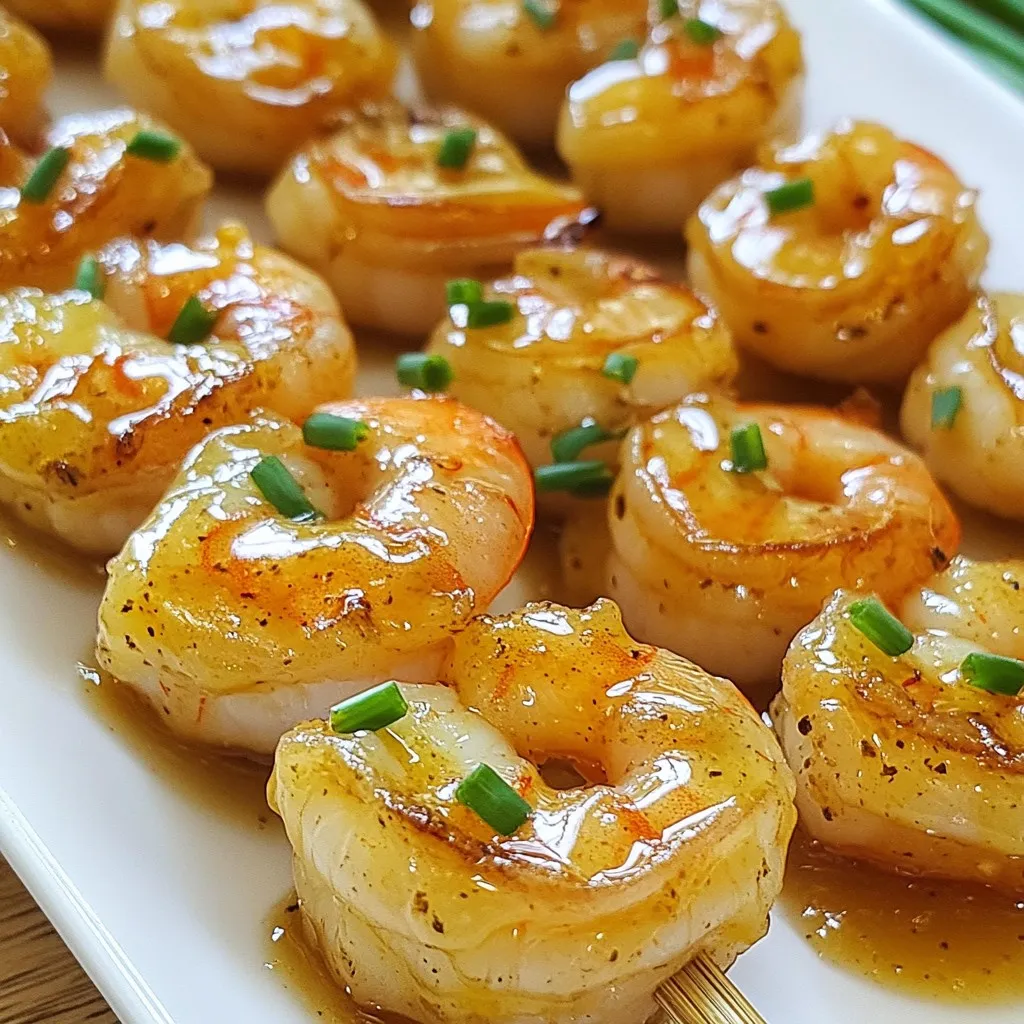 - 1 pound large shrimp, peeled and deveined - 1/4 cup honey - 4 cloves garlic, minced - 2 tablespoons low-sodium soy sauce - 1 tablespoon freshly grated ginger - 1 tablespoon freshly squeezed lemon juice - 1 tablespoon olive oil - Salt and pepper to taste - Fresh chives or parsley for garnish - Wooden skewers (soaked) - Metal skewers To make Honey Garlic Glazed Shrimp Skewers, you need a few key ingredients. First, large shrimp are the star of this dish. They provide a sweet and juicy base. Honey adds a delightful sweetness. It balances the savory flavors from garlic and soy sauce. Garlic, minced finely, gives a rich aroma. Low-sodium soy sauce enhances the umami taste without being too salty. Next, some extra ingredients bring more flavor. Fresh ginger adds a zing. Lemon juice brightens up the dish. Olive oil keeps shrimp moist while cooking. Don't forget salt and pepper to taste. They help bring out the best flavors. Finally, fresh chives or parsley make a lovely garnish. When it comes to skewers, you have options. Wooden skewers need soaking in water first. This helps them not to burn on the grill. Metal skewers are great, too. They are reusable and sturdy. Choose what fits your cooking style best. With these ingredients, you are set to create a flavorful delight. The combination of sweet, savory, and fresh notes will make your meal shine. {{ingredient_image_2}} Soaking wooden skewers is key to preventing burning. Place them in water for at least 30 minutes. This keeps them safe on the grill. If you use metal skewers, you can skip this step. When threading shrimp onto skewers, ensure you space them well. Aim for 4-5 shrimp per skewer. This helps them cook evenly. In a mixing bowl, combine the honey, minced garlic, soy sauce, ginger, lemon juice, and olive oil. Use a whisk to mix everything until smooth. Make sure there are no lumps. This marinade gives shrimp a rich flavor. Once your marinade is ready, add the peeled shrimp. Stir gently to coat each shrimp with the mix. Cover the bowl with plastic wrap. Refrigerate for at least 30 minutes, but no more than 1 hour. This time lets the shrimp soak up the tasty marinade. While the shrimp marinates, preheat your grill to medium-high heat. This step is crucial for a nice sear. After marinating, place shrimp on the soaked skewers. Grill the skewers for 2-3 minutes on each side. Look for the shrimp to turn opaque and slightly charred. After grilling, remove the skewers from heat. Let them rest for a few minutes. This resting time keeps the shrimp juicy. For a lovely finish, sprinkle chopped chives or parsley on top. Serve hot and enjoy the sweet and savory flavors! To make your honey garlic marinade shine, adjust spice and sweetness. If you like it spicy, add some chili flakes. For extra sweetness, drizzle in more honey. You can also add a splash of lime juice for a tangy twist. Try adding sesame oil for a nutty flavor. Grilling brings out the best flavors in these shrimp. Preheat your grill for a nice sear. Keep the grill at medium-high heat for perfect cooking. If you don't have a grill, you can broil the skewers in the oven. Set the oven to high broil and place the skewers on a baking sheet. Cook for about 2-3 minutes per side. Pair the shrimp skewers with fluffy rice or a fresh salad. Add steamed veggies for a colorful plate. For a nice touch, serve on a wooden board with lemon wedges. This adds a pop of color and freshness. Sprinkle chopped chives or parsley on top for a beautiful finish. Pro Tips Soak the Skewers: For wooden skewers, soaking them in water for at least 30 minutes prevents them from burning on the grill, ensuring your shrimp cook evenly. Marinate Longer for Flavor: Allowing the shrimp to marinate for up to an hour enhances the flavor, making each bite more delicious and infused with the honey garlic mixture. Use Fresh Ingredients: Fresh garlic and ginger amplify the taste of the marinade, giving your shrimp a vibrant flavor that dried spices cannot replicate. Don’t Overcook: Grill the shrimp just until they are opaque and slightly charred, usually around 2-3 minutes per side, for a tender and juicy texture. {{image_4}} You can change sweeteners in this recipe. Maple syrup or agave work well instead of honey. They still give a nice sweetness. If you want to use different shrimp, that is fine too. Medium or small shrimp can work, but cooking times may change. Adding spices can make these skewers even better. Try chili flakes for heat or paprika for a smoky taste. You could also switch up the marinade. For example, use teriyaki sauce or a citrus-based mix for a new flavor. Serving these skewers on rice or salad adds a nice touch. The rice soaks up the sauce well. If you want more nutrition, skewer veggies like bell peppers or zucchini with the shrimp. This adds color and crunch to your meal. To keep your honey garlic glazed shrimp skewers fresh, follow these tips: - Store leftovers in an airtight container. - Refrigerate them within two hours of cooking. - Use a container that fits the skewers without bending. For best taste, eat leftovers within two days. Shrimp can lose flavor and texture if kept too long. Reheating shrimp skewers properly is key to keeping them juicy. Here are some methods: - Microwave: Place skewers on a microwave-safe plate. Heat in 30-second intervals until warm. - Oven: Preheat the oven to 350°F (175°C). Place the skewers on a baking sheet. Heat for about 10 minutes. - Skillet: Heat a skillet over medium heat. Add a little olive oil and warm the skewers for 3-4 minutes, turning often. Whichever method you choose, avoid overheating. Overcooked shrimp can become rubbery and dry. You can freeze shrimp skewers before or after grilling. Here’s how: - Before Grilling: Marinate the shrimp, then thread them onto skewers. Place them in a freezer bag, removing as much air as possible. - After Grilling: Allow the skewers to cool. Wrap them in plastic wrap and place them in a freezer bag. To thaw, move the skewers to the fridge overnight. If you're in a hurry, use the microwave's defrost setting. Never refreeze thawed shrimp. You can use scallops or chicken instead of shrimp. Both options will soak up the honey garlic flavor. Firm fish like salmon works well too. For a vegetarian option, try tofu or mushrooms. Just cut them into bite-sized pieces to match the shrimp size. Yes, you can make the marinade ahead! Mix all the ingredients in a bowl and store it in the fridge. It will keep well for up to three days. This way, you save time when you're ready to cook. Just add the shrimp before grilling. Shrimp are fully cooked when they turn pink and opaque. They should curl into a C shape. If they look gray or translucent, they need more time. Usually, 2-3 minutes on each side is enough on a hot grill. Yes, you can grill them in the oven! Use a broiler pan and preheat your oven to high. Place the skewers on the pan and broil for about 2-3 minutes on each side. Keep a close eye to avoid burning. Pair these skewers with rice or quinoa for a filling meal. A fresh salad adds a nice crunch. Steamed veggies like broccoli or asparagus also work well. For a fun twist, serve on skewers with bell peppers or zucchini. Honey garlic glazed shrimp skewers are simple and delicious. We covered the essential ingredients, marinades, cooking tips, and variations. You can customize flavors or swap ingredients easily. Proper storage and reheating keep leftovers tasty. I hope this guide inspires you to grill up these shrimp skewers. Enjoy the blend of sweet and savory flavors next time you cook. Your friends and family will love them!