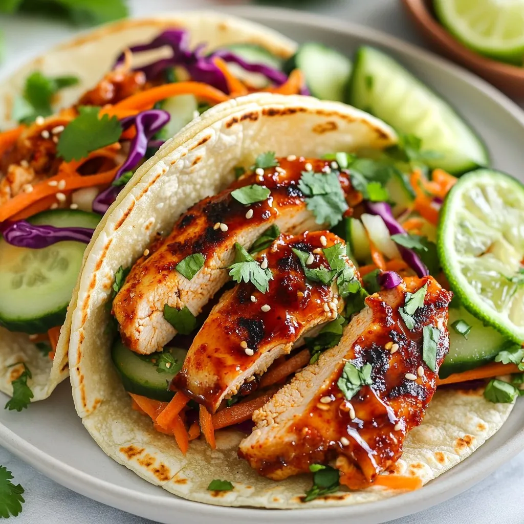 - 1 pound boneless, skinless chicken thighs - 4 tablespoons gochujang (Korean chili paste) - 2 tablespoons soy sauce - 1 cup shredded red cabbage - 1 large carrot, julienned - Fresh cilantro leaves - 1 cup cooked jasmine rice - 8 small corn tortillas - Lime wedges For these spicy Korean chicken tacos, I love using chicken thighs. They stay juicy and tender. Gochujang gives the tacos a kick. This chili paste adds depth and heat. Soy sauce balances the flavors with its savory touch. Fresh veggies make a big difference. Shredded red cabbage adds crunch. Julienned carrots bring sweetness. Fresh cilantro leaves add a burst of freshness. Don’t forget the rice! Cooked jasmine rice serves as a great base. Corn tortillas hold everything together. Lime wedges finish the dish with a zesty squeeze. These ingredients create a tasty and satisfying meal. {{ingredient_image_2}} Start by making the marinade. In a mixing bowl, whisk together: - 4 tablespoons gochujang (Korean chili paste) - 2 tablespoons soy sauce - 1 tablespoon honey - 2 tablespoons sesame oil - 1 tablespoon minced garlic (about 3 cloves) - 1 teaspoon freshly grated ginger This mix adds a punch of flavor to the chicken. It’s key to let the flavors blend well. A good marinade makes all the difference in taste. Next, take your chicken thighs and coat them in the marinade. Make sure each piece is covered. Then, cover the bowl and place it in the fridge. Let it marinate for at least 30 minutes. For the best taste, leave it for up to 2 hours. The longer it sits, the more flavor it will soak up. When you’re ready to cook, heat a grill or skillet over medium-high heat. Add the marinated chicken thighs. Cook each side for about 5-7 minutes. You want the chicken to reach an internal temperature of 165°F. Once done, take it off the heat and let it rest. This keeps the chicken juicy and tender. While the chicken rests, it’s time to warm the tortillas. Place them in a dry skillet over medium heat. Warm each side for about 30 seconds until soft. You can also wrap them in foil and heat them in the oven if you prefer. This step is key for a great taco texture. Now comes the fun part—assembling the tacos! Start with a warm tortilla. Add a scoop of cooked jasmine rice as a base. Then layer on the sliced chicken. Follow with shredded red cabbage, julienned carrots, and cucumber slices for a nice crunch. Top the tacos with fresh cilantro leaves and a squeeze of lime juice. This adds a burst of flavor. Serve them warm on a rustic wooden board or platter. For more heat, offer a small bowl of extra gochujang on the side. Enjoy your tasty creation! To achieve a charred finish, use high heat. This helps caramelize the sugars in the marinade. Grilling is best for that smoky flavor. If using a skillet, make sure it’s hot before adding the chicken. This helps to sear the meat nicely. Flip the chicken only once to get even cooking. - Preheat your grill or skillet well. - Cook chicken for 5-7 minutes on each side. - Look for a nice golden-brown color. Marinating is key for flavor. For more spice, increase marination time. Aim for at least 30 minutes to soak in the flavor. For a stronger taste, let it marinate for up to 2 hours. - Marinate in the fridge for safety. - For a quick meal, 30 minutes is fine. - Room temperature can work, but it may not be as safe. Try different bases for your tacos. Instead of jasmine rice, consider quinoa or cauliflower rice for a twist. Layering toppings adds fun and flavor. Start with rice, then chicken, and finish with veggies. - Use quinoa or cauliflower rice instead of jasmine rice. - Top with shredded cabbage, carrots, and cucumbers. - Add fresh cilantro and lime juice last for brightness. Pro Tips Marinate Longer for More Flavor: For maximum flavor, consider marinating the chicken for up to 2 hours or even overnight. This allows the spices to deeply penetrate the meat. Use Fresh Ingredients: Fresh herbs and vegetables enhance the taste and presentation of your tacos. Opt for fresh cilantro and crisp veggies for a vibrant, crunchy texture. Adjust the Heat: If you prefer milder tacos, reduce the amount of gochujang in the marinade. Alternatively, serve additional gochujang on the side for those who enjoy extra spice. Perfectly Warm Tortillas: To achieve the best texture, warm your tortillas just before assembly. This makes them pliable and prevents them from cracking when filled. {{image_4}} You can switch up the chicken for other proteins. Pork, tofu, or shrimp work well. If you choose pork, use tender cuts like pork belly or loin. For tofu, select firm or extra-firm tofu. Shrimp cooks quickly and adds a nice twist. Adjust cooking times based on what you use. Chicken needs about 5-7 minutes. Pork may take 8-10 minutes, and shrimp only needs 3-4 minutes. Feel free to play with flavors. Instead of gochujang, try sriracha or a different chili paste. This change can give you a new taste. Adding spices like cumin or coriander can enhance the dish. Fresh herbs like basil or mint can also brighten flavors. Experimenting keeps your tacos exciting and unique. You can make spicy Korean chicken tacos gluten-free easily. Just use gluten-free soy sauce or tamari. For a vegan or vegetarian option, swap the chicken for marinated jackfruit or more tofu. Both options bring great texture and flavor. You can enjoy these tacos no matter your dietary needs! After enjoying your spicy Korean chicken tacos, store the leftovers properly. Place the marinated chicken in an airtight container. You can keep the taco components, like the tortillas and veggies, in separate containers. This way, the flavors stay fresh. The chicken lasts for up to three days in the fridge. To reheat the chicken, use a skillet over medium heat. This method keeps the chicken juicy and full of flavor. For the tortillas, warm them in the skillet for about 20 seconds on each side. This ensures they stay soft and tasty. You can freeze the marinated chicken if you want to save it for later. Place it in a freezer-safe bag, removing as much air as possible. It’s best to use it within three months. When ready to cook, thaw it overnight in the fridge. Then, follow the cooking instructions as usual. Gochujang is a thick, red paste made from fermented chili peppers, glutinous rice, and soybeans. It has a sweet, spicy, and slightly earthy flavor. You can find gochujang in Asian grocery stores or the international aisle of larger supermarkets. Some online retailers also offer it, making it easy to get. Yes, you can prepare spicy Korean chicken tacos ahead of time. Marinate the chicken in advance and store it in the fridge. You can also cook the chicken a day before and keep it in the fridge. For the best flavor, reheat the chicken gently before serving. You can warm the tortillas just before assembly for freshness. For side dishes, consider serving: - Mexican street corn salad - Sweet potato fries - Kimchi for a spicy kick For beverages, try pairing the tacos with: - A light lager or pale ale - Iced tea with lime - Sparkling water with fresh fruit slices These options will enhance your meal and create a great dining experience. In this blog post, I shared how to make spicy Korean chicken tacos, featuring chicken thighs, gochujang, and fresh veggies. We discussed the steps for marinating and cooking, along with tips for perfect tacos every time. Remember, you can switch proteins or adapt flavors to suit your taste. Enjoy experimenting with different ingredients and techniques. These tacos are fun, flavorful, and perfect for any meal. Try them out, and let your creativity shine in the kitchen!