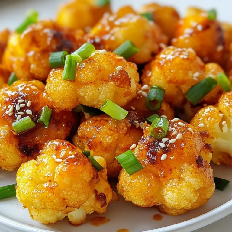 - 1 large head of cauliflower, cut into bite-sized florets - 1/2 cup all-purpose flour or gluten-free flour - 1/4 cup sweet chili sauce - 2 tablespoons soy sauce The star of this dish is the large head of cauliflower. Cauliflower has a mild taste and absorbs flavors well. This makes it perfect for our sweet chili garlic bites. You can use all-purpose flour or gluten-free flour, depending on your needs. The sweet chili sauce combined with soy sauce adds a delightful kick. - 1 teaspoon garlic powder - 1/2 teaspoon salt - 1/4 teaspoon black pepper - 2 cloves of garlic, finely minced - 1 tablespoon sesame oil - 1 tablespoon chopped green onions for garnishing - Sesame seeds for garnishing Seasonings bring out the best in our cauliflower bites. Garlic powder gives a strong garlic flavor without the fuss. Salt and black pepper enhance the taste, making each bite more savory. Fresh minced garlic adds depth to the sauce. Sesame oil gives a nutty twist, while green onions and sesame seeds add color and crunch to the final dish. These extras make your snack not just tasty but visually appealing too! {{ingredient_image_2}} First, turn on your oven to 425°F (220°C). This high heat helps the bites get crispy. Line a baking sheet with parchment paper. This step stops the bites from sticking. Next, take a large head of cauliflower and cut it into bite-sized florets. Aim for even sizes so they cook at the same rate. In a medium bowl, mix together 1/2 cup all-purpose flour, 1 teaspoon garlic powder, 1/2 teaspoon salt, and 1/4 teaspoon black pepper. This mix adds flavor to the batter. Gradually stir in 1/2 cup of water. Keep mixing until you get a smooth batter. It should not have lumps. Take each cauliflower floret and dip it into the batter. Make sure the batter coats all sides well. Place the battered florets on the baking sheet in a single layer. Do not overcrowd them; this helps them get crispy. Bake in the oven for 20-25 minutes. Flip them halfway through to ensure even browning. You want them to be golden and crispy. While the cauliflower bakes, grab a small saucepan. Combine 1/4 cup sweet chili sauce, 2 tablespoons soy sauce, and 2 cloves of finely minced garlic in the pan. Heat it over medium heat. Stir the sauce until it warms through and all the ingredients mix well. Once the cauliflower bites are golden, take them out of the oven. Toss them in the hot chili garlic sauce until they are fully coated. This step adds a sweet and spicy kick. Place the coated bites back on the baking sheet and return them to the oven. Bake for an additional 5-7 minutes to let the sauce caramelize. This makes them even tastier! After this, let them cool for a few minutes before serving. To get the best crunch, avoid overcrowding the baking sheet. Give each cauliflower bite space. This lets hot air flow around them. Use parchment paper for easy removal. It helps prevent sticking and makes cleanup a breeze. You can add spices to boost flavor. Try crushed red pepper for heat. A sprinkle of smoked paprika adds depth. For serving, place the bites on a platter. Drizzle leftover sweet chili sauce over them. Garnish with chopped green onions and sesame seeds for a colorful touch. Use a sturdy baking sheet that can handle high heat. An oven-safe baking sheet ensures even cooking. A mixing bowl for the batter is also needed. Don't forget tongs for tossing the bites in sauce. These tools help you make the process smooth and fun. Pro Tips Coating Consistency: Make sure your batter is smooth and thick enough to cling to the cauliflower, ensuring an even coating for a crispy texture. Flipping for Evenness: Flip the cauliflower bites halfway through baking to guarantee they cook evenly and develop a golden crust on all sides. Caramelization Check: Keep an eye on the cauliflower during the final 5-7 minutes of baking to achieve the perfect caramelization without burning the sauce. Garnishing for Appeal: Don’t skip the green onions and sesame seeds; they add freshness and a delightful crunch that enhances both flavor and presentation. {{image_4}} You can easily make these bites gluten-free. Just swap the all-purpose flour for gluten-free flour. This change keeps the texture and taste great. Want to mix it up? You can try different sauces. For a spicy kick, use sriracha. If you prefer tangy, mix in lime juice. You can also make homemade sauces. Blend honey, soy sauce, and garlic for a sweet twist. Feel free to add more veggies or proteins. Try bell peppers or broccoli for crunch. You can also toss in cooked chicken or shrimp for extra protein. Experimenting with herbs and spices brings new life to the dish. Add cilantro or basil for a fresh flavor boost. To store leftover Sweet Chili Garlic Cauliflower Bites, place them in an airtight container. Make sure they cool down first. Refrigerate them for up to three days. For longer storage, freeze the bites in a single layer. Once frozen, move them to a freezer bag. They can last up to three months in the freezer. Just remember to label your container with the date. When reheating, aim to keep that crispy texture. The air fryer works well for this. Preheat it to 375°F (190°C). Place the bites in a single layer and heat for about five to seven minutes. You can also use an oven. Preheat it to 350°F (175°C) and bake for 10-15 minutes. Check them often, so they don’t burn. Avoid microwaving, as it makes them soggy. When stored properly, the bites stay tasty for about three days in the fridge. In the freezer, they can last up to three months. However, their quality may drop after a while. For the best flavor and texture, eat them sooner rather than later. Sweet Chili Garlic Cauliflower Bites are crispy, flavorful snacks. They mix the heat of sweet chili sauce with garlic. The dish features roasted cauliflower florets, coated in a light batter. Each bite is crunchy outside and tender inside. The flavor is a perfect blend of sweet and savory. Yes, you can prepare these bites ahead. You can coat the cauliflower and store it in the fridge. Bake them just before serving for the best taste. If you have leftovers, reheat them in the oven. This method keeps them crispy and delicious. These bites pair well with many dips. Try serving them with soy sauce, ranch, or peanut sauce. They are great as a side dish or snack. You can also add a fresh salad or rice. The options are endless, and they make a fun meal. Yes, Sweet Chili Garlic Cauliflower Bites are vegan. All ingredients are plant-based, making them suitable for everyone. You can enjoy them even if you follow a vegan diet. This dish is perfect for parties or casual snacking. This blog post covered the recipe for Sweet Chili Garlic Cauliflower Bites. You learned about key ingredients, simple steps, and useful tips to create a tasty dish. Remember to mix up the flavors and try different sauces. It’s okay to experiment with vegetables or proteins for added nutrition. Enjoy your delicious bites right away or store them for later. This recipe is not just fun; it’s a great way to eat veggies! So, get in the kitchen and start cooking your own vibrant dish today.