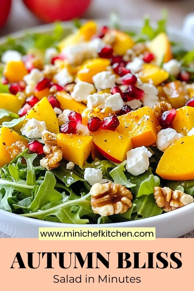 Enjoy this delicious fall salad recipe that celebrates the flavors of autumn with a healthy pomegranate salad, blended with roasted butternut squash and crisp apple slices. This vibrant autumn harvest salad features mixed greens, walnuts, feta cheese, and dried cranberries for added texture and flavor. Perfectly dressed with a tangy apple cider vinaigrette, it’s an ideal side for your gatherings. Try this recipe today! #FallSalad #HealthyRecipes #PomegranateSalad #ButternutSquashSalad