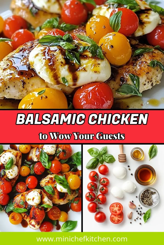 Discover a mouthwatering Balsamic Glazed Chicken recipe that transforms your dinner routine. This Caprese chicken is an easy chicken dinner featuring juicy chicken breasts topped with roasted cherry tomatoes, fresh mozzarella, and basil. Perfect for a quick weeknight meal, this mozzarella chicken recipe will impress your family and friends. Save this recipe and elevate your culinary skills tonight! #BalsamicGlazedChicken #CapreseChicken #EasyChickenDinner #MozzarellaChickenRecipe