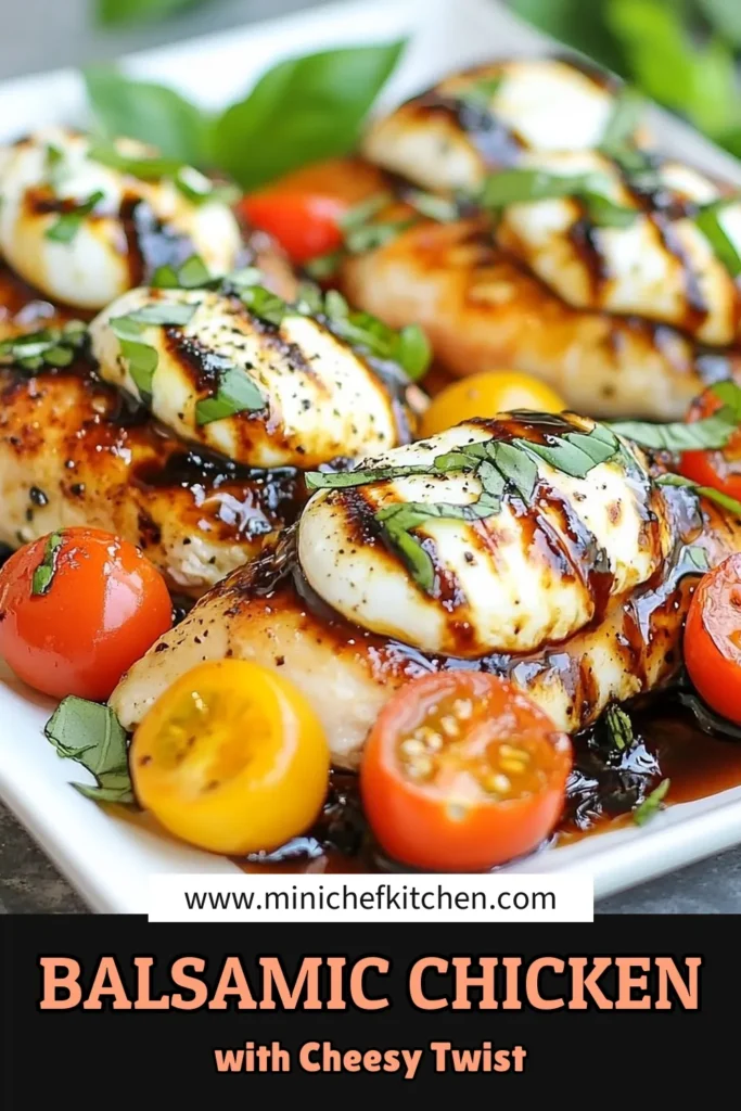 Discover the mouthwatering recipe for Balsamic Glazed Chicken that will elevate your weeknight meals! This Caprese Chicken Recipe features juicy chicken breasts topped with fresh mozzarella, sweet cherry tomatoes, and a rich balsamic glaze. Perfect as an Oven-Baked Chicken Dinner, it's an Easy Chicken with Balsamic Glaze that the whole family will love. Try this delicious Mozzarella Chicken Bake and enjoy! Save for later! #BalsamicGlazedChicken #CapreseChickenRecipe #OvenBakedChickenDinner #EasyChickenRecipes