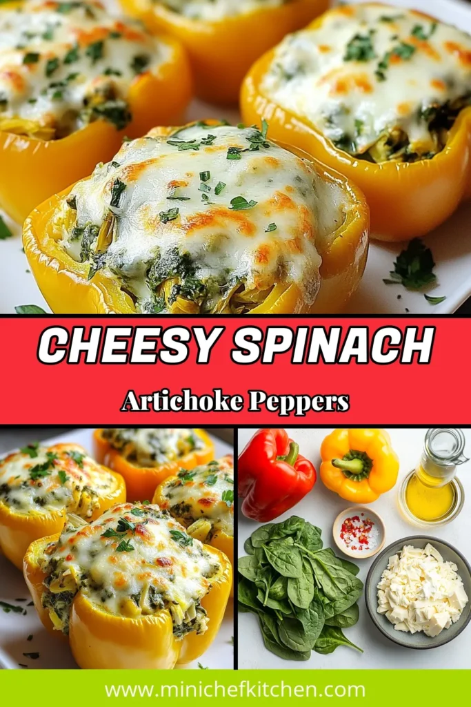 Discover the delightful flavors of savory stuffed bell peppers with this spinach artichoke recipe! These cheesy stuffed peppers, filled with creamy spinach, artichoke hearts, and melted mozzarella, are a healthy treat perfect for any occasion. Baked bell peppers with cream cheese not only make for a satisfying meal but also a beautiful presentation. Try this recipe and enjoy a burst of flavor in every bite! Save & share! #StuffedPeppers #HealthyRecipes #CheesyGoodness #SpinachArtichoke