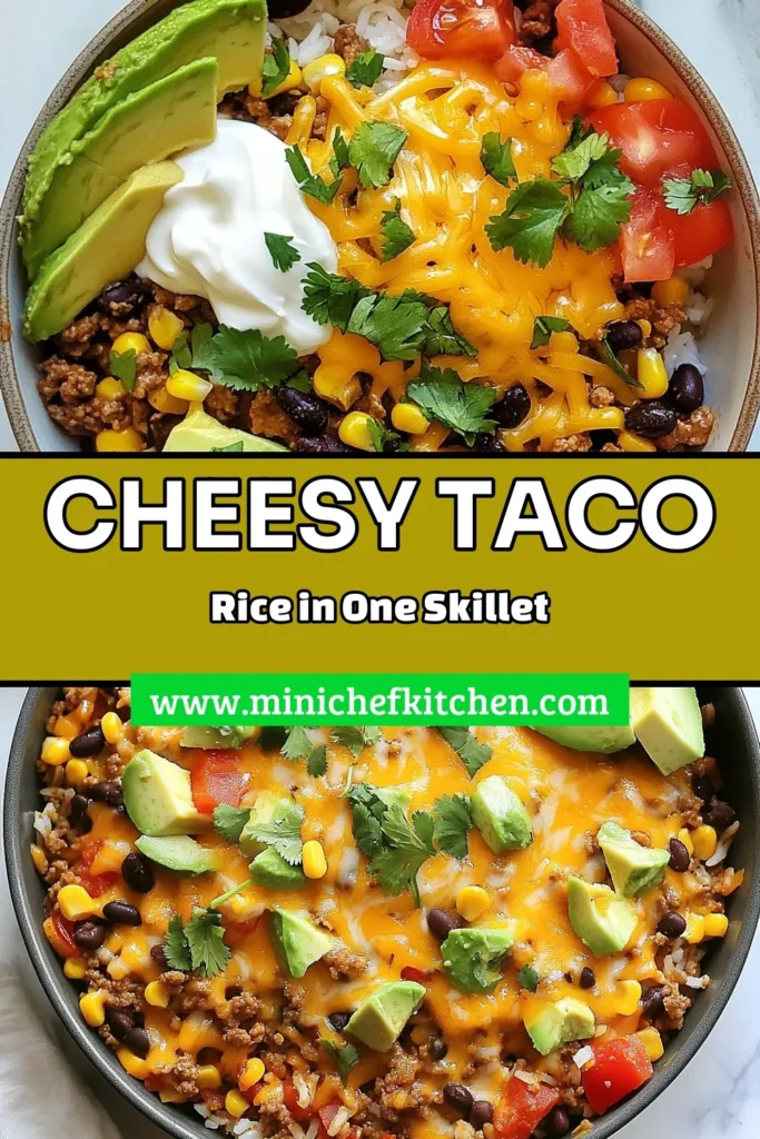 Discover the ultimate cheesy taco rice skillet that brings together ground beef, vibrant veggies, and gooey cheese in one pot! This easy taco rice recipe is perfect for busy weeknights and can be whipped up in just 40 minutes. Enjoy this cheesy rice casserole recipe for a tasty family meal. Try this one-pot taco skillet and make dinner a breeze. Save this recipe for a delicious night ahead! #TacoTuesday #EasyRecipes #OnePotMeals #CheesyGoodness