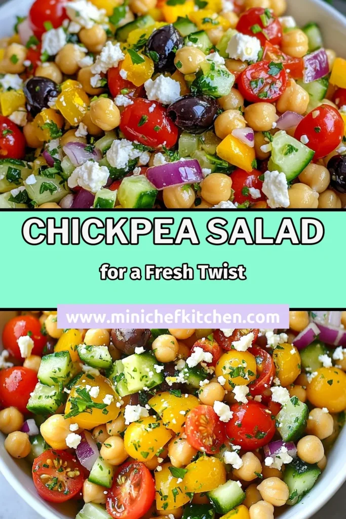 Discover the vibrant Mediterranean chickpea salad that’s not only a healthy chickpea recipe but also a delicious feta cheese salad perfect for any occasion. This easy Mediterranean recipe combines fresh vegetables like tomatoes, cucumbers, and bell peppers, tossed in a zesty dressing. Ideal for meal prep or a quick lunch, this fresh vegetable salad bursts with flavor and nutrition. Save this recipe for a tasty and wholesome dish! #MediterraneanChickpeaSalad #HealthyRecipe #FetaCheeseSalad #EasyMediterraneanRecipe