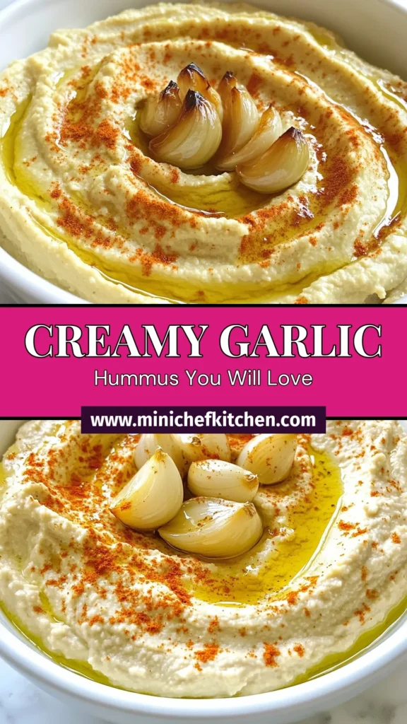 Discover the ultimate creamy roasted garlic hummus that will elevate your snack game! This homemade hummus recipe combines roasted garlic, chickpeas, and tahini for a delicious roasted garlic dip perfect for any occasion. Easy to make, this tahini hummus recipe is a must-try! Serve with pita or veggies for a crowd-pleaser. Try it today and save this recipe for delicious future snacking! #HummusRecipe #HomemadeHummus #RoastedGarlicDip #ChickpeaHummus