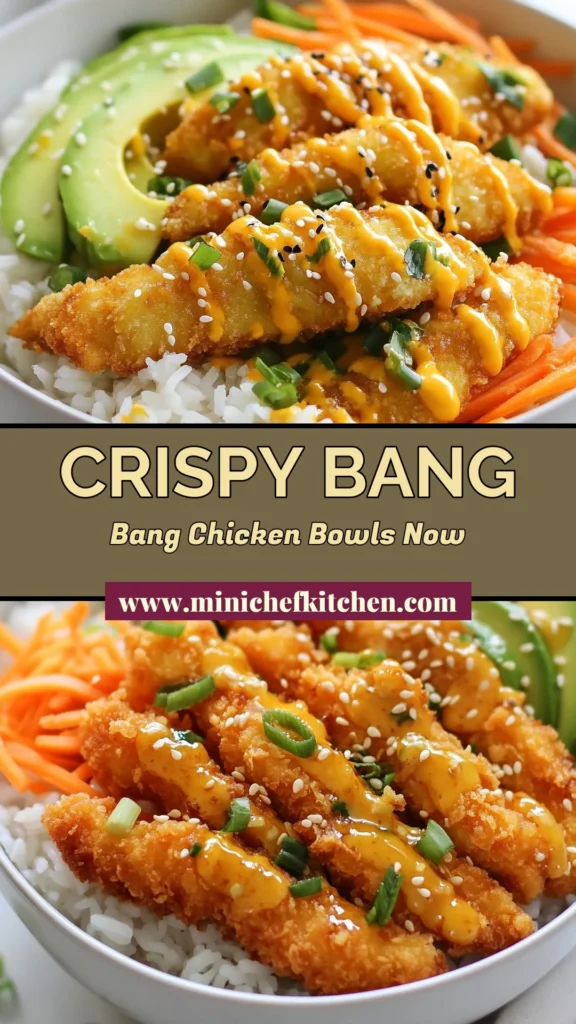 Create a delicious dinner with these Bang Bang Chicken Bowls! This crispy chicken recipe features golden, breaded chicken strips accompanied by fragrant jasmine rice and topped with a homemade bang bang sauce that packs a flavorful punch. Perfect for an easy chicken dinner, these Asian-inspired rice bowls are sure to impress. Click to save this healthy meal idea today! #BangBangChickenBowl #EasyChickenDinner #CrispyChickenRecipe #AsianInspiredDinner