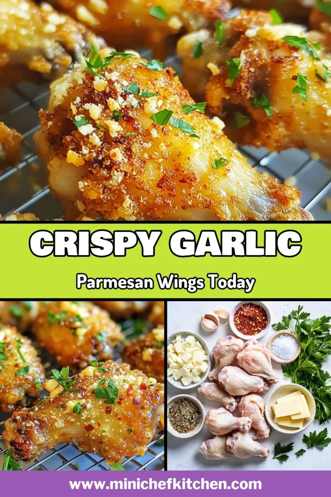 Indulge in these mouthwatering Garlic Parmesan Chicken Wings, perfect for your next gathering! This easy baked chicken wings recipe guarantees crispy chicken wings with a rich garlic and Parmesan flavor. Want a kick? Try our spicy garlic wings variation! Bake and enjoy in just 55 minutes. Save this recipe and impress your guests at your next event! #GarlicParmesanChickenWings #CrispyChickenWings #EasyChickenWingRecipes #SpicyGarlicWings