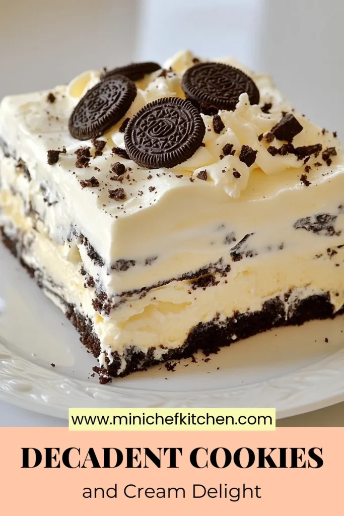 Indulge in a delicious Cookies and Cream Icebox Cake, the perfect no-bake cookie dessert! This easy icebox cake recipe features layers of creamy chocolate dessert with crushed Oreo cookies that will delight your taste buds. Perfect for gatherings or a sweet treat at home, try this Oreo icebox cake recipe today! Save for later and impress your friends. #CookiesAndCream #NoBakeDessert #OreoIceboxCake #EasyDesserts