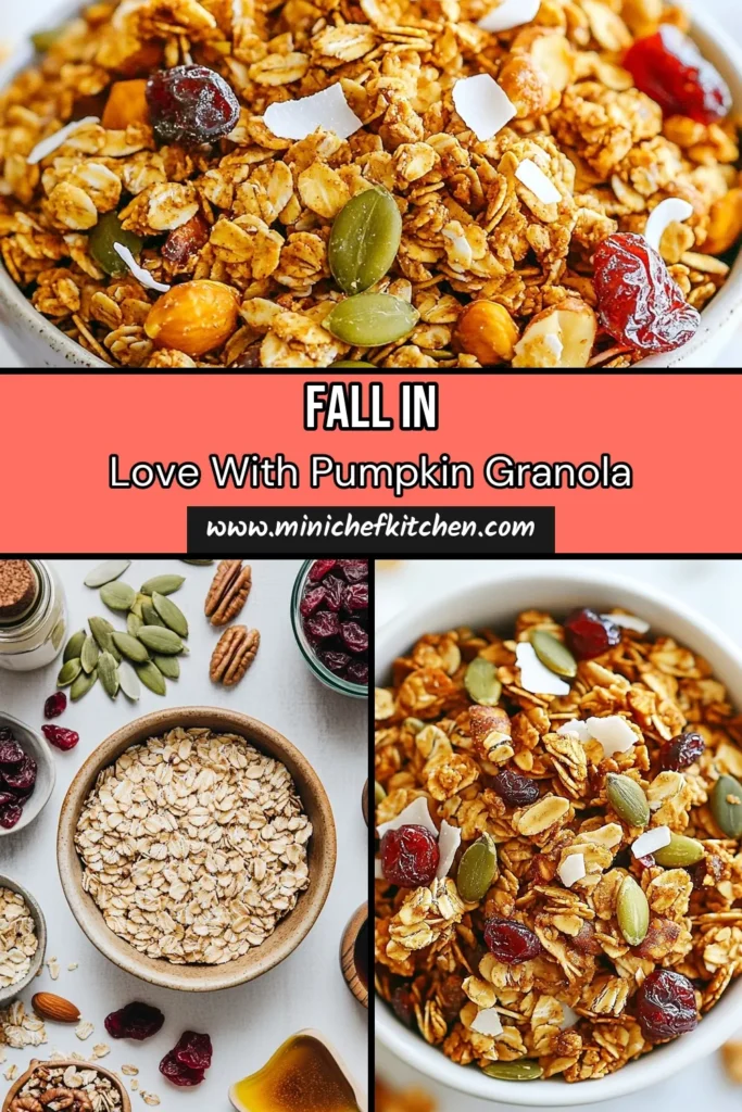 Looking for a delicious autumn treat? Try this easy homemade granola recipe for pumpkin spice granola! Packed with healthy granola with nuts, pumpkin seeds, and dried fruit, it's the perfect vegan pumpkin granola for your fall mornings. Enjoy it over yogurt or as a snack! Make your home smell amazing and indulge guilt-free. Save this autumn granola recipe today and share with friends! #PumpkinSpiceGranola #HealthyGranola #VeganRecipe #AutumnRecipes