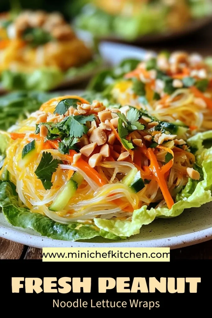 Savor the deliciousness of Peanut Noodle Lettuce Wraps! This easy lettuce wraps recipe features tender rice noodles coated in a creamy peanut butter sauce, perfect for a healthy Asian wrap. Packed with fresh veggies and bursting with flavor, these peanut noodle wraps make a satisfying meal for any occasion. Try this quick and nutritious rice noodles recipe today! Save and share for later! #PeanutNoodleWraps #HealthyAsianWraps #LettuceWrapsRecipe #RiceNoodlesRecipe
