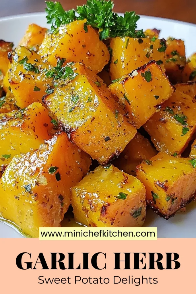 Discover the deliciousness of Garlic Herb Roasted Sweet Potatoes with this easy roasted sweet potato recipe. Perfectly seasoned with garlic and herbs, these vegan garlic sweet potatoes make a healthy sweet potato side dish for any meal. Enjoy crispy edges and tender interiors in just 40 minutes! Click to save this flavorful recipe now and elevate your dinner game! #RoastedSweetPotatoes #VeganRecipes #HealthySides #SweetPotatoLovers