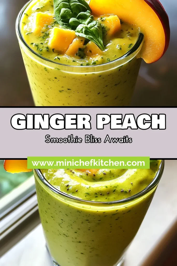 Revitalize your day with this Ginger Peach Green Smoothie, a delicious blend of fresh peach, banana, and spinach. This green smoothie recipe is packed with healthy smoothie ingredients, making it a refreshing peach drink you'll love. Perfect for breakfast or a snack, it's quick to make and utterly satisfying. Try this spinach banana smoothie today, and savor the flavor! Save this recipe for later! #GingerPeachSmoothie #HealthySmoothie #GreenSmoothieRecipe #RefreshingDrinks