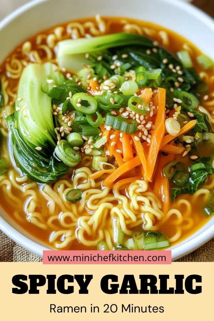 Indulge in this Fiery Garlic Ramen that packs a spicy punch! This easy ramen dish features fresh vegetable ramen noodles, bok choy, and a flavor-packed broth that’s perfect for any occasion. Follow this spicy ramen recipe to create a delightful meal in just 20 minutes. Savor the wholesome ingredients and elevate your dinner game—perfect for cozy nights in. Save this bok choy ramen recipe for your next favorite meal! #RamenRecipe #VegetableNoodles #SpicyFood #EasyRecipes